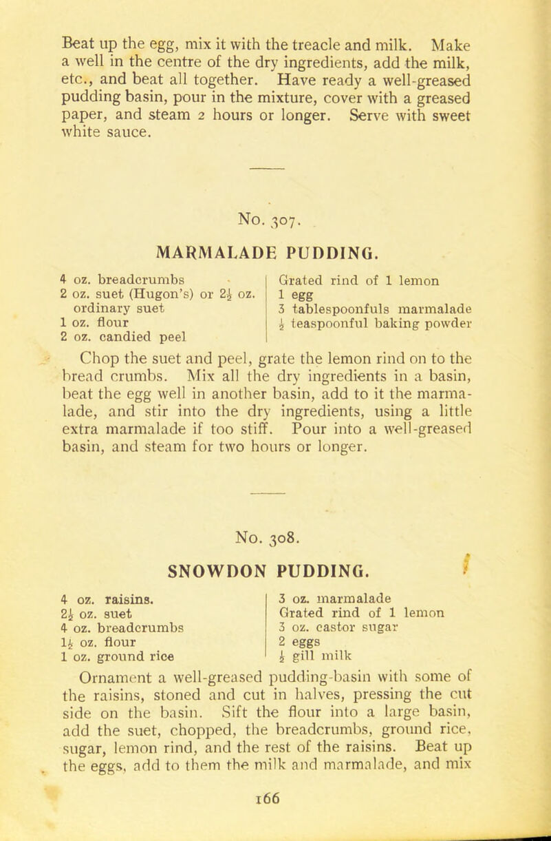Beat up the egg, mix it with the treacle and milk. Make a well in the centre of the dry ingredients, add the milk, etc., and beat all together. Have ready a well-greased pudding basin, pour in the mixture, cover with a greased paper, and steam 2 hours or longer. Serve with sweet white sauce. No. 307. MARMALADE PUDDING. 4 oz. breadcrumbs 2 oz. suet (Hugon’s) or 2£ oz. ordinary suet 1 oz. flour 2 oz. candied peel Grated rind of 1 lemon 1 egg 3 tablespoonfuls marmalade £ teaspoonful baking powder Chop the suet and peel, grate the lemon rind on to the bread crumbs. Mix all the dry ingredients in a basin, beat the egg well in another basin, add to it the marma- lade, and stir into the dry ingredients, using a little extra marmalade if too stiff. Pour into a well-greased basin, and steam for two hours or longer. No. 308. SNOWDON PUDDING. 4 oz. raisins. 2£ oz. suet 4 oz. breadcrumbs l£ oz. flour 1 oz. ground rice 3 oz. marmalade Grated rind of 1 lemon 3 oz. castor sugar 2 eggs £ gill milk Ornament a well-greased pudding-basin with some of the raisins, stoned and cut in halves, pressing the cut side on the basin. Sift the flour into a large basin, add the suet, chopped, the breadcrumbs, ground rice, sugar, lemon rind, and the rest of the raisins. Beat up the eggs, add to them the milk and marmalade, and mix