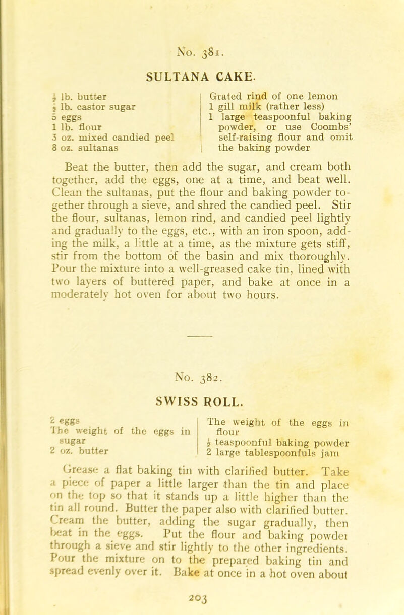 SULTANA CAKE. J lb. butter s lb. castor sugar 5 eggs 1 lb. flour 3 oz. mixed candied peel 8 oz. sultanas Grated rind of one lemon 1 gill milk (rather less) 1 large teaspoonful baking powder, or use Coombs’ self-raising flour and omit the baking powder Beat the butter, then add the sugar, and cream both together, add the eggs, one at a time, and beat well. Clean the sultanas, put the flour and baking powder to- gether through a sieve, and shred the candied peel. Stir the flour, sultanas, lemon rind, and candied peel lightly and gradually to the eggs, etc., with an iron spoon, add- ing the milk, a little at a time, as the mixture gets stiff, stir from the bottom of the basin and mix thoroughly. Pour the mixture into a well-greased cake tin, lined with two layers of buttered paper, and bake at once in a moderately hot oven for about two hours. No. 382. SWISS ROLL. 2 eggs The weight of the eggs in sugar 2 oz. butter The weight of the eggs in flour- si teaspoonful baking powder 2 large tablespoonfuls jam Grease a flat baking tin with clarified butter. Take a piece of paper a little larger than the tin and place on the top so that it stands up a little higher than the tin all round. Butter the paper also with clarified butter. Cream the butter, adding the sugar gradually, then beat in the eggs. Put the flour and baking powdet through a sieve and stir lightly to the other ingredients. Pour the mixture on to the prepared baking tin and spread evenly over it. Bake at once in a hot oven about
