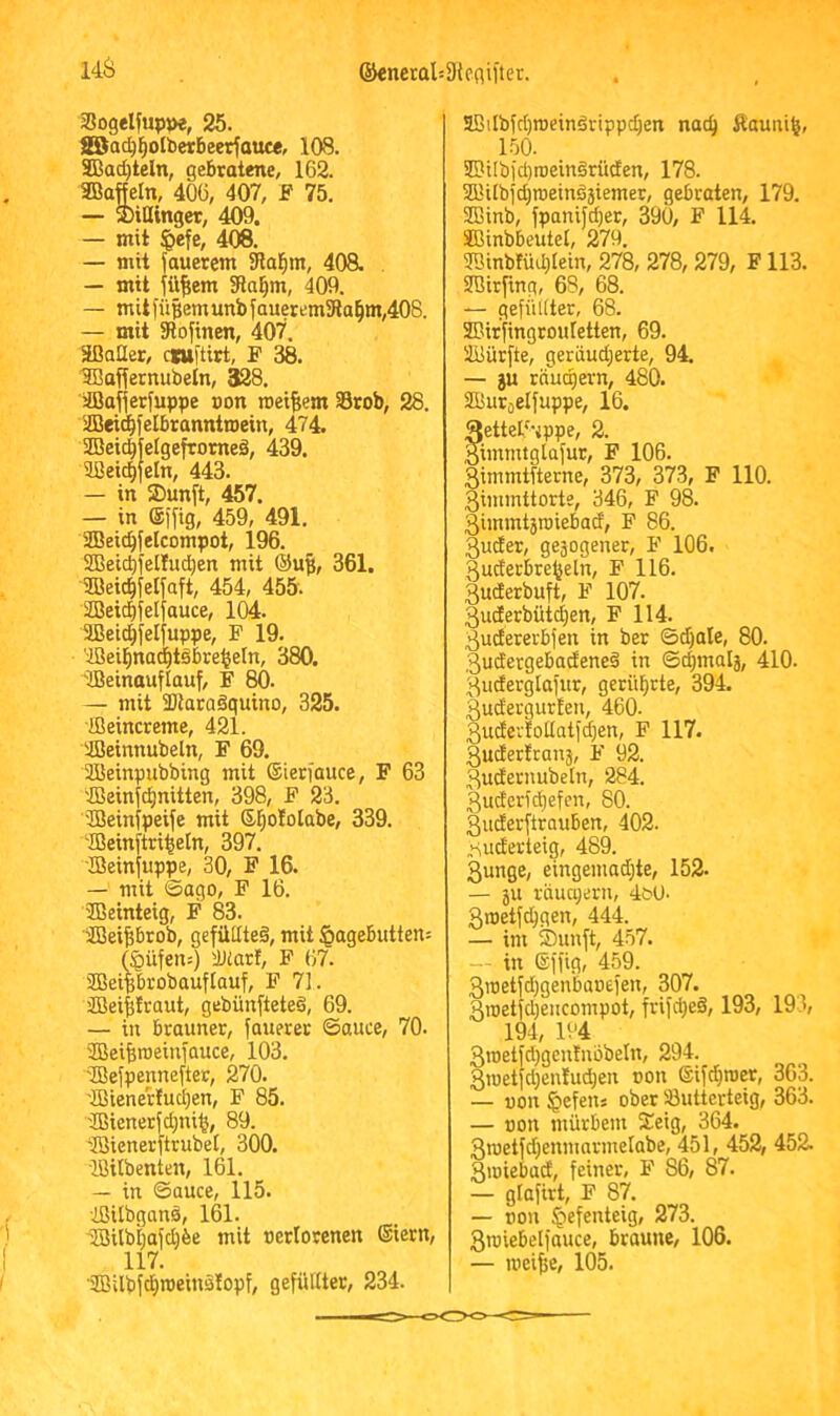 Sogelfupj», 25. SBac^^oIbetBeetfauce, 108. SBad)teln, gebratene, 162. SBaffeln, 406, 407, F 75. — l)illinget, 409. — mit ^efe, 408. — mit lauerem SRal^m, 408. — mit fü^em 3la^m, 409. — miifüf;emunbfauerem3lal^m,408. — mit 5Ro|inen, 407. äßaüer, c*u|tirt, P 38. SBaffernubetn, 328. äßaflerfuppe »on meinem 35rob, 28. iffieid^felbranntroein, 474. SEBeic^feigefromeä, 439. 9ßei4feln, 443. — in ®un|t, 457. — in ®i|ig, 459, 491. SEBeic^felcompot, 196. SOBeicbfelfuc^en mit @up, 361. Sßeic^felfaft, 454, 455. 2Beic£)ietiauce, 104. 3EBei4fel|uppe, P 19. 'IBeifinad^tdbre^eln, 380. 'JBeinouflauf, P 80. — mit SItatadquino, 325. ißeincreme, 421. ilöeinnubeln, F 69. aöeinpubbing mit ©ierfauce, F 63 'ffleinjc^nitten, 398, P 23. üBeinfpeije mit Sl^ololabe, 339. ffieinitri^eln, 397. IBeinjuppe, 30, P 16. — mit ®ago, F 16. ffieinteig, P 83. ifflei^tob, gefüttteä, mit Hagebutten: (Hilfen:) 5ü£ar!, F 67. SBeiprobauftauf, P 71. äöeifiraut, gebünfteteä, 69. — in brauner, fauerer ©auce, 70. 2Bei|n)einfauce, 103. 'Ißefpennefter, 270. 'fflienetfucijen, P 85. 'Ißienerfdjni^, 89. 'ffiienerftrubet, 300. IBilbenten, 161. — in ©auce, 115. ißUbgand, 161. iffiilbi)afd)fee mit »etlorenen ®iern, 117. ■JBilbfdiroeinälopf, gefüllter, 234. aßilbfd)roeindrippd)en nac^ Äauni^, 150. 2Bi[bfd)niein§rüden, 178. SBilbfdjrtieindjiemer, gebraten, 179. SBinb, fpanijd}er, 390, P 114. Sßinbbeutel, 279. 3Binbfüd)lein, 278, 278, 279, F113. 2Birfing, 68, 68. — gefüllter, 68. SBirfingrouIetten, 69. ÜBürfte, gerüud}erte, 94. — ju rnucpern, 480. SBuroelfuppe, 16. 3ettel'\ppe, 2. gimmtglafut, P 106. Simmtfterne, 373, 373, F 110. 3immttorte, 346, F 98. gimmtjroiebad, P 86. 3uder, gesogener, P 106. guderbre^eln, P 116. äuderbuft, P 107. 3uderbütcf)en, P 114. 3udererbfen in ber ©d)oIe, 80. 3udergebadene§ in ©c^malj, 410. 3uderglafur, gerül^rte, 394. 3udergur!en, 460. 3udei‘ioüatfd;en, F 117. 3uderfrans, P 92. 3udernubeln, 284. 3uderid)efen, 80. 3uderfirauben, 402. „suderteig, 489. 3unge, eingemad}te, 152. — 5U räucyern, 4tO- 3metfd^gen, 444. — im iöunft, 457. in 6ffig, 459. 3nietfd)genbat)efen, 307. 3n)etfd)encompot, frifd)eä, 193, 193, 194, 194 3n)etfd)gcntnbbeln, 294. 3roetfd)enlud)en oon eifd)roer, 363. — «on Hefeiis ober Sutterteig, 363. — «on mürbem 21eig, 364. 3n)etfd)enmnrmelabe, 451, 452, 452. 3ioiebatf, feiner, P 86, 87. — glofirt, P 87. — CDU 273. 3miebelfauce, braune, 106. — mei^e, 105.