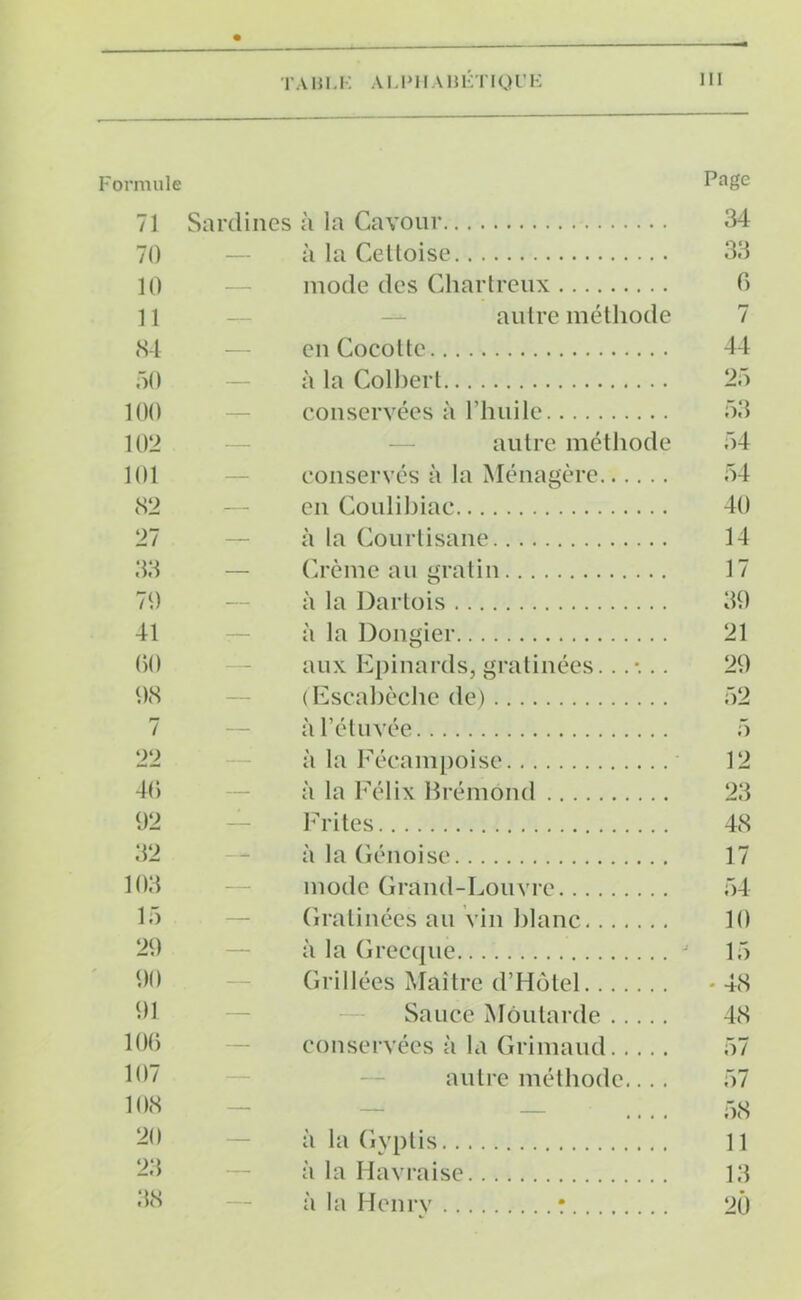 Formule Page 71 Sardines à la Cavour 34 70 — à la Cettoise 33 10 — mode des Chartreux 6 11 — autre méthode 7 84 — en Cocotte 44 50 — à la Colbert 25 100 — conservées à l’huile 53 102 — autre méthode 54 101 — conservés à la Ménagère 54 82 — en Coulibiac 40 27 — à la Courtisane 14 33 — Crème au gratin 17 70 —•. à la Dartois 30 41 ; à la Dongier 21 60 1 aux Epinards, gratinées....... 20 08 — (Escabèche de) 52 7 — à l’étuvée 5 22 — à la Féeampoise 12 46 — à la Félix Brémônd 23 02 — Frites 48 32 —1* à la Génoise 17 103 1 mode Grand-Louvre 54 15 — Gratinées au vin blanc 10 20 — à la Grecque J 15 00 ■- Grillées Maître d’Hotel - 48 01 — Sauce Moutarde 48 106 — conservées à la Grimaud 57 107 — autre méthode.... 57 108 — — — .... 58 20 — à la Gyptis 11 23 — à la Havraise 13 38 — à la Henrv !. 2 o