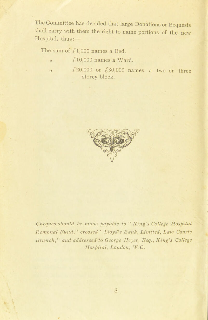 The Committee has decided that large Donations or Bequests shall carry with them the right to name portions of the new Hospital, thus The sum of £l,000 names a Bed. „ £10,000 names a Ward. „ £20,000 or £30.000 names a two or three storey block. Cheques should be made payable to “ King's College Hospital Removal Fund, crossed “ Lloyd's Bank, Limited, Laxo Courts Branch, and addressed to George Heyer, Esq., King’s College Hospital, London, W.C.