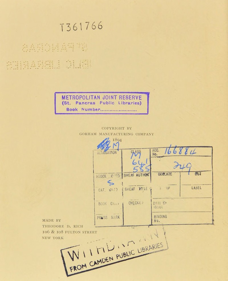 1361766 - METROPOLITAN JOINT RESERVE (St. Pancras Public Libraries) Book Number COPYRIGHT BY GORHAM MANUFACTURING COMPANY