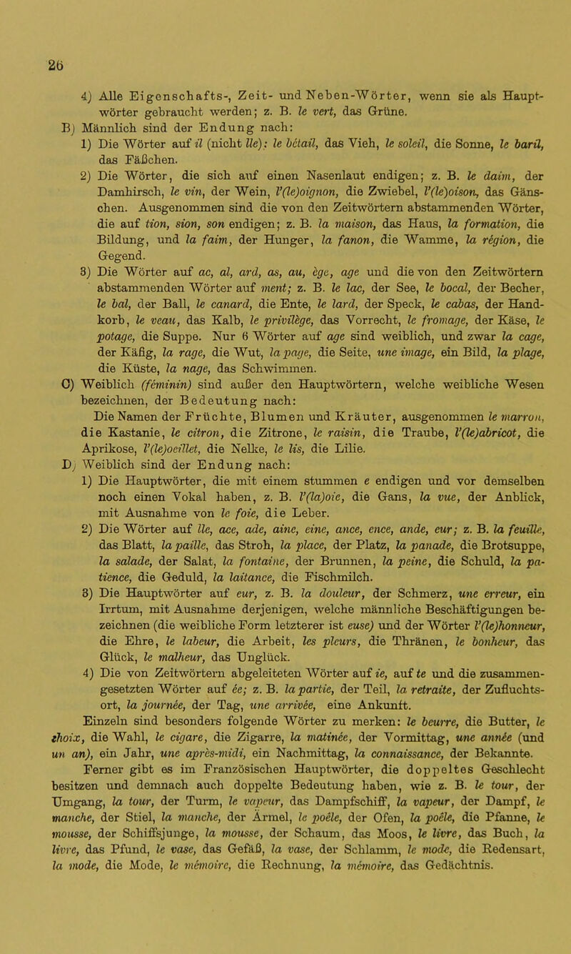 2ö 4) Alle Eigonschafts-, Zeit- und Neben-Wörter, wenn sie als Haupt- wörter gebraucht werden; z. B. le vert, das Grüne. B) MännKch sind der Endung nach: 1) Die Wörter auf ü (nicht Ile): le hetail, das Vieh, le soleü, die Sonne, le harü, das Fäßchen. 2) Die Wörter, die sich auf einen Nasenlaut endigen; z. B. le daim, der Damhirsch, le vin, der Wein, V(le)oignon, die Zwiebel, V(le)oison, das Gäns- chen. Ausgenommen sind die von den Zeitwörtern abstammenden Wörter, die auf tion, sion, son endigen; z. B. la maison, das Haus, la formation, die Bildung, und la faim, der Hunger, la fanon, die Wamme, la region, die Gegend. 3) Die Wörter auf ac, al, ard, as, au, ege, age und die von den Zeitwörtern abstammenden Wörter auf ment; z. B. le lac, der See, le bocal, der Becher, le bäl, der Ball, le canard, die Ente, le lard, der Speck, le cabas, der Händ- korb, le veau, das Kalb, le privüege, das Vorrecht, le fromage, der Käse, le potage, die Suppe. Nur 6 Wörter auf age sind weiblich, und zwar la cage, der Käfig, la rage, die Wut, lapage, die Seite, une image, ein Bild, la plage, die Küste, la nage, das Schwimmen. 0) Weiblich (feminin) sind außer den Hauptwörtern, welche weibliche Wesen bezeichnen, der Bedeutung nach: Die Namen der Früchte, Blumen und Kräuter, ausgenommen le marron, die Kastanie, le citron, die Zitrone, le raisin, die Traube, V(le)abricot, die Aprikose, l’(le)oeillet, die NeUce, le lis, die Lilie. D; Weiblich sind der Endung nach: 1) Die Hauptwörter, die mit einem stummen e endigen und vor demselben noch einen Vokal haben, z. B. V(la)oie, die Gans, la vue, der Anblick, mit Ausnahme von le foie, die Leber. 2) Die Wörter auf Ile, ace, ade, aine, eine, ance, ence, ande, eur; z. B. la feuiüe, das Blatt, la paille, das Stroh, la place, der Platz, la panade, die Brotsuppe, la salade, der Salat, la fontaine, der Brunnen, la peine, die Schuld, la pa- tience, die Geduld, la laitance, die Fischmilch. 3) Die Hauptwörter auf eur, z. B. la douleur, der Schmerz, une erreur, ein Irrtum, mit Ausnahme derjenigen, welche männliche Beschäftigungen be- zeichnen (die weibliche Form letzterer ist euse) und der Wörter V(le)honneur, die Ehre, le labeur, die Arbeit, les plcurs, die Thränen, le bonheur, das Glück, le malheur, das Unglück. 4) Die von Zeitwörtern abgeleiteten Wörter auf ie, auf te und die zusammen- gesetzten Wörter auf ee; z. B. lapartie, der Teü, la retraite, der Zufluchts- ort, la jottrnee, der Tag, une arrivie, eine Ankunft. Einzeln sind besonders folgende Wörter zu merken: le beurre, die Butter, le thoix, die Wahl, le cigare, die Zigarre, la matinee, der Vormittag, une annie (und un an), ein Jahr, une apres-midi, ein Nachmittag, la connaissance, der Bekannte. Ferner gibt es im Französischen Hauptwörter, die doppeltes Geschlecht besitzen und demnach auch doppelte Bedeutung haben, wie z. B. le tour, der Umgang, la tour, der Tui’m, le vapeur, das Dampfschiff, la vapeur, der Dampf, le manche, der Stiel, la manche, der Ärmel, le poele, der Ofen, la poele, die Pfanne, le mousse, der Schiffsjunge, la mousse, der Schaum, das Moos, le livre, das Buch, la Uwe, das Pfund, le vase, das Gefäß, la vase, der Schlamm, le mode, die Redensart, la mode, die Mode, le memoire, die Rechnung, la memoire, das Gedächtnis.