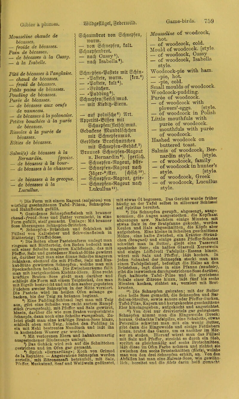 Moussdine chaude de becasses. — froide de becasses. Pain de becasses. — de becasses ä la Cussi/. — ä la Isabelle. Pate de becasses ä Vanglaise. — chaud de becasses. — froid de becasses. Petits pains de becasses. Pouding de becasses. Püree de becasses. — de becasses aux oeufs de vanneau. — de becasses ä lapölonaise. Päites bouchees ä la puree de becasses. Rissoles ä la puree de becasses. Eöties de becasses. Scdmi(s) de becasses d la Bernardin. [geoise. — de becasses ä la bour- — de becasses ä la chasseur. — de becasses ä la grecque. — de becasses ä la Lucullus. ^ Si^aumbrot bon ©djite^ifen, warm. — öon ©c^nepfen, lalt ©djnebfeubrot. — na^ Cussy^). — na(^ Isabella*). S^nebfen^'ßaftcte mit ©^in» — »haftete, warm. [len.*) — »haftete, lalt*). — »Sröteiöen. — -ißubbing®). ©d^net)fen(fIei[c^)muS. — mit Siebife=@iern. — auf fjolnif^e®) 9Irt. 2lbf3etit§»S8iffen mit ©d^nefjfen(f[eifd))muS. (Sebadene 3Jtunbtöf(^(^en mit ©d^nebfenmuä. ©eröftete 58rotfc^nittd)en mit ©c^nef3fen»@e'E)äd.’) SSrauueS @(^nebfen*9iagout n. Bernardin*). [gerlii^. — ©(^nebfen=9iagout, bür» — ©d)ne:pfen=9tagout na^ 3äger»»)2lrt. [d}if^)°). — ©d)nef)fen»9tagout, grie» — ©d)nebfen»9lagout nad^ Lukullus ^^). Mousseline of woodcock, bot. — of woodcock, cold. Mould of woodcock. [style. — of woodcock, Cussy — of woodcock, Isabella style. Woodcock-pie witb bam. pie, bot. pie, cold. Small moulds of woodcock. W oodcock-pudding. Purde of woodcock. — of woodcock witb plovers’-eggs. [style. — of woodcock in Polish Little moutbfuls witb pur6e of woodcock. — moutbfuls witb purde of woodcock. Hasbed woodcock on buttered toast. Salmis of woodcock, Ber- nardin style. [style. — of woodcock, family of woodcock in bunter’s style. [style. — of woodcock, Greek — of woodcock, Lucullus style. *) Die Form mit einem Ragout (salpicon) von würfelig geschnittenen Tafel-Pilzen, Sohnepfen- und Huhnfleisoh gefüllt. *) Gestoßenes Schnepfenfleisch mit brauner chaud-froid-Soa& und Butter vermischt, in eine Form gefüllt, steif gemacht. Umlage: Mit brauner Sose überzogene Schnepfen-Brötchen. *) Schnepfen-Brüstchen und Schinken mit Füllsel von Kalbsleber und Schweinefleisch in Blätterteig; Trüffel-Sose. *) Die Seiten einer Pastetenform umlegt man ringsum mit Blätterteig, den Boden bedeckt man mit einer Scheibe magerem Kalbfleisch, das mit Pfeffer, Salz und gestoßener Muskat-Blüte gewürzt ist, darüber legt man eine dünne Scheibe mageren Schinken, obenauf die mit Pfeffer, Salz und Mus- kat-Blüte gewürzten Schnepfen, welche man mit Speckscheiben bedeckt. Die Zwischenräume füllt man mit hartgekochten Kiebitz-Eiern. Eine recht kräftige Braten-Sose gießt man darüber und schließt die Form mit einem Teigdeckel, den man mit Eigelb bestreicht und mit den sauber geputzten Füßchen zweier Schnepfen in der Mitte verziert. Die Pastete wird im heißen Ofen solange ge- backen, bis der Teig zu bräunen beginnt. ») Eine Pudding-Schüssel legt man mit Teig aus, gibt eine Scheibe von recht zartem Eumpf- stück (rumpstealc), mit Pfeffer und Salz gewürzt, hinein, darüber die wie zum Braten vorgerichtete Schnepfe, dann noch eine Scheibe rumpsteak. Zu- letzt gießt man eine kräftige Braten-Sose hinzu, schließt oben mit Teig, bindet den Pudding in ein mit Mehl bestreutes Mundtuch und läßt ihn in kochendem Wasser gar werden. •) Mit verlorenen Eiern und hahnkammartig aasgestochener Riiidszunge umlegt. ^ Das Gehäck wird roh auf die Schnittchen gestrichen und im Ofen gar gemacht. ^ Sprich »Bemardäng*; Koch von Qrimod de la Reyniöro. — Angehratene Schnepfen werden zerteilt, mit Zitronensaft beträufelt, mit Salz, Pfeffer. Muskatnuß, Senf und Weißwein gedünstet. mit etwas Öl begossen. Das Gericht wurde früher häufig an der Tafel selbst in silberner Schussel auf Spiritus bereitet. ») Die Schnepfen gerupft, abgeseng^ aMge- nommen, die Augen ausgestochen, ^e Kopfhaut abgezogen usw. Nachdem einige Minuten mit etwas Salz in der Bratpfanne gekocht, werden Keulen und Hals abgeschnitten, die Kopfe aber aufgehoben. Eine kleine in Scheiben geschnittene Möhre, eine halbe Zwiebel, ein Kräuter-Strauß- Chen (bouquet) und einige ganze Pfeffer-Schoten schwitzt man in Butter, gießt eine Tassevoll spanische Sose, ein halbes GlasvoU Xereswein und einige Löffelvoll TafelpUz - Essenz hinein, würzt mit Salz und Pfeffer, laßt kochen. In jeden Schnabel der Schnepfen steckt man nun einen Tafelpilzkopf, befestigt die Hälse an den Brüstchen, legt diese in eine Pfanne (sautoir), gibt die inzwischen durchgestrichene Sose darüber, fügt halbierte Tafel-Pilze und die geriebene Schale einer Zitrone hinzu, läßt fünf bis sechs Minuten kochen, richtet an, verziert mit Brot- krusten. **>) Die Schnepfen gebraten; mit der Butter eine helle Sose gemacht, die Schnepfen und Sar- dellen-Streifen, sowie sauere oder Pfeffer-Gurken, Tafel-Pilze, Kapern und hartgekochte geschnittene Eier hineingegeben, aufgekocht und angerichtet. **) Von drei nur dreiviertels gar gebratenen Schnepfen nimmt man die Eingeweide (Dreck) heraus. Gehackte Tafolpilze, eine Schalotte, etwas Petersilie schwitzt man mit ein wenig Butter, gibt dann die Eingeweide und einige Fettlebeni hinzu, bratet das Ganze, um es nachher im Mör- ser zu stoßen. Hierauf würzt man das_ Füllsel mit Salz und Pfeffer, streicht es durch ein Sieb, spritzt es gleichmäßig auf sechs Brotschnitten, laßt diese im Ofen Farbe nehmen und richtet sie zwischen den sechs Brustschnitten f/iZefsk welche man von den drei Schnepfen erhält, an. Von den Abfällen hat man eine Salmis-Soae, wie gewöhn- lich, bereitet und die /ilets darin heiß gemacht