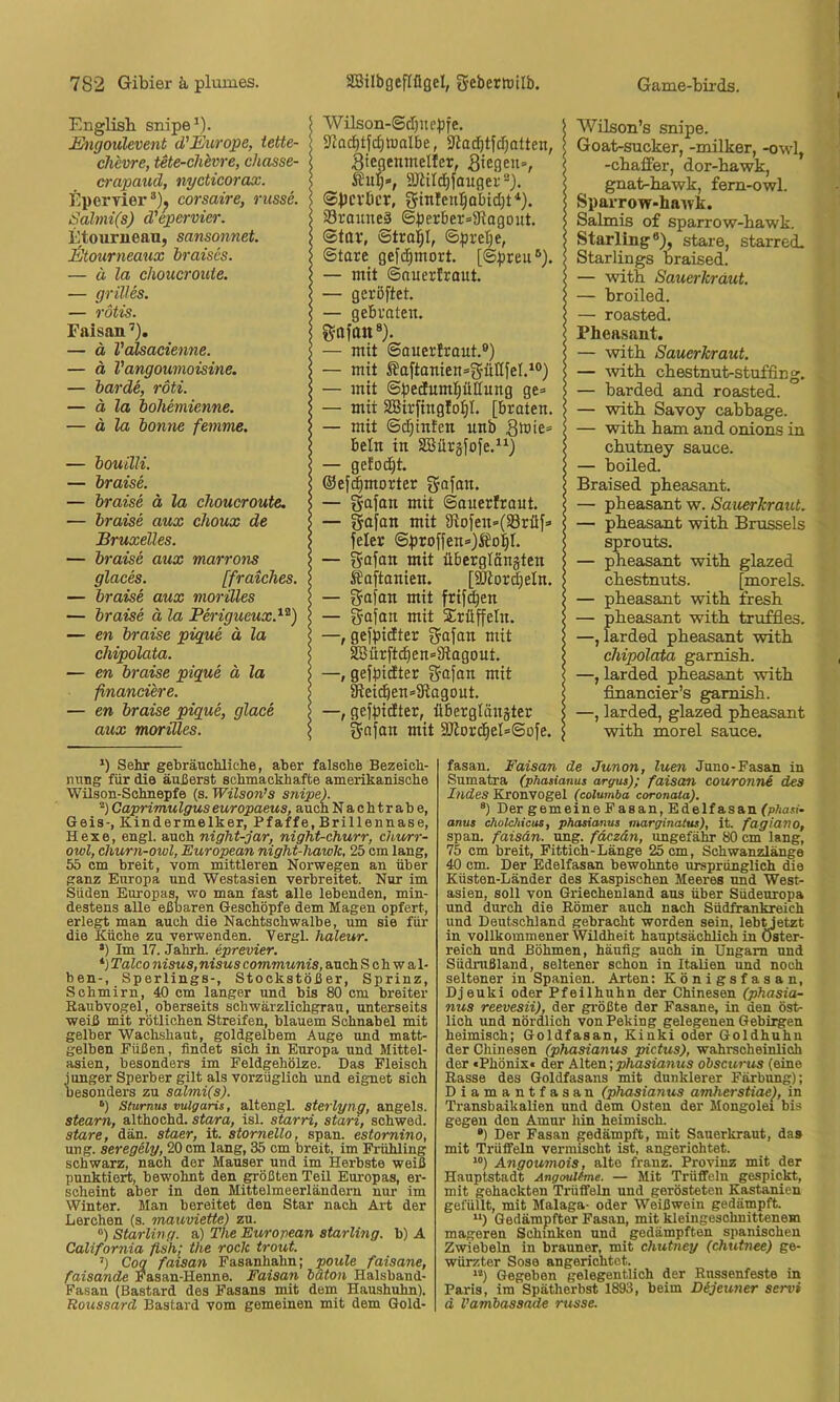 Englisb snipe* *). Engoulevent d'Eurojpe, tette- chevre, tete-chevre, chcisse- crapaud, nycticorax. Epervier®)^ corsaire, russe. Salmi(s) d'epervicr. Etourneau, sansonnet. J^tourneaux braiscs. — ä la choueroute. — grilles. — rötis. Faisan’). — ä Vcdsacienne. — d Vangoumoisine. — barde, röti. — ä la bohemienne. — ä la bonne femme. — bouüli. — braisL — braise ä la choueroute, — braise aux choux de Bruxelles. — braise aux marro7is glaces. [fraiches. — braise aux morilles — braise ä la Pei'igueux.^^) — en braise pique ä la chipolata. — en braise pique ä la financiere. — en braise pique, glace aux morilles. Wilson-@d)Hcpfe. S^ocbtjc^lualbe, SJiaditfd;atten, 3iegemneller, Siegen», SKild^yauger ®^)cvDcr, ginlen^^abidjf*). SBraimeä ©bei^ber»3iagoHt. Star, @tra|l, ©prelje, ©tare gefd^mort. [©preu®). — mit ©nuerfraut. — geröftet. — gebraten. — mit ©auerfraut.®) — mit ^aftanien»5’üöfeb^°) — mit ©pedumpdung ge» — mit SBirfinglo^I. [braten. — mit ©c^inten unb S^ie» beln in SSilrgfofe.^^) — gefolgt. ©ePmorter gajan. — gafan mit ©auerfraut. — gafan mit 3lo[en»(33rüf» feler @proffen»)i?o|l. — fi'ofon ittit überglänzten ffiaftanien. [^ord^eln. — gafan mit fripen — gafan mit Srüffeln. —, gefpidter ntit SCBürfpen»3tagout. —, gefpidter gafan mit 3tei(^en=9tagont. —, gefpidter, übergtönzter gafan mit 3RoipeI»©ofe. Wüson’s snipe. Goat-sucker, -milker, -owl, -ebaffer, dor-bawk, gnafc-bawk, fern-owl. SpaiTow-baivk. Salmis of sparrow-bawk. Starling®), stare, starred. Starlings braised. — with Sauerkraut. — broiled. — roasted. Pheasant. — witb Sauerkraut. — mtb cbestnut-stuffing. — barded and roasted. — witb Savoy cabbage. — witb bam and onions in ebutney sauce. — boüed. Braised pbeasant. — pbeasant w. Sauerkraut. — pbeasant witb Brussels sprouts. — pbeasant witb glazed cbestnuts. [morels. — pbeasant witb fresb — pbeasant witb truffles. —, larded pbeasant witb chipolata garnisb. —, larded pbeasant witb financier’s garnisb. —, larded, glazed pbeasant witb morel sauce. *) Sehr gebräuchliche, aber falsche Bezeich- nung für die äußerst schmackhafte amerikanische WUson-Sohnepfe (s. Wilson’s snipe). Gaprimulgus europaeus, auch N a e htr ab e, Geis-, Kindermelker, Pfaffe, Brillennase, Hexe, engl, auch night-jar, night-churr, churr- owl, churn-owl, European night-luiwk, 25 cm lang, 55 cm breit, vom mittleren Norwegen an über ganz Europa und Westasien verbreitet. Nur im Süden Europas, wo man fast alle lebenden, min- destens alle eßbaren Geschöpfe dem Magen opfert, erlegt man auch die Nachtschwalbe, um sie für die Küche zu verwenden. Vergl. haleur. •) Im 17. Jahrh. eprevier. Talco nisus, nisus communis, auch Schwal- ben-, Sperlings-, Stockstößer, Sprinz, Schmirn, 40 cm langer und bis 80 cm breiter EaubVogel, oberseits schwärzlichgrau, unterseits weiß mit rötlichen Streifen, blauem Schnabel mit gelber Wachshaut, goldgelbem Auge und matt- gelben Füßen, findet sich in Europa und Mittel- asien, besonders im Feldgehölze. Das Fleisch junger Sperber gilt als vorzüglich und eignet sich besonders zu salmi(s). ‘) Sturnus vulgaris, altengl. sterlyng, angels. stearn, althochd. stara, isl. starri, Start, schwed. Stare, dän. staer, it. stornello, span, estomino, ung. seregely, 20 cm lang, 35 cm breit, im Frühling schwarz, nach der Mauser und im Herbste weiß punktiert, bewohnt den größten Teil Europas, er- scheint aber in den Mittelmeerländern nur im Winter. Man bereitet den Star nach Art der Lerchen (s. mauviette) zu. “) Starling. a) The European starling. b) A California fish; the rock trout. ’) Coq faisan Fasanhahn; poule faisane, faisande Fasan-Henne. Faisan baton Halsband- Fasan (Bastard des Fasans mit dem Haushuhn). Roussard Bastard vom gemeinen mit dem Gold- fasan. Faisan de Junon, luen Juno-Fasan in Sumatra (phasianus argus); faisan couronni des Indes Kronvogel (columba coronata). “) Der gemeine Fasan, Edelfasan (phasi- anus cholcliicus, phasianus marginaius), it. fagiano, span, faisan. ung. fdezän, ungefähr 80 cm lang, 75 cm breit, Fittich-Länge 25 cm, Schwanzlänge 40 cm. Der Edelfasan bewohnte ursprünglich die Küsten-Länder des Kaspischen Meeres und West- asien, soll von Griechenland ans über Südenropa und durch die Römer auch nach Südfrankreich und Deutschland gebracht worden sein, lebyetzt in vollkommener Wildheit hauptsächlich in Öster- reich und Böhmen, häufig auch in Ungarn und Südrußland, seltener schon in Italien und noch seltener in Spanien. Arten: Königsfasan, Djeuki oder Pfeilhuhn der Chinesen (phasia- nus reevesii), der größte der Fasane, in den öst- lich und nördlich von Peking gelegenen Gebirgen heimisch; Goldfasan, Kinki oder Goldhuhn der Chinesen (phasianus pictus), wahrscheinlich der «Phönix« der Alten obscurus (eine Rasse des Goldfasans mit dunklerer Färbung); Diamantfasan (phasianus amherstiae), in Transbaikalien und dem Osten der Mongolei bis gegen den Amur hin heimisch. •) Der Fasan gedämpft, mit Sauerkraut, das mit Trüffeln vermischt ist, angerichtet. “) Angoumois, alte franz. Provinz mit der Hauptstadt Angoulfme. — Mit Trüffeln gespickt, mit gehackten Trüffeln und gerösteten Kastanien gefüllt, mit Malaga- oder Weißwein gedämpft. “) Gedämpfter Fasan, mit kleingesohnittenem mageren Schinken und gedämpften spanischen Zwiebeln in brauner, mit chutney (chutnee) ge- würzter Sose angerichtot. **) Gegeben gelegentlich der Russenfeste in Paris, im Spätherbst 1893, beim Dijeuner servi ä l’ambassade russe.