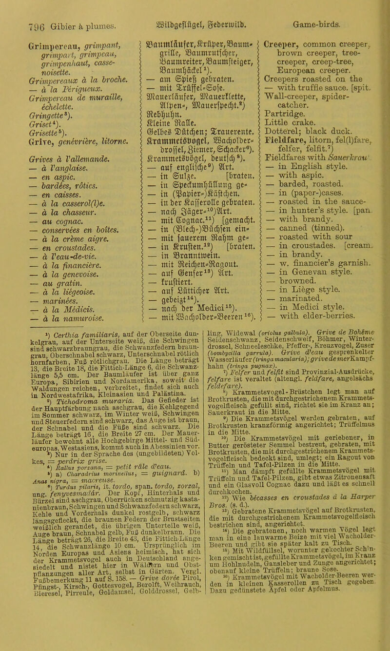 0 r i inp ore nn, grimpant, grimpart, grimpcau, grimpenhaut, casse- noisette. Grimpcreaux ä ln hroehe. — ä la Perigucux. Grimpcrcau de muraille, ichelette. Gringette* *). Grisct *). Grisette ®). Grivo, genevriere, litorne. Grives ä Vallemande. — ä Vanglaise. — en aspic. — bardSes, rotics. — en caisses. — ä la casserdl(l)e. — ä la Chasseur. — au cognac. — conservees en hoites. — ä la creme aigre. — en croustades. — ä Veau-de-vie. — ä la financiere. — ä la genevoise. — au gratin. — ä la Uegeoise. — marinees. — ä la Medicis. — ä la namuroise. ® ttuinlftufcr, Är ttjjcr, S3aum» grille, 33aumrutfd)er, iöaumrciter, SSaumfteiger, ®aumI}Q(icl ^). — om gebraten. — mit 5ErüffeG0ofe. SJZauerlaufer, SJkuerKette, SUtJen», SUlauerf^e^t.®) 9tcbl^ul;n. i?Ieine SRaHe. ®elbc§ ®üt(^en; Sürauerente. ÄrtimtnctSboflcl, S03ac|olber« broffel, Siemer, ©c!^ncter®). ^IrammetSbögel, bcutjd)®). — ouf englifd^e®) 2Irt. — in ©ulge. [braten. — in S^iedumljütlitng ge» — in (ißat)ier»)^ä[tdjen. — in ber Safferode gebraten. — na^ Sä9er=^°)3irt. — mit Eognac.“) [gemad^t. — in (Slec^»)93iic§fen ein» — mit fauerem Sia'^m ge» — in J?ru[ten.*®) [braten. — in SBranntWein. — mit 0leid)en»3fiagout. — auf ©enfer^®) ^rt. — fruftiert. — auf Sütti(^er 2trt. — gebeijt^*). — nad) ber Medici^®). — mit SBod)otber»S8eeren^®). Creepor, common creeper, brown creeper, tree- creeper, creep-tree, European creeper. Creepers roasted on the — with truffle Sauce, [spit. Wall-creeper, spider- catcher. Partridge. Little crake. Dotte'rel; black duck. Pieldfare, litorn, fel(l)fare, felfer, felfit.’) Pieldfares with Sauei'lcrau — in Englisli style. — with aspic. — barded, roasted. — in (paper-)cases. — roasted in the sauce- — in hunter’s style, [pan — mth brandy. — canned (tinned). — roasted with sour — in croustades. [cream. — in brandy. — w. financier’s garnish. — in Genevan style. — browned. — in Li6ge style. — marinated. — in Medici style. — with elder-berries. ») Certhia familiaris, auf der Oberseite dun- kelgrau, auf der Unterseite weiß, die Schwingen sind sohwarzbraungi-au, die Schwanzfedern braun- grau. Obörschnabel schwarz, Unterschnabel rötlich hornfarben, Fuß rötlichgrau. Die Länge beträgt 13 die Breite 18, die Fittich-Länge 6, die Schwanz- länge 5,5 om. Der Baumläufer ist über ganz Europa, Sibirien und Nordamerika, soweit’ die Waldungen reichen, ■verbreitet, findet sich auch in Nordwestafrika, Kleinasien und P^ästina. *) Tiehodroma muraria. Das Gefieder ist der Hauptfärbung nach aschgrau, die Kehlgegend im Sommer schwarz, im Winter weiß, Schwingen und Steuerfedem sind schwarz, das Auge ist braun, der Schnabel und die Füße sind schwarz. Die Länge beträgt 16, die Breite 27 cm. Der Mauer- läufer bewohnt alle Hochgebirge Mittel- und Süd- europas, Westasiens, kommt auch in Abessinien vor. *) Nur in der Sprache des (ungebildeten) Vol- kes, = perdrix grise. ^ *) ßallus porzana, = petn rale d'eau. *) a) Charadriuz morineUus, — guignard. b) Anas nigrüf = Tiiaco'eitse. Turdus pilaris, it. tordo, span, tordo, zorzal, ung. fenyvesmadär. Der Kopf, Hinterhals und Bürzel sind aschgrau, Oberrücken schmutzig kasta- nienbraun, Schwingen und Schwanzfedern schwarz, Kehle und Vorderhals dunkel rostgelb, schwarz längsgefleckt, die braunen Federn der Brustseiten weißlich gerandet, die übrigen Unterteile weiß, Auge braun, Schnabel gelb, Fuß dunkelbraun. Die Länge beträgt 26, die Breite 43, die Fittich-Länge 14 die Schwanzlänge 10 cm. Urspriinglich iin Norden Europas und Asiens heimisch, hat sich der Krammetsvogel auch in Deutschland auge- Biedelt und nistet hier in Wäldern und übst- pflanzungen aller Art, selbst in Garten. Wg . Fußbemerkung 11 auf S. 158. -Orive dor&e Pirol, Pfingst-, Kirsch-, Gottesvogel, Berolft, \\ cihrauch, Bieresei, Piireule, Goldamsel, Golddrossel, Gelb- ling, Widewal (oriolut galhula). Grive de Boheme Seidenschwanz, Seidenschweif, Böhmer, Winter- drossel, Schueeleschke, Pfeffer-, Kreuzvogel, Zuser (bomhycilla garrula). Grive d’eau gesprenkelter Wasserläufer (iringa macularia); grive de merKa.rapt- hahn (tringa pugnax). ’) Felfer und felft sind Provinzial-Ausdrücke, felfare ist veraltet (altengl. feldfare, angelsächs feldefare). X) Krammetsvogel - Brüstchen legt man auf Brotkrusten, die mit durchgestriohenem Krammets- vogelfleisch gefülit sind, richtet sie im Kranz au; Sauerkraut in die Mitte. “) Die Krammetsvögel werden gebraten, auf Brotkrusten kranzförmig angerichtet; Trüffelmus in die Mitte. '“) Die Krammetsvögel mit geriebener, in Butter gerösteter Semmei bestreut, gebraten, mit Brotkrusten, die mit durchgestrichenem Krammets- vogelfleisch bedeckt sind, umlegt; ein Kagout von Trüffeln und Tafel-Pilzen in die Mitte. “) Man dämpft gefüllte Krammetsvögel mit Trüffeln und Tafel-Pilzen, gibt etwas Zitronensaft und ein Glasvoll Cognac dazu und läßt es sclmell durchkochen. , , ^ 1^) Wie licasses en croustades a la Rarper Bros. (8. d.). , - r, 11 1 1“) Gebratene Ki’ammetsvogel auf Brotkrusten, die mit durchgestriohenem Krammetsvogelfleiseh bestrichen sind, angerichtet. u) Die gebratenen, noch warmen Vogel legt man in eine lauwarme Beize mit viel Wacholder- Beeren und gibt sie später kalt zu Tisch. «) Mit Wildfüllsel, woninter gekochter Schm- ken gemischt ist, gefüllte Krammetsvögel, im KraM um Hohlnudeln, Gansleber und Zunge angerichtet; obenauf kleine Trüffeln; braune Sose. *“) Krammetsvögel mit Wacholder-Beeren ■wer- den in kleinen Kasserollen zu Tisch gegeben. Dazu gedünstete Äpfel oder Apfelmus.