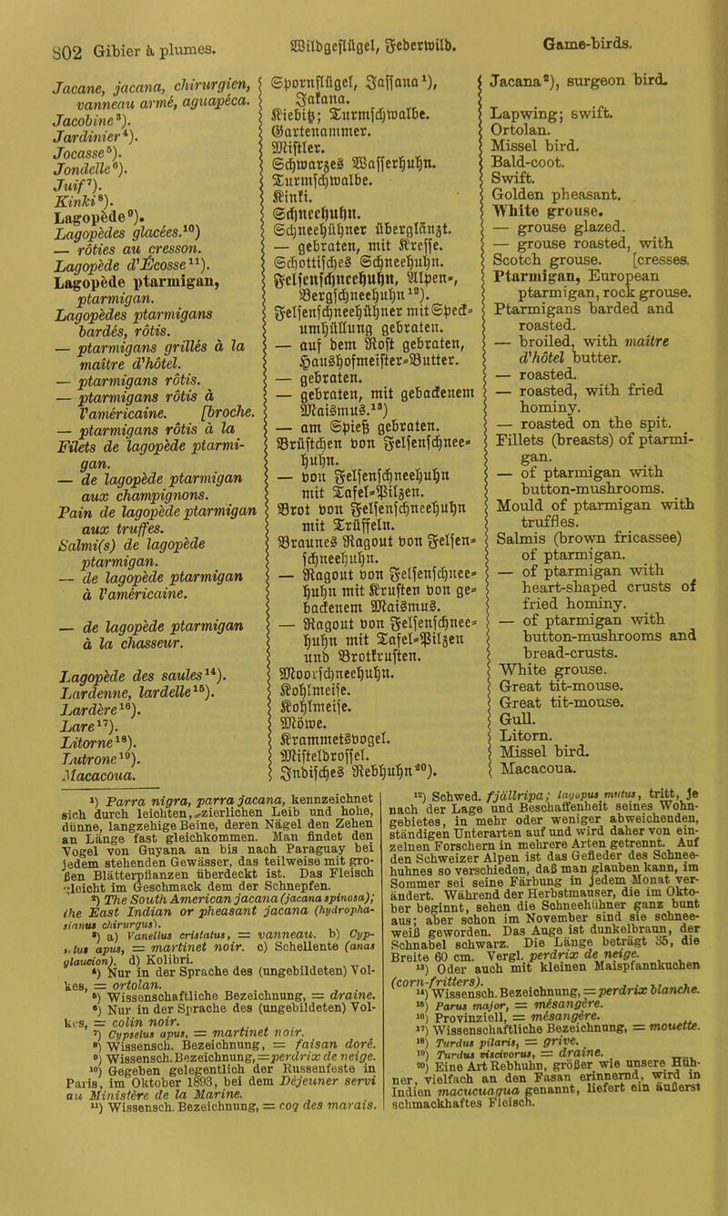 Jacane, jacana, Chirurgien, vanneati arme, aguapica. Jacobine^). Jardinier*). Jocasse'^). JondeUc ®). Juif). Kinki^). Lagopfede®). Lagopedes glacees}^) — röties au cresson. hagopede d'icosse^^). Lagopede ptarmigan, ptarmigan. Lagopedes ptarmigans bardes, rotis. — ptarmigans grilles ä la maitre d'hötel. — ptarmigans rotis. — ptarmigans rotis ä Vamericaine. [brocke. — ptarmigans rotis ä la Filets de lagopede ptarmi- gan. — de lagopede ptarmigan aux Champignons. Pain de lagopede ptarmigan aux truffes. Salmi(s) de lagopede ptarmigan. — de lagopede ptarmigan ä Vamericaine. — de lagopede ptarmigan ä la Chasseur. Lagophde des saules^^). Lardenne, lardelle^^). Jjardere ^®). Lare^'^). Litorne^^). Tjutronc ^®). Macacoua. ©pornPflgel, Solana ^), Saiana. itiebife; S^urmfdjWalbe. ©artennnimer. aJMftler. ©c^ttoräeS SBnfferl^u’^n. Snrmydjttalbe. Äinfi. <Srf)nccf)u()ii. @d)neel)üljner dbevgläiijt. — gebraten, mit Ä’reffe. ©c^ottijc^e§ @^nee’§ul)n. gctfcnfd)«cc^Mftn, mpen>, 58ergj(^nee:^ul)n^®). gelfenf^neel^üljner mit©ped» umptlung gebraten. - auf bem ätoft gebraten, §au§]fiofmeifter=S8utter. - gebraten. - gebraten, mit gebadenem 2J?aiämn§.^®) - om ©piefe gebraten. SBrilftcöen öon gelfenfi^nee» t)utjn. — öon fjelfenfdineeljul^n mit Xafelaipilgen. Srot bon gelfenfd^neetjutjn mit Xrüffeln. S3raune§ Slagout bon gelfen» fd^neet)ut)n. — iftagout bon gelfebfdinee» :^ut)n mit Prüften bon ge» badenem 2Jiai§mu§. — SRogout bon gelfenfc^bee» ■^utin mit $afel»ißiläen unb Srotirnften. gjloorfdinee'^u^n. Äot)Imeife. Äo’^Imeife. SKöme. ÄrammetSbogel. SKiftelbroffet. Snbifc^eä 5RebI)u'^n®°}. Jacana®), surgeon bird- Lapwing; swift. Ortolan. Missei bird. Bald-coot. Swift. Golden pbeasant. White grouse. — grouse glazed. — grouse roasted, witb Scotcb grouse. [cresses. Ptarmigan, European ptarmigan, roch grouse. Ptarmigans barded and roasted. — broüed, witb maitre d'hötel butter. — roasted. — roasted, witb fried bominy. — roasted on tbe spit. Fillets (breasts) o£ ptarmi- gan. — o£ ptarmigan witb button-musbrooms. Mould o£ ptarmigan witb truffles. Salmis (brown fricassee) o£ ptarmigan. — o£ ptarmigan witb beart-sbaped crusts of fried bominy. — of ptarmigan witb button-musbrooms and bread-crusts. Wbite grouse. Great tit-mouse. Great tit-mouse. GuU. Litern. Missei bird. Macacoua. *) Parra nigra, parra jacana, kennzeichnet sich durch leichten,^zierlichen Leih und hohe, dünne, langzehige Beine, deren Nägel den Zehen an Länge fast gleichkommen. Man findet den ■Vogel von Guyana an bis nach Paraguay hei jedem stehenden Gewässer, das teilweise mit gro- ßen Blättei-pflanzen überdeckt ist. Das Fleisch gleicht im Geschmack dem der Schnepfen. *) The South American jacana (jacana tpinosa); (he East Indian or pheasant jacana (hydropha- siamu cMrurgus). ») a) Vanellus crUtatus, = vanneati. b) Cyp- „lui apus, = martinet noir. o) Schellente (anas glaueion). d) Kolibri. ‘) Nur in der Sprache des (ungebildeten) Vol- kes, = ortolan. ') Wissenschaftliche Bezeichnung, = draine. •) Nur in der Sprache des (ungebildeten) Vol- kes, = colin noir. ’) Cypselm apus, = martmet noir. *) 'Wissensoh. Bezeichnung, = faisan dorS. “) Wissensch. Bezeichnung, =27er<Zr/a; de neige. •“) Gegeben gelegentlich der Russenfeste in Paris, im Oktober 1893, bei dem Dejeuner servi au Minisiere de la Marine. ”) Wissensch. Bezeichnung, = cog des marais. “) Schwed. fjällripa; lagupus mtittu, ti^. Je ach der Lage und Beschaffenheit seines Wohn- ■ebietes, in mehr oder weniger abweichenden, tändigen Unterarten auf und wird daher von ein- einen Forschem in mehrere Arten getrennt. Auf !en Schweizer Alpen ist das Gefieder des Schnee- luhnes so verschieden, daß man glauben kann, im iommer sei seine Färbung in jedem Monat yer- ,ndert. Während der Herbstmauser, die im Okto- ler beginnt, sehen die Schneehühner ^anz bunt ms; aber schon im November sind sie schnee- veiß geworden. Das Auge ist dunkelbraun, der 'Chnabel schwarz. Die Länge betragt 35, die Jreite 60 cm. Vergl. perdrix de nnge. *•) Oder auch mit kleinen Maispfannkuchen com-fritters). , . i, i. “) Wissensch. Bezeichnung, = perdrix blanche. “) Parus major, = misangire. >“) Provinziell, = misangere. ”) Wissenschaftliche Bezeichnung, = mouette. “) Turdus pilaris, — grive. '“) Ttirdus viscivorus, = draine. “) Eine Art Rebhuhn, größer wie unsere Hub- ler, vielfach an den Fasan erinnerod^» ^ ndien macucuaffua genannt, liefert ein äußerst ichmaokhaftes Fleisch.