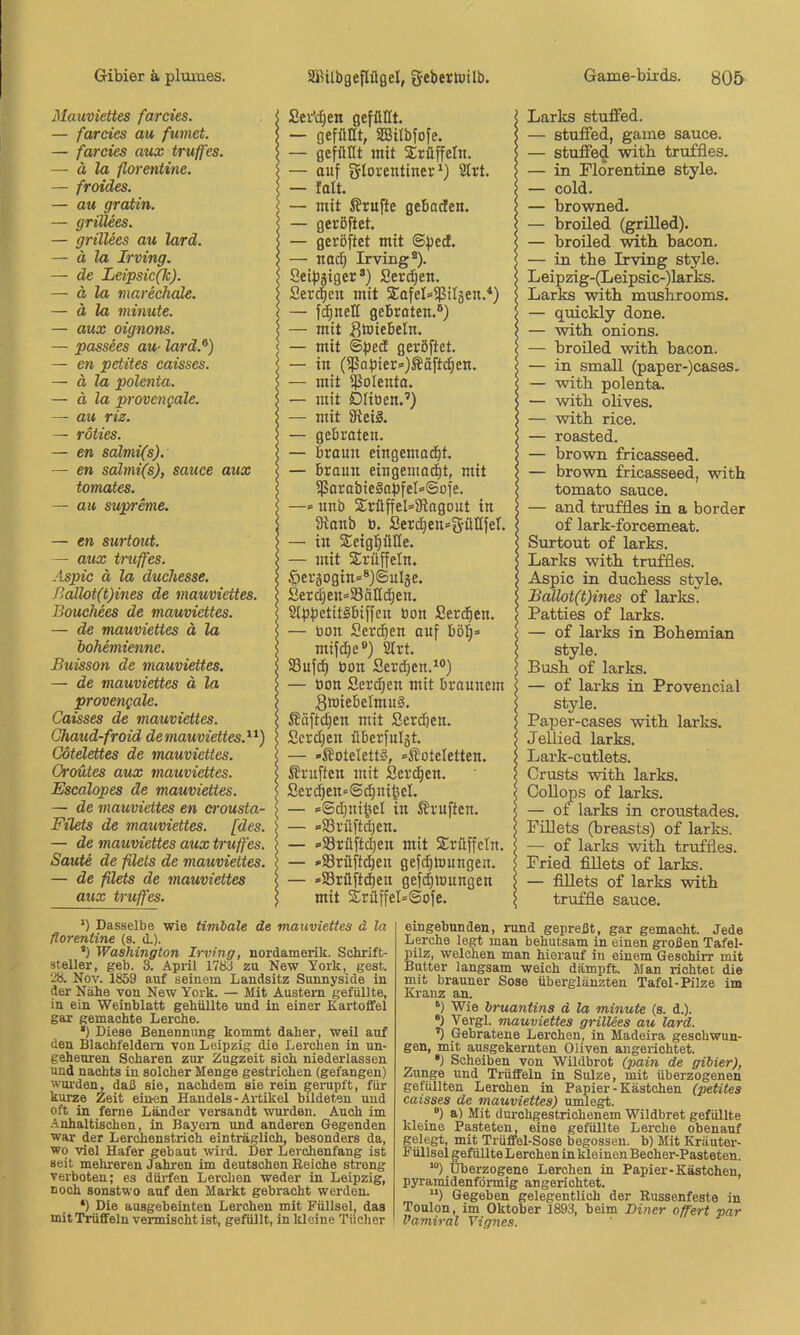 Mmcviettes farcies. — farcies au fumet. — farcies aux truffes. — ä la fiorentine. — froides. — au gratin. — griUees. — grillees au lard. — ä la Irving. — de Leipsicß). — ä la marechäle. — ä la viinute. — aux oignons. — passees au- lard.^) — cn petites caisses. — ä la polenta. — ä la provengale. — au r iz. — röties. — en salmifs). — en sälmi(s), sauce aux tomates. ~ au supreme. — en surtout. — atix truffes. Aspic ä la duchesse. ßcülot(t)ines de mauviettes. Bouchees de mauviettes. — de mauviettes ä la boMmienne. Buisson de mauviettes. — de mauviettes ä la provengale. Caisses de mauviettes. Chaud-froid demauviettes.^^) Götelettes de mauviettes. Croutes aux mauviettes. Escalopes de mauviettes. — de mauviettes en crousta- Füets de mauviettes. [des. — de mauviettes aux truffes. Saute de filets de mauviettes. — de filets de mauviettes aux truffes. *) Dasselbe wie timhale de mauviettes ä la ftorentine (s. d.). *) Washington Irving, nordamerik. Schrift- steller, geb. 3. April 1733 zu New York, gest. 23. Nov. 1859 auf seinem Landsitz Sunnyside in der Nähe von New York. — Mit Austern gefüllte, in ein Weinblatt gehüllte imd in einer Kartoffel gar gemachte Lerche. *) Diese Benennung kommt daher, weil auf den Blachfeldern von Leipzig die Lerclien in un- geheuren Scharen zur Zugzeit sich niederlassen und nachts in solcher Menge gestrichen (gefangen) wm-den, daß sie, nachdem sie rein gerupft, für kurze Zeit einen Handels - Artikel bildeten und oft in ferne Länder versandt wurden. Auch im -■Inhaltischen, in Bayern und anderen Gegenden war der Lerchenstrich einträglich besonders da, wo viel Hafer gebaut wird. Der Lerohenfang ist seit melireren Jahren im deutschen Eeiche streng verboten; es dürfen Lerchen weder in Leipzig, noch sonstwo auf den Markt gebracht werden. *) Die ausgebeinteu Lerchen mit Füllsel, das mit Trüffeln vermischt ist, gefüllt, in kleine Tücher Larks stuifed. — stuffed, game sauce. — stuflEed witb truffles, — in Fiorentine style. — cold. — browned. — broüed (grilled). — broüed witli bacon. — in tbe Irving style. Leipzig-(Leipsic-)larks. Larks witb mushrooms. — quickly done. — witb onions. — broüed vsütb bacon. — in smaU (paper-)cases. — witb polenta. — witb obves. — witb rice. — roasted. — brown fricasseed. — brown fricasseed, witb tomato sauce. — and trufdes in a border o£ lark-forcemeat. Surtout of larks. Larks witb truffles. Aspic in ducbess style. Ballot(t)ines of larks. Patties of larks. — of larks in Bobemian style. Busb of larks. — of larks in Provencial style. Paper-cases witb larks. Jellied larks. Lark-cutlets. Crusts witb larks. Collops of larks. — 01 larks in croustades. Fülets (breasts) of larks. — of larks witb truffles. Fried fiUets of larks. — fiUets of larks witb truffle sauce. eingebunden, rund gepreßt, gar gemacht. Jede Lerche legt man behutsam in einen großen Tafel- pilz, welchen man hierauf in einem Geschirr mit Butter langsam weich dämpft. Man richtet die mit brauner Sose überglänzten Tafel-Pilze im Kranz an. Wie hruantins d la minute (s. d.). ®) Vergl. mauviettes grillees au lard. ’) Gebratene Lerchen, in Madeira geschwun- gen, mit ausgekernten Oliven augerichtet. •) Scheiben von Wildbrot (pain de gibier), Zunge und Trüffeln in Sülze, mit überzogenen gefüllten Lerchen in Papier - Kästchen (petites caisses de mauviettes) umlegt. °) a) Mit durohgestrichenem Wildbret gefüllte Meine PasteteiK eine gefüllte Lerche obenauf gelegt, mit Trüflfel-Sose begossen, b) Mit Kräuter- Füllsel gefüllte Lerchen in Meinen Becher-Pasteten. “) Überzogene Lerchen in Papier-Kästchen, pyramidenförmig angerichtet. “) Gegeben gelegentlich der Russenfeste in Toulon, im Oktober 1893, beim Diner offert par Vamiral Vignes. ißer'c^en gefüllt. — gefüDt, SBilbfofe. — gefüKt mit Trüffeln. — auf Florentiner^) 2lrt. — lalt. — mit Prüfte geboden. — geröftet. — geröftet mit Sfied. — nad) Irving®). Seifjjiger®) Serdjen. Seri^en mit 2:afeL5PiIäen.'* *) — fernen gebroten.®) l — mit .Bwiebeln. Ii — mit ©fjed geröftet. — in (5ßo^iier»)fföfteren. — mit Eßolenta. — mit Oliben.’) — mit Üteiö. — gebraten. — braun eingemad)t. — braun eingemaefit, mit 5ßorobie§o))feL©ofe. —= unb S^rüffeLiRagout in 9tanb 0. SerdEien^FüHfer. — in 2:eigi§üIIe. — mit Trüffeln. .^er3ogin*®)©ul5e. Serd)en=33äHd^en. SipfietitSbiffen hon Serenen. — üon Serenen auf böl)* mifd)e®) 2Irt. 58ufc§ bon Serd)cu.^®) — öon Serd)en mit braunem Swiebetmu§. ^nftc^en mit Serdieu. Serdjeu überfulst. — »J^otelettö, »ßoteletten. i!ruften mit Serenen. Serc^en=^@c|ni^el. — •=©d)ui^el in Prüften. — »SBrüftdicn. — ®58rüftd)en mit Srüffeln. — »SBrüftd^eu gefd)touugeu. — »SSrüftc^en gefd)luungen mit SrüffeLSofe.