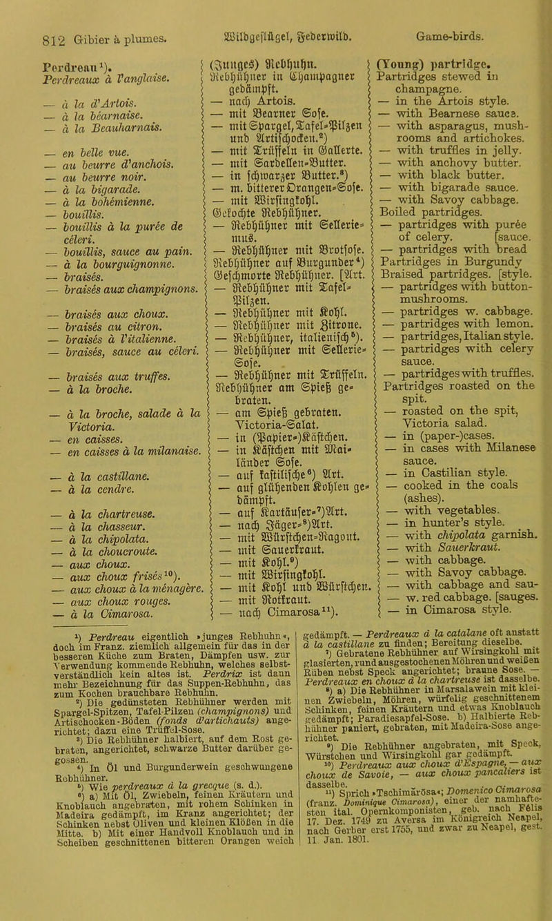 Pordreau *). Pcrdrcaux ä Vanglaise. — (i la d'Artois. — ä la bcarnaise. — ä la Beauharnais. — en belle vue. — au beurre d'anchois. — au beurre noir. — ä la bigarade. — ä la bohemienne. — bouillis. — bouillis ä la puree de celeri. — bouillis, sauce au pain. — d la bourguignonne. — brais^. — braises aux Champignons. — braises aux choux. — braises au citron. — braises ä Vüalienne. — braises, sauce au celeri. — braises aux truffes. — ä la broche. — ä la broche, sälade ä la Victoria. — en caisses. — en caisses ä la milanaise. — ä la castülane. — ä la cendre. — ä la chartreuse. — ä la Chasseur. — ä la chipolata. — ä la choucroute. — aux choux. — aux choux frises^°). — aux choux ä la menagcre. — aux choux rouges. — d Za Cimarosa. (^ituocö) 9id)()Ul)n. atcbl)ül)iier in liljampagner gcbäiniJft. nnci) Artois, mit Seorner ©oje. mit ©j3argel,5£afel»ipiläen unb 2trtijd)oden.®) mit S^rüffeln in (Saßette. mit @arbeQen»S3uttcr. in jd^woräcr 93utter.*) — m. bitterer Dtangen»©oje. — mit SBirfingto'^I. ®efod)te atebp'^ner. — ißebptjner mit ©eüerie* mug. • 8tebl)ü|ner mit SBrotfoje. atebp^ner auf aSurgunber*) @ejd)morte fRebt)pner. [Strt. — iRebpper mit S;afet» ipitsen. — atebpbner mit So'^t. — älcbpper mit gitrone. — atcbpijner, italieniji^ *^). — iftebpper mit ©eiterie» ©oje. — atebpper mit 2:rüjfeln. atebpper am ©pie| ge» braten. — am ©fiieB gebraten. Victoria-©aIat. — in (ißajJier»)Säftd)en. — in Äöjtdien mit 2JZai» Innber ©oje. — auf faftilijdje®) 2Irt. — auf glüpnben Siotilen gc= bömjjft. — auf Äortäujer»’)9lrt. — na^ Sö9et»®)2lrt. — mit 2Bürfpen»fRagout. — mit ©au erlraut. — mit £ol^I.®) — mit SBirjingfol^I. — mit Äop unb SBürftd;en. — mit fftottraut. — nad) Cimarosa Gamo-birds. (Tonng) partridge. Partridges stewed in cbamparae. — in tbe Artois style. — witli Bearnese sauce. — witb asparagus, mush- rooms and artichokes. — with truffles in jelly. — with anchovy butter. — with black butter. — with bigarade .sauce. with Savoy cabbage. Boiled partridges. — partridges with puröe of celery. [sauce. — partridges with bread Partridges in Burgundy Braised partridges. [style. — partridges with button- mushrooms. — partridges w. cabbage. — partridges with lemon. — partridges, ItaUan style. — partridges with celery sauce. — partridges with truffles. Partridges roasted on the spit. — roasted on the spit, Victoria salad. — in (paper-)cases. — in cases with Milanese sauce. — in Castüian style. — cooked in the coals (ashes). — with vegetables. — in hunter’s style. — with chipolata garnish. — with Sauerkraut. — with cabbage. — with Savoy cabbage. — with cabbage and sau- — w. red cabbage. [sauges. — in Cimarosa style. 1) Perdreau eigentlich »junges Rebhuhn«, doch im Franz, ziemlich allgemein für das in der besseren Küche zum Braten, Dämpfen usw. zur ■Verwendung kommende Rebhuhn, welches selbst- verständlich kein altes ist. Perdrix ist dann mein: Bezeichnung für das Suppen-Rebhuhn, das zum Kochen brauchbare Rebhuhn. *) Die gedünsteten Rebhühner werden mit Spargel-Spitzen, Tafel-Pilzen (Champignons) und Artischocken-Böden (fonds d’artichauts) ange- richtet; dazu eine Trüffcl-Sose. s) Die Rebhühner halbiert, auf dem Rost ge- braten, angerichtet, schwarze Butter darüber ge- go.-jsen.^^ öl und Burgunderwein geschwungene Rebhühner. , ,, ‘) 'Wie perdreaux a la grecque (s. d.). •) a) Mit Öl, Zwiebeln, feinen Kräutern und Knoblauch angebraten, mit rohem Schinken in Madeira gedämpft, im Kranz angerichtet; der Schinken nebst Oliven und kleinen Klößen in die Mitte, b) Mit einer Handvoll Knoblauch und in Scheiben geschnittenen bitteren Orangen weich gedämpft. — Perdreaux d la catalaneoit anstatt d la castülane zu finden; Bereitung dieselbe. Gebratene Rebhühner auf Wirsmgkohl mit glasierten, rund ausgestoohenen Möhren und weißen Rüben nebst Speck angerichtet; braune Sose. — Perdreaux en choux d la chartreuse ist dasselbe. •) a) Die Rebhühner in Marsalawein mit klei- nen Zwiebeln, Möhren, würfelig gescMttenem Schinken, feinen EOräutern und etwas Knoblauch gedämpft; Paradiesapfel-Sose. b) Halbierte Reb- hüliner paniert, gebraten, mit Madeira-sose ange- ') Die Rebhühner angebraten, mit Speck, Würstchen und Wirsingkohl gar gedämpft, “) Perdreaux aux choux d’Espagne, — atix choxtx de Savoie, — aux choux pancalters ist dctssQlbd **) Siirich »Tschimärösa«; Domenico Cimarosa (frauz. Dominique Cimarosa), einer der namlmue- Bteu ital. Opernkomponisten, geh. uMh^ 17 Dez. 1749 zu Aversa im Konigieich Neapel, nach Gerber erst 1755, und zwar zu Neapel, gest. 11 Jan. 1801.