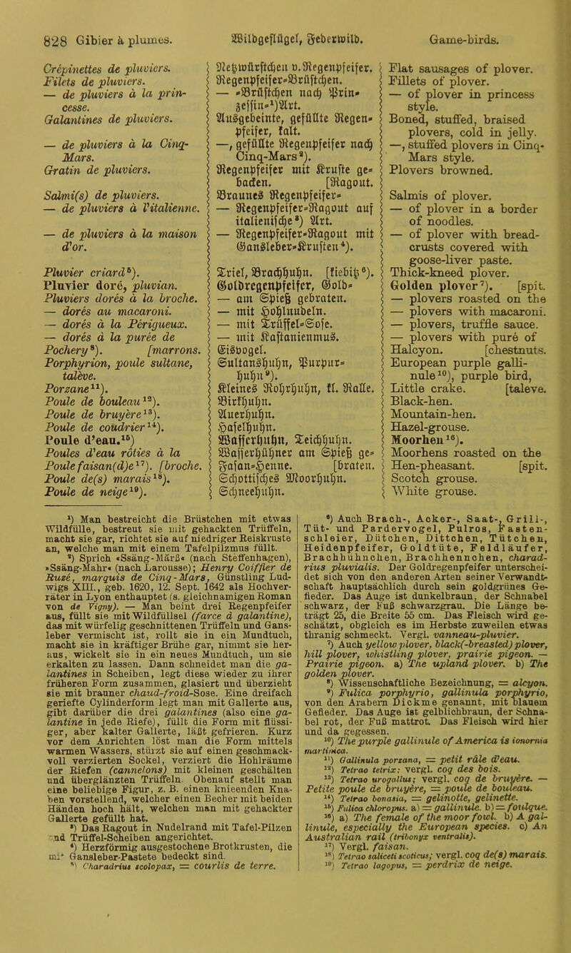 Cr epinettes de pluviers. Filets de pluviers. — de pluviers ä la prinr cesse. Galantines de pluviers. — de pluviers ä la Ginq- Mars. Gratin de pluviers. SalTni(s) de pluviers. — de pluviers ö Vitaliennc. — de pluviers d la maison d'or. Pluvier criard^). PluYier dore, pluvian. Pluviers dores ä la brocke. — dores au macaroni. — dores ä la Pcrigueux. — dores d la puree de Pochery ®). [marrons. Parphyrion, poule suüane, tal'eve. Porzane Poule de bouleati^^). Poule de bruyere^^). Poule de coudrier^*). Poule d’eau.^®) Poules d'eau roties ä la Poulefaisan{d)e’'^'’). [brocke. Poule de(s) marais^^). Poule de neige^^). Flat saußages of plover. Fillets of plover. — of plover in princess style. Boned, stuffed, braised plovers, cold in jelly. —, stuffed plovers in Cinq- Mars style. Plovers browned. Salmis of plover. — of plover in a border of noodles. — of plover mth bread- crusts covered witb goose-liver paste. Tbick-kneed plover. Golden plover[spit. — plovers roasted on the — plovers witb macaroni. — plovers, truffle sauce. — plovers witb pure of Halcyon. [cbestnuts. European purple galli- nule^®), purple bird, Little crake. [taleve. Black-ben. Mountain-ben. Hazel-grouse. Moorheu Moorhens roasted on tbe Hen-pbeasant. [spit. Scotcb grouse. Wbite grouse. I91efejDÜrftd)euu.3iegenpfeifer. \ 8iegenp[cifer»!i8rü[t^en. \ — *93rü[tdf|en nac^ $rin» | äcjfia»‘)2lrt. | Stu&gebeinte, gefüllte Sflegen» Pfeifer, lalt. —, gefüllte 91egeupfeifer nac^ | Cinq-Mars*). < aiegenpfeifer mit ßrufte ge« baden. [Stagout. Sörauneä Slegenpfeifev» — 9tegenpfeifer«31agüut ouf italienif^e *) 9lrt. — 3tegenpfeifer»3fiagout mit \ ©angleber-Ärufteu *). Xriel, S8roc^^u!^n. [Iiebi[^ ®). ©otbrcßenpfdfcr, ®oIb« — am ©pieg gebraten. < — mit ^ol^lnubeln. < — mit 2rüffeI=©ofe. < — mit JfaftanienmuS. | ) ®i§öogeI. \ \ ©nltanS^ul^n, iflurpur« ; \ l^u^n*). ! kleines iRoIjrl^u^n, 11. iRalle. ! j 93irfl)u^n. S < aiuerliul^n. ! I .'pafell|uf)n. | \ Söaffcrlnt^tt, SCei^Ijuljn. | \ 2BafferI)ül)ner am 6pie| ge» ; gafan«|)enne. [braten. ; S Sdjottifdjeä 9JloorI)ul)n. : f ©d;neel^ul)n. *) Man bestreicht die Brüstchen mit etwas WildfüUe, bestreut sie mit gehackten Trüffeln, macht sie gar, richtet sie auf niedriger Keiskruste an, welche man mit einem Tafelpilzmus füllt. ’) Sprich «Ssäng-Märß« (nach Steffenhagen), »Ssäng-Mahr« (nach Larousse); Henry Coiffler de Ruze, marquia de Cinq-Mars, Günstling Lud- wigs Xni., geh. 1620, 12. Sept. 1642 als Hochver- räter in Lyon enthauptet (s. gleichnamigen Roman von de Vigny). — Man beiut drei Regenpfeifer aus, füllt sie mit Wildfüllsel (farce d galantine), das mit würfelig geschnittenen Trüffeln und Gans- leber vermischt ist, rollt sie in ein Mundtuch, macht sie in kräftiger Brühe gar, nimmt sie her- aus, wickelt sie in ein neues Mundtuch, um sie erkalten zu lassen. Dann schneidet man die ga- lantines in Scheiben, legt diese wieder zu ihrer früheren Form zusammen, glasiert und überzieht sie mit brauner chaud-proid-Soae. Eine dreifach geriefte Cylinderform legt man mit Gallerte aus, gibt darüber die drei galantines (also eine ga- lantine in jede Riefe), füllt die Form mit flüssi- ger, aber kalter Gallerte, läßt gefrieren. Kurz vor dem Anrichten löst man die Form mittels warmen Wassers, stürzt sie auf einen geschmack- voll verzierten Sockel, verziert die Hohlräume der Riefen (cannelons) mit kleinen geschälten und überglänzten Trüffeln. Obenauf stellt man eine beliebige Figur, z. B. einen knieenden Kna- ben vorsteUend, welcher einen Becher mit beiden Händen hoch hält, welchen man mit gehackter GaUerte gefüllt hat. •) Das Ragout in Nudelrand mit Tafel-Pilzen nd Trüffel-Scheiben angerichtet. *) Herzförmig ausgestochene Brotkrusten, die uu* Gansleber-Pastete bedeckt sind. '' Charadritu eeolopax, = courlis de terre. •) Auch Brach-, Acker-, Saat-, Grill-, Tüt- und Pardervogel, Pulros, Fasten- sohleier, Dütohen, Dittchen, Tütchen, Heidenpfeifer, Goldtüte, Feldläufer, Braohhühnchen, Brachhennchen, charad- rius pluvialis. Der Goldregenpfeifer unterschei- det sich von den anderen Arten seiner Verwandt- schaft hauptsächlich durch sein goldgi'ünes Ge- fieder. Das Auge ist dunkelbraun, der Schnabel schwarz, der Fuß sohwarzgrau. Die Länge be- trä^ 25, die Breite 55 cm. Das Fleisch wird ge- schätzt, obgleich es im Herbste zuweilen etwas thranig schmeckt. Yergl. vanneau-pluvier. ’) kueh. yellow plover, black(-breasted) plover, hill plover, whistling plover, prairie pigeon. — Prairie pigeon. a) The upland plover. b) The golden plover. •) Wissenschaftliche Bezeichnung, = alcyon. ») Fulica porphyrio, gallinula porphyrio, von den Arabern Dickme genannt, mit olauem Gefieder. Das Auge ist gelblichbraun, der Schna- bel rot, der Fuß mattrot. Das Fleisch wird hier und da gegessen. The purple gallinule of America is ionomia martinica. “) OaUinula poriana, — petit räle cPeau. “) Tetrao tetrix; vergl. coq des bois. “) Tetrao urogaltus; vergl. coq de bruyere. — Petite poule de bruyire, = poule de bouleau. *‘) Tetrao bonaeia, = gelinotte, gelinette. Fulioa cMoropus. al = gallinule. b) = foulque. 1») a) The female of the moor fowl. b) A gal- linule, especially the European species. c) An Australian rail (tribonyx veniralit). ”) Vergl. faisan. >) Tetrao saliceti tcotiats; vergl. coq de(s) marais. Tetrao lagopus, = perdrix de neige.