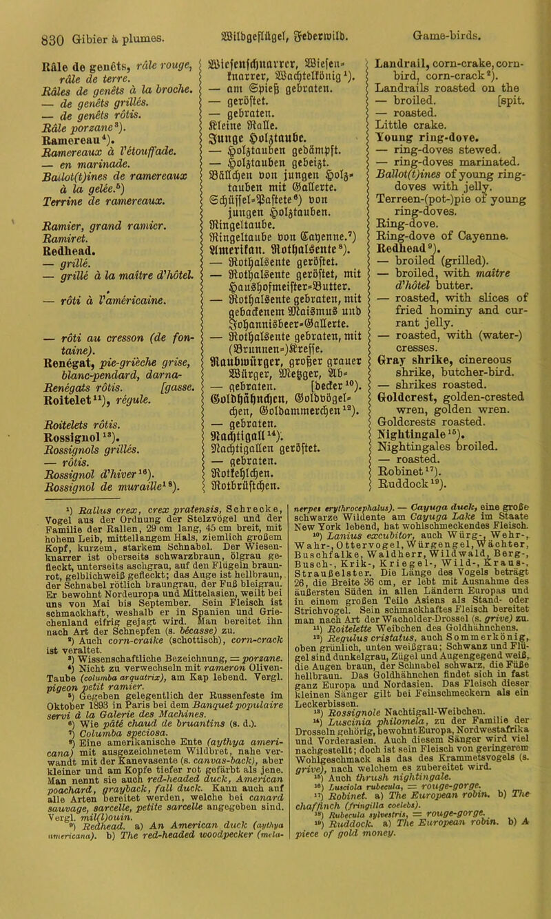 Rille de geußts, räle rouge, rale de terre. Haies de genets ä la hroche. — de genets grilles. — de genets rötis. Räle porzane^). Ramereau^). Ramereaux ä Vetouffade. — en marinade. Bailot(t)ines de ramereaux ä la gelee.^) Terrine de ramereaux. Ramier, grand ramicr. Ramiret. Bedliead. — grille. — grille ä la maitre d'hötel. « — röti ä Vamericaine. — roti au cresson (de fort- taine). Renegat, pie-grieche grise, blanc^endard, darna- Renegats rötis. [gasse. Roitelet^^), regule. Roitelets rötis. Rossiguol Rossignols grilles. — rötis. Rossignöl d'hiver^^). Rossignol de muraille^^). Sßicfcufrfjuavrcr, SBiefeu» Inorrer, SBod)teItöuig — am gebraten. — geröftet. — gebraten. Meine iRoße. Smtgc fiulstttubc. — |)oIjtauben geböm^ft. — §oIätauben gebeijt. aSöIIdjen tion jungen touben mit ©otterte. Sc^ilffeGipaftete®) tion jungen ^olätauben. aUingeltoube. SfUngeltaube tion Sabenne.’) SlnterUait. ülot^alöcntc * *). — 3lot:^aIlente geröftet. — älot^ISente geröftet, mit §on§:^ofmeifter»S3utter. — ^otfialäente gebraten, mit gebodenem 2Roiömu§ unb So^anni§beer»@aßerte. — SRot^aläente gebraten, mit (S3runnen=>)S£;reffe. fllttubtüürgcr, großer grauer SEßürger, SJle|ger, Slb»» — gebroten. [beder ^®). ®ün>^ä^nd)Ctt, ©olbtiögel» c^en, ©olbammerdjen^®). — gebraten. 91ad)tigoüen geröftet. — gebraten. SRotle^ldien. fRotbrüftc^en. Laiidrail, com-crake, corn- bird, corn-crack®). Landrails roasted on the — broiled. [spit. — roasted. Little crake. Youug ring-dove. — ring-doves stewed. — ring-doves marinated. Ballot(t)ines of young ring- doves with jelly. Terreen-(pot-)pie of young ring-doves. Eing-dove. Ring-dove of Cayenne. Redhead®). — broiled (grüled). — broiled, with maitre d'hötel butter. — roasted, with slices of fried hominy and cur- rant jelly. — roasted, with (water-) cresses. Gray shrike, cinereous shrike, butcher-hird. — shrikes roasted. Goldcrest, golden-crested wren, golden wren. Goldcrests roasted. Nightingale ‘®). Nightingales broiled. — roasted. Robinet^’). Ruddock ‘®). *) Rallus crex, er ex pratensis, Schrecke, Vogel aus der Ordnung der Stelzvögel und der Familie der Rallen, 29 cm lang, 45 cm breit, mit hohem Leib, mittellangem Hals, ziemlich großem Kopf, kurzem, starkem Schnabel. Der Wiesen- knarrer ist oberseits schwarzbraun, ölgrau ge- fleckt, unterseits aschgrau, auf den Flügeln braun- rot, gelblich weiß gefleckt; das Auge ist hellbraun, der Schnabel rötlich braungrau, der Fuß bleigrau. Ek bewohnt Nordeuropa und Mittelasien, weilt bei uns von Mai bis September. Sein Fleisch ist schmackhaft, weshalb er in Spanien und Grie- chenland eifrig gejagt wird. Man bereitet ihn nach Art der Schnepfen (s. becasse) zu. •) Auch corn-craike (schottisch), corn-crack ist veraltet. •) Wissenschaftliche Bezeichnung, = porzane. *) Nicht zu verwechseln mit rameron Oliven- Taube (columba arptatrix), am Kap lebend. Vergl. pigeon petit ramier. ») Gegeben gelegentlich der Russenfeste im Oktober 1893 in Paris bei dem Banquet populaire servi d la Galerie des Machines. 0) Wie päte chaud de bruantins (s. d.). ’) Columba speciosa. ®) Eine amerikanische Ente (aythya ameri- cana) mit ausgezeichnetem Wildbret, nahe ver- wandt mit der Kanevasente (s. canvas-back), aber Üeiner und am Kopfe tiefer rot gefärbt als jene. Man nennt sie auch red-headed duck, American poachard, grayback, fall duck. Kann auch auf alle Arten bereitet werden, welche bei canard sauvage, sarcelle, petite sarcelle angegeben sind. Vergl. mil(l)ouin. ®) Redhead. a) An American duck (ayihya americana). b) The red-headed woodpecker (mtia- nerpet erythrocephalut). — Oayuga duck, eine große schwarze Wildente am Cayuga Lake im Staate New York lebend, hat wohlschmeckendes Fleisch. “) Lanius excubitor, auch Würg^ Wehr-, Wahr-, Ottervogel, Würgengel, Wächter, Buschfalke, Waldherr, Wildwald, Berg-, Busch-, Krik-, Kriegei-, Wild-, Kraus-, Straußelster. Die Länge des Vogels beträgt 26, die Breite 36 cm, er lebt mit Ausnahme des äußersten Süden in allen Ländern Europas und in einem großen Teile Asiens als Stand- oder Strichvogel. Sein schmackhaftes Fleisch bereitet man nach Art der Wacholder-Drossel (s. grive) zu. “) Roitelette Weibchen des Goldhähnchens. ”) Regulus cristatus, auch Sommerkönig, oben grünlich, unten weißgrau; Schwanz und Flü- gel sind dunkelgrau, Zügel und Augengegend weiß, die Augen braun, der Schnabel schwarz, die Füße hellbraun. Das Goldhähnchen findet sich in fast ganz Europa und Nordasien. Das Fleisch dieser kleinen Sänger gilt bei Feinschmeckeni als ein Leckerbissen. “) Rossignole Nachtigall-Weibchen. “) Luscinia philomela, zu der Familie der Drosseln gehörig, uewohntEuropa, Nordwestafrika und Vorderasien. Auch diesem Sänger wird viel nachgesteUt; doch ist sein Fleisch von geringerem Wohlgeschmack als das des Krammetsvogels (s. grive), nach welchem es zubereitet wird. ‘“l Auch thrush nightingale. >«) Luaciola rubeeula, = rouge-gorge. i’) Robinet. a) The European robin. b) The chafflnch (fringilla coelebs). Rubeeula sylvestrie, = rouge-gorge. “) Ruddock. a) The European robin. b) A piece of gold money.