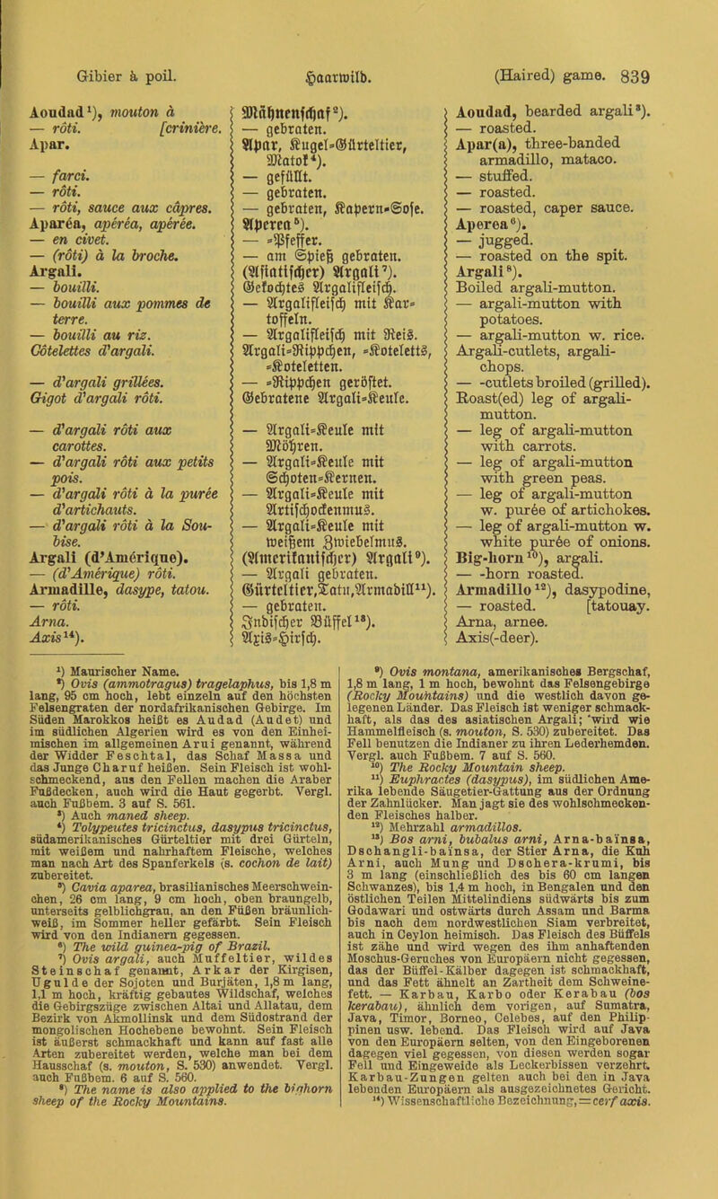 Aoudad^), mouton ä — röti. [criniere. Apar. — farei. — röti. — röti, sauee aux cäpres. Apar^a, aperea, aperee. — en civet. — (röti) ä la hroche. Ai'gali. — bouilli. — bouilli aux pommes terre. — bouilli au riz. Cdtelettes d'argali. — d'argali grillees. Gigot d'argali röti. — dargali röti aux carottes. — dargali röti aux petits pois. — dargali röti ä la puree dartichauts. — dargali röti ä la Sou- bise. Ai'gali (d’Anierique). — (dÄvierique) röti. Arinadille, dasype, tatou. — röti. Ärna. Axis^* *). Maurischer Name. *) Ovis (ammotragus) tragelaphus, bis 1,8 m lang, 95 cm noch, lebt einzeln auf den höchsten Felsengraten der nordafrikanischen Gebirge. Im Süden Marokkos heißt es Audad (Andet) und im südlichen Algerien wird es von den Einhei- mischen im allgemeinen Arui genannt, während der Widder Feschtal, das Schaf Massa und das Junge Charuf heißen. Sein Fleisch ist wohl- schmeckend, aus den Fellen machen die Araber Fußdecken, auch wird die Haut gegerbt. Vergl. auch Fußbem. 3 auf S. 561. *) Auch maned sheep. ‘) Tolypeutes tricinctus, dasypua tricinctus, südamerikanisches Gürteltier mit drei Gürteln, mit weißem und nahrhaftem Fleische, welches man nach Art des Spanferkels (s. cochon de lait) zubereitet. “) Cavia aparea, brasilianisches Meerschwein- chen, 26 cm lang, 9 cm hoch, oben braungelb, unterseits gelblichgran, an den Füßen bräunlich- weiß, im Sommer heller gefärbt. Sein Fleisch wird von den Indianern gegessen. •) The xoild guinea-pig of Brazil. ’’} Ovis argali, auch Muffeltier, wildes Steinschaf genannt, Arkar der Kirgisen, Ugulde der Sojoten und Bur.jäten, 1,8m lang, 1,1 m hoch, kräftig gebautes Wildschaf, welches die Gebirgszüge zwischen Altai und Allatau, dem Bezirk von Akmollinsk und dem Südostrand der mongolischen Hochebene bewohnt. Sein Fleisch ist äußerst schmackhaft und kann auf fast alle Arten zubereitet werden, welche man bei dem Hausschaf (s. mouton, S. 530) anwendet. Vergl. auch Fußbem. 6 auf S. 560. •) The name is also applied to fhe bighorn sheep of the JRocky Mountains. Aoudad, bearded argali*). — roasted. Apar(a), tbree-banded armadillo, mataco. — stulfed. — roasted. — roasted, caper sauce. Aperea“). — jugged. — roasted on the spit. Argali“). Boiled argali-mutton. — argali-mutton with potatoes. — argali-mutton w. rice. Argali-cutlets, argali- chops. cutlets broiled (grilled). Koast(ed) leg of argali- mutton. — leg of argali-mutton with carrots. — leg of argaH-mutton with green peas. — leg of argali-mutton w. pur6e of artichokes. — leg of argali-mutton w. white pur6e of onions. Big-horn^“), argali. horn roasted. Armadillo ^“), dasypodine, — roasted. [tatouay. Axna, arnee. Axis(-deer). •) Ovis montana, amerikanisches Bergschaf, 1,8 m lang, 1 m hoch, bewohnt das Felsengebirge (Rocky Mountains) und die westlich davon ge- legenen Länder. Das Fleisch ist weniger schmack- haft, als das des asiatischen Argali; ‘wird wie Hammelfleisch (s. mouton, S. 530) zubereitet. Das Fell benutzen die Indianer zu ihren Lederhemden. Vergl. auch Fußbem. 7 auf S. 560. “) The Rocky Mountain sheep. “) Euphractea (dasypua), im südlichen Ame- rika lebende Säugetier-Gattung aus der Ordnung der Zahnlücker. Man jagt sie des wohlschmecken- den Fleisches halber. *®) Mehrzahl armadillos. **) Bos arni, bubalus arni, Arna-bainsa, Dschangli-ba'insa, der Stier Arna, die Kuh Arni, auch Mung und Dschera-krumi, bis 3 m lang (einschließlich des bis 60 cm langen Schwanzes), bis 1,4 m hoch, in Bengalen und den östlichen Teilen Mittelindiens südwärts bis zum Godawari und ostwärts durch Assam und Barma bis nach dem nordwestlichen Siam verbreitet, auch in Ceylon heimisch. Das Fleisch des Büffels ist zähe und wird wegen des ihm anhaftenden Moschus-Geruches von Europäern nicht gegessen, das der Büffel-Kälber dagegen ist schmackhaft, und das Fett ähnelt an Zartheit dem Schweine- fett. — Karbau, Karbo oder Kerabau (bos kerabau), ähnlich dem vorigen, auf Sumatra, Java, Timor, Borneo, Celebes, auf den Philip- pinen usw. lebend. Das Fleisch wird auf Java von den Europäern selten, von den Eingeborenen dagegen viel gegessen, von diesen werden sogar Fell und Eingeweide als Leckerbissen verzehrt. Karbau-Zungen gelten auch bei den in Java lebenden Europäern als ausgezeichnetes Gericht. '*) Wissenschaftliche Bezeichnung,=ce>/aa:is. 3)ln^ncnf(^flf®). — gebraten. Äugel»@ürteltier, 3katoI‘). — gefüm. — gebraten. — gebraten, Sapern»@ofe. 5lpcrea“). — »5ßfeffer. — am @pie§ gebraten. Slrgfllt’). ©eloc^teS Slrgaltfleiftfi. de ^ — Slrgalifleifc^ mit Äar» toffeln. — 2lrgalifleijd^ mit 3tei§. 2lrgali»9tipp4en, *SoteIett§, «Äoteletten. — »Ütippd^en geröftet. ©ebratene Slrgali^Seute. — Slrgoli'^enle mit SRö^ren. — Slrgalt^ßenle mit ©d)oten»Sernen. — Sirgali^Äeule mit 9lrtif(f)0(fenmn§. — 3lrgaIi»ÄeuIe mit meinem 3tt*iebelmn8. (Sfmcrifflttlfdjcr) Strgflti®). — Slrgali gebraten. ©ürtciticr,2:atu,21rmabill“). — gebraten. Snbifc^er Süffeli*). äji§»|)irf(^.