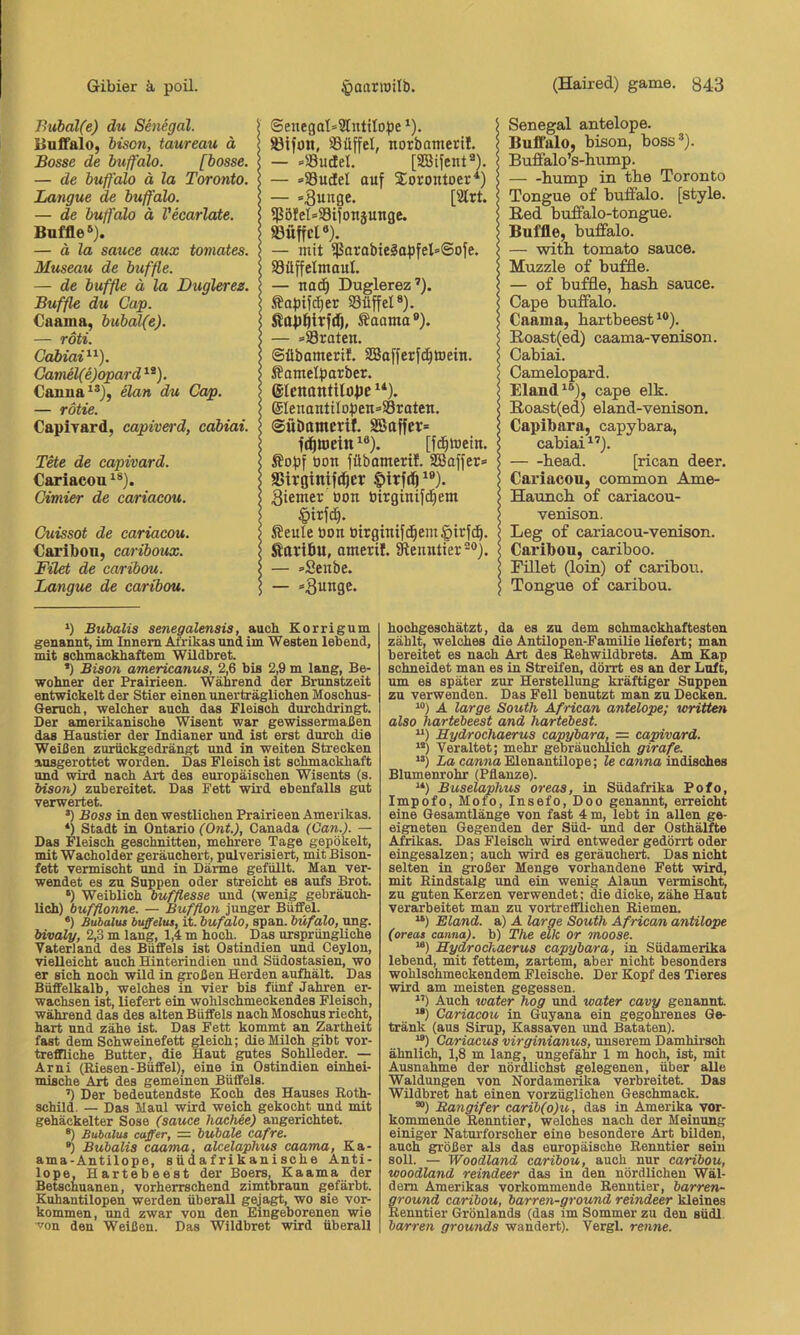 Buhdl(e) du Senegal. Buffalo, bison, taureau ä Bosse de buffalo. [bosse. — de buffalo ä la Toronto. Langue de buffalo. — de buffalo ä Vecarlate. Büffle* *^). — a la sauce aux tomates. Museau de büffle. — de büffle ä la Duglerez. Büffle du Cap. Caama, bubal(e). — röti. Cabiai^^). Gamel(e)opard ^®). Canua^®), elan du Cap. — rötie. CapiTard, capiverd, cabiai. Tete de capivard. Cariacou^*). Cimier de cariacou. Cuissot de cariacou. Cai'ibou, cariboux. Filet de caribou. Langue de caribou. I©euegat=3InttIobe^). ®ifon, Süffel, norbatneril. — »Sudel. [SBifent®). — »Sudel auf S^orontoer*) — »Bunge. [2lrt. SöIel»Sifouäunge. Süffel«). — mit Sm-’u^ie^apfe^Sofe. Süffelmaul. — nac^ Duglerez’). Äapif^er Süffel«), ^ttjjflirfd), Saama®). — »Sraten. ©übamertf. 2Bafferfd)toeiu. Äamelparber. ©lenantlloüc “). @lenantilDpen»Sraten. ©übttmerif. 2Baffcr= fdöweitt^«). [fc^tuein. Sopf tion fübameril. SSaffer» Sirgintfiüer ^irfdö ^®). Biemer öou toirginifi^em §irfd^. Äeule bon öirginifd^em|)irf(ü. Sarlöu, amerif. SRenntier®«). — »Seube. — »Bunge. Senegal antelope. Buffalo, bison, boss®). Buffalo’s-hump. bump in tbe Toronto Tongue o£ buffalo. [style. Eed buffalo-tongue. Büffle, buffalo. — witb tomato sauce. Muzzle of büffle. — of büffle, basb sauce. Cape buffalo. Caauia, bartbeest‘«). Eoast(ed) caama-venison. Cabiai. Camelopard. Eland'®), cape elk. Boast(ed) eland-venison. Capibara, capybara, cabiai ^’). bead. [rican deer. Cariacou, common Ame- Hauneb of cariacou- venison. Leg of cariacou-venison. Caribou, cariboo. rület (loin) of caribou. Tongue of caribou. *) Bübalis senegalensis, auch Eorrigum genannt, im Innern Afrikas und im Westen lebend, mit schmackhaftem WUdhret. *) Bison americanus, 2,6 bis 2,9 m lang, Be- wohner der Prairieen. Während der Brunstzeit entwickelt der Stier einen unerträglichen Moschus- Geruch, welcher auch das Fleisch durchdringt. Der amerikanische Wisent war gewissermailen das Haustier der Indianer und ist erst durch die Weißen zurückgedrängt und in weiten Strecken ansgerottet worden. Das Fleisch ist schmackhaft imd wird nach Art des europäischen Wisents (s. bison) zuhereitet. Das Fett wird ebenfalls gut verwertet. ’) Boss in den westlichen Prairieen Amerikas. *) Stadt in Ontario (Ont.), Canada (Can.). — Das Fleisch geschnitten, mehrere Tage gepökelt, mit Wacholder geräuchert, pulverisiert, mit Bison- fett vermischt und in Därme gefüllt. Man ver- wendet es zu Suppen oder streicht es aufs Brot. ‘) Weiblich bufflesse und (wenig gebräuch- Uoh) bufflonne. — Buffion junger Büffel. •) Bubalu» buffelut, it. bufalo, span, büfalo, ung. bivaly, 2,3 m lang, 1,4 m hoch. Das ursprüngliche Vaterland des Büffels ist Ostindien und Ceylon, vielleicht auch Hinterindien und Südostasien, wo er sich noch wild in großen Herden aufhält. Das Büffelkalb, welches in vier bis fünf Jahren er- wachsen ist, liefert ein wohlschmeckendes Fleisch, während das des alten Büffels nach Moschus riecht, hart und zähe ist. Das Fett kommt an Zartheit fast dem Schweinefett gleich; die Milch gibt vor- treffliche Butter, die Haut gutes Sohlleder. — Arni (Riesen-Büffel), eine in Ostindien einhei- mische Art des gemeinen Büffels. ’) Der bedeutendste Koch des Hauses Roth- schild. — Das Maul wird weich gekocht und mit gehäckelter Sose (sauce hachee) angerichtet. *) Bubalut caffer, — bubale cafre. ^ Bubalis caama, alcelaphus caama, Ka- ama-Antilope, südafrikanische Anti- lope, Hartebeest der Boers, Kaama der Betschuanen, vorherrschend zimtbraun gefärbt. Kuhantilopen werden überall gejagt, wo sie ver- kommen, und zwar von den Eingeborenen wie ■von den Weißen. Das Wildbret wird überall hochgeschätzt, da es zu dem schmackhaftesten zählt, welches die Antilopen-Familie liefert; man bereitet es nach Art des Eehwildbrets. Am Kap schneidet man es in Streifen, dörrt es an der Luft, um es später zur Herstellung kräftiger Suppen zu verwenden. Das Fell benutzt man zu Dewen. “) A large South African antelope; written also hartebeest and hartebest. “) Rydrochaerus capybara, = capivard. **) Veraltet; mehr gebräuchlich girafe. “) AacannaElenantilope; 2e can?ia indisches Blumenrohr (Pflanze). “) Buselaphus oreas, in Südafrika Pofo, Impofo, Moto, Insefo, Doo genannt, erreicht eine Gesamtlänge von fast 4 m, lebt in allen ge- eigneten Gegenden der Süd- und der Osthälfte Afrikas. Das Fleisch wird entweder gedörrt oder eingesalzen; auch wird es geräuchert. Das nicht selten in großer Menge vorhandene Fett wird, mit Rindstalg und ein wenig Alaun vermischt, zu guten Kerzen verwendet; die dicke, zähe Haut verarbeitet man zu vortrefflichen Riemen. “) Bland, a) A large South African antilope (oreas canna). b) The elk or moose. “) Rydrochaerus capybara, in Südamerika lebend, mit fettem, zartem, aber nicht besonders wohlschmeckendem Fleische. Der Kopf des Tieres wird am meisten gegessen. ”) Auch xoater hog und water cavy genannt. **) Cariacou in Guyana ein gegohrenes Ge- tränk (aus Sirup, Kassaven und Bataten). “) Cariacus virginianus, unserem Damhirsch ähnlich, 1,8 m lang, ungefähr 1 m hoch, ist, mit Ausnahme der nördlichst gelegenen, über aUe Waldungen von Nordamerika verbreitet. Das Wildbret hat einen vorzüglichen Geschmack. *“) Rangifer carib(o)u, das in Amerika ver- kommende Renntier, welches nach der Meinung einiger Naturforscher eine besondere Art bilden, auch größer als das europäische Renntier sein soll. — Woodland caribou, auch nur caribou, woodland reindeer das in den nördlichen Wäl- dern Amerikas vorkommende Renntier, barren- ground caribou, barren-ground reindeer kleines Renntier Grönlands (das im Sommer zu den südl barren grounds wandert). Vergl. renne.