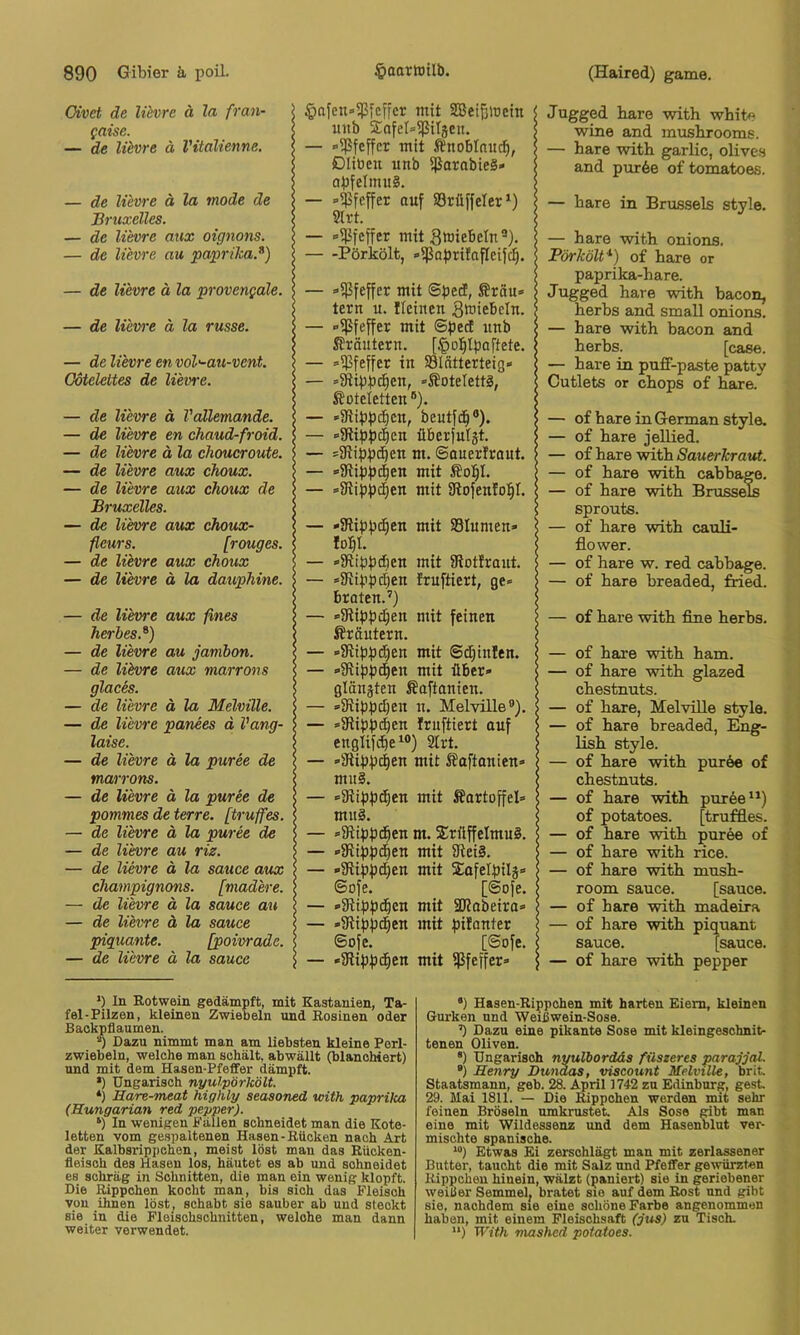 Oivet de lüvrc ä la fran- gaise. — de lüvre ä Vitalienne. — de Uewe ä la mode de Bruxelles. — de Uevre aux oignons. — de Uevre au paprika.^) — de Uevre ä la provengäle. — de Uewe ä la russe. — de Uevre envol'-au-vent. Goteleites de Uewe. — de Uevre ä Vallemande. — de Uewe en chaud-froid. — de Uevre ä la clioucroute. — de Uevre aux choux. — de Uewe aux choux de Bruxelles. — de Uewe aux choux- fleurs. [rouges. — de Uevre aux choux — de Uevre ä la dauphine. — de Uevre aux fines herbes.^) — de Uewe au jambon. — de lüvre aux marrons glaces. — de Uewe ä la Melvüle. — de Uevre panees ä Vang- laise. — de Uevre ä la puree de marrons. — de lüvre ä la puree de pommes de terre. [truffes. — de Uevre ä la puree de — de lüvre au m. — de Uevre ä la sauce aux Champignons, [madere. — de Uewe ä la sauce au — de lüvre ä la sauce piquante. [poiwade. — de lüvre ä la sauce §afen«'5ßfcffcr mit SBei^wcin utib 5£ofeI«ißitäen. — »Pfeffer mit Änoblnud^, DIiüeu unb ißarobieS» obfeImu8. — »Pfeffer auf 83rüffe(er‘) 9lrt. — »ifjfcffer mit ^totebcln ®), Pörkölt, »ißaprüaflcifc^. — »ißfeffer mit ©bed; ®räu® tern u. Ilcinen ^ftiiebcln. — »ißfeffer mit ©peef unb ^röutern. [^ol^Iboftete. — »ipfeffer in SSIntterteig» — »Sftibbe^en, -Äotelettä, ßoteletten ®). — »9iibbd)cn, beutfd^®). — »SRibb^en überfuljt. — sJRibbd^cn m. ©auerirout. — •’Wippäjtn mit — »9iibbc^en mit Üiofenfol^I. — »SRibbc^eit mit SBIumen» lol^L — »SRibbdien mit iRotlrant. — »SRibbd^en fruftiert, ge» braten. 0 — »iRibbi^en niit feinen Äräutern. — »>5Ribb(|en ntit ©d}inlen. — »iRibbc^en mit über» glängten Saftanien. — »3{ibbtf)ett Melvüle®), — »IRibb^ftt Iruftiert auf englifcfie^®) 2lrt. — »3iibbd)en mit Äaftanien» mn§. — »iRibb^en mit Äartoffel» mit§. — »Slibbi^en m. SrüffelmuS. — »SRibbe^en mit 31ei§, — »SRibbe^en mit Safelbilg» ©ofe. [@ofe. — »Ülibbi^en mit SRabeira» — -91ibbc|en mit biJonier ©ofe. [©ofe. — »3Ribb(|eit mit ißfeffer» Jugged bare with white wine and mushrooms. — hare with garlic, olives and pur6e of tomatoes. — hare in Brussels style. — hare with onions. Pörkölt^) of hare or paprika-hare. Jugged hare with bacon, herbs and small onions. — hare with bacon and herbs. [case. — hare in puff-paste patty Cutlets or chops of hare.” — of hare in G-erman style. — of hare jellied. — of hare with iSaMeriraiit. — of hare with cabbage. — of hare with Brussels sprouts. — of hare with cauli- flower. — of hare w. red cabbage. — of hare breaded, fried. — of hare with fine herbs. — of hare with ham. — of hare with glazed chestnuts. — of hare, Melvüle style. — of hare breaded, Eng- lish style. — of hare with pur6« of chestnuts. — of hare wdth pur6e**) of potatoes. [truffles. — of hare vsäth puree of — of hare with rice. — of hare with mush- room sauce. [sauce. — of hare with madeira — of hare with piquant sauce. [sauce. — of hare with pepper *) In Rotwein gedämpft, mit Kastanien, Ta- fel-Pilzen, kleinen Zwiebeln und Rosinen oder Backpflaumen. “) Dazu nimmt man am liebsten kleine Perl- zwiebeln, welche man schält, abwällt (blanchiert) und mit dem Hasen-Pfeflfer dämpft. *) Ungarisch nyulpörkölt. *) Hare-meat highly seasoned with paprika (Hungarian red pepper). ‘) In wenigen Fällen schneidet man die Kote- letten vom gespaltenen Hasen-Rücken nach Art der Kalbsrippehen, meist löst man das Rücken- fleisch des Hasen los, häutet es ab und schneidet es schräg in Schnitten, die man ein wenig klopft. Die Rippchen kocht man, bis sich das Fleisch von Dinen löst, schabt sie sauber ab und steckt sie in die Fleischschnitten, welche man dann weiter verwendet. •) Hasen-Rippchen mit harten Eiern, kleinen Gurken und Weißwein-Sose. ’l Dazu eine pikante Sose mit kleingeschnit- tenen Oliven. •) Ungarisch nyulbord&s füazeres parajjal. ®) Henry Dundas, Viscount MelvtUe, brit. Staatsmann, geh. 28. April 1742 zu Edinburg, gest. 29. Mai 1811. — Die Rippchen werden mit sehr feinen Bröseln umkrustet. Als Soso gibt man eine mit Wildessenz und dem Hasenblut ver- mischte spanische. “) Etwas Ei zerschlägt man mit zerlassener Butter, taucht die mit Salz und Pfeffer gewürzten Rippchen hinein, wälzt (paniert) sie in geriebener weißer Semmel, bratet sie auf dem Bost und gibt sie, nachdem sie eine schöne Farbe angenommen haben, mit einem Fleischsaft (jus) zu Tisch. **) With mashed potatoes.