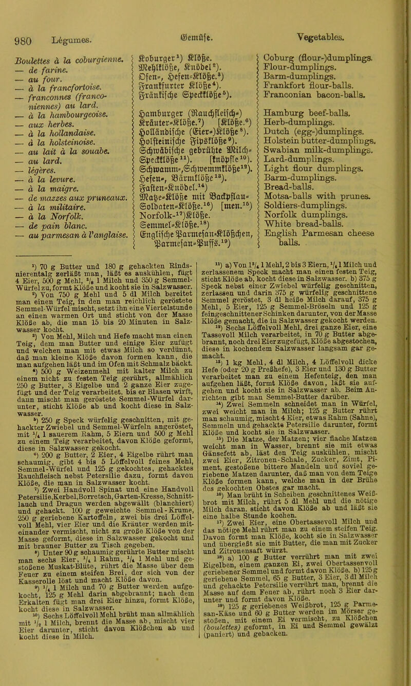 Boulettes ä la cohurgienne. — de farine. — au four. — ä la francfortoise. — franconnes (franco^ niennes) au lard. — ä la harnbourgeoise. — aux herbes. — ä la hollandaise. — d la holsteinoise. — au lait ä la souabe. — au lard. — legeres. — ä la lemire. — ä la maigre. — de rnazzes aux pruneaux. — ä la rnüitaire. — ä la Norfolk. — de pain blanc. — au parmesan ä Vanglaise. Äoburger* *) ßlbfec. iKepiöBe, SJuöbel®). Dfen», §efe:t=iflö6e.*) grontfurtcr grftnfifc^e ©^ledllö^e “). Hamburger (3taud^fletfc^*) S?räuter».<SIÖBe.’) [Älö^e.®) §oIIänbifd)e (@ier»)icI5§e®). §oIfteintjc|e Sc^träbijc^e gebrüllte ÜJiild)» [Inbbffc <5(i^toamm»,©d}tt)emtnllöf[e^®). §efen», 33ärmtlöBC^®). gaftensÄnöbel.^*) 3Ro^e»SIö&e mit S3ad^)flau» ©oIbQten=SIö6e.‘®) [men.^®) Norfolk-i’)^Iöfee. @emmeI=>Äl5§e.^®) ©ngltf^e ^arntefan^^Iößc^en, $armefan=$up.^®) Coburg (flour-)dumplings. Flour-dumplings. Barm-dumplings. FranMbrt flour-balls. Franconian bacon-balls. Hambturg beef-balls. Herb-dumplings. Dutcb (egg-)dumplings. Holstein butter-dumpli ugs. Swabian milk-dumplings. Lard-dumplings. Light flour dumplings. Barm-dumplings. Bread-balls. Motsa-balls with prunes. Soldiers- dumplings. Norfolk dumplings. White hread-balls. English Parmesan cheese balls. *) 70 g Butter uad 180 g gehackten Rinds- nierentalg zerläßt man, läßt es auskühlen, fügt 4 Eier, 500 g Mehl, '/s 1 Milch und 350 g Semmel- Würfel zu, formt Klöße und kocht sie in Salzwasser. *) Von 750 g Mehl und 5 dl Milch bereitet man einen Teig, in den man reichlich geröstete Semmel-Würfel mischt, setzt ihn eine Viertelstunde an einen warmen Ort und sticht von der Masse Klöße ab, die man 15 bis 20 Minuten in Salz- wasser kocht. *) Von Mehl, Milch und Hefe macht man einen Teig, dem man Butter und eimge Eier zufügt und welchen man mit etwas Milch so verdünnt, daß man kleine Klöße davon formen kann, die man aufgehen läßt und im Ofen mit Schmalz bäckt. *) 500 g Weizenmehl mit kalter Milch zu einem nicht zu festen Teig gerührt, allmählich 250 g Butter, 3 Eigelbe und 2 ganze Eier zuge- fügt und der Teig verarbeitet, bis er Blasen wirft, daun mischt man geröstete Semmel-Würfel dar- unter, sticht Klöße ab und kocht diese in Salz- wasser. ‘) 250 g Speck würfelig geschnitten, mit ge- hackter Zwiebel und Semmel-Würfeln angeröstet, mit '■U 1 sauerem Rahm, 5 Eiern und 500 g Mehl zu einem Teig verarbeitet, davon Klöße geformt, diese in Salzwasser gekocht. “) 200 g Butter, 2 Eier, 4 Eigelbe rührt man schaumig, gibt 4 bis 5 Löffelvoll feines Mehl, Semmel-Wüi-fel und 125 g gekochtes, gehacktes Rauchfleisch nebst Petersilie dazu, formt davon kinBe, die man in Salzwasser kocht. ’) Zwei Handvoll Spinat und eine Handvoll PetersUie,Kerbel,Borretsch, Garten-Kresse, Schnitt- lauch und Di-agun werden abgewäUt (blanchiert) und gehackt. 100 g geweichte Semmel-Krume, 250 g geriebene Kartoffeln, zwei bis drei Löffel- voU Mehl, vier Eier und die Kräuter werden mit- einander vermischt, nicht zu große Klöße von der Masse geformt, diese in Salzwasser gekocht und mit brauner Butter zu Tisch gegeben. *) Unter 90 g schaumig gerührte Butter mischt man sechs Eier, Vi 1 Rahm, V» 1 Mehl und ge- stoßene Muskat^Blüte, rührt die Masse über dem Feuer zu einem steifen Brei, der sich von der Kasserolle löst und macht Klöße davon. ») Vt 1 MUoh und 70 g Butter werden aufge- kocht, 125 g Mehl darin abgebrannt; nach dem Erkalten fügt man drei Eier hinzu, formt Klöße, kocht diese in Salzwasser. . “) Sechs Löffelvoll Mehl brüht man allmählich mit */s 1 Milch, brennt die Masse ab, mischt vier Eier darunter, sticht davon Klößchen ab und kocht diese in Milch. “) a) Von 1’/* 1 Mehl, 2 bis 3 Eiern,'/»1 Milch und zerlassenem Speck macht man einen festen Teig, sticht Klöße ab, kocht diese in Salzwasser, b) 375 g Speck nebst einer Zwiebel würfelig geschnitten, zerlassen und darin 375 g würfelig geschnittene Semmel geröstet, 3 dl heiße Milch darauf, 375 g Mehl, 5 Eier, 125 g Semmel-Bröseln und 125 g feingeschnittener Schinken darunter, von der Masse Klöße gemacht, die in Salzwasser gekocht werden. **) Sechs Löffelvoll Mehl, drei ganze Eier, eine Tassevoll Milch verarbeitet, in 70 g Butter abge- brannt, noch drei Eier zugefügt, Klöße abgestochen, diese in kochendem Salzwasser langsam gar ge- macht. “) 1 kg Mehl, 4 dl Milch, 4 Löffelvoll dicke Hefe (oder 20 g Preßhefe), 3 Eier und 130 g Butter verarbeitet man zu einem Hefenteig, den man aufgehen läßt, formt Klöße davon, läßt sie auf- gehen und kocht sie in Salzwasser ab. Beim An- richten gibt man Semmel-Butter darüber. “) Zwei Semmeln schneidet man in Würfel, zwei weicht man in Milch; 125 g Butter rührt man schaumig, mischt 4 Eier, etwas Rahm (Sahne), Semmeln und gehackte Petersilie darunter, formt Klöße und kocht sie in Salzwasser. “) Die Matze, der Matzen; vier flache Matzen weicht man in Wasser, brennt sie mit etwas Gänsefett ab, läst den Teig auskühlen, mischt zwei Eier, Zitronen-Schale, Zucker, Zimt, Pi- ment, gestoßene bittere Mandeln und soviel ge- riebene Matzen daiunter, daß man von dem Teige Klöße formen kann, welche man in der Brühe des gekochten Obstes gar macht. “) Man brüht in Scheiben geschnittenes Weiß- brot mit Milch, rührt 5 dl Mehl und die nötige Milch daran, sticht davon Klöße ab und läßt sie eine halbe Stunde kochen. ”) Zwei Eier, eine ObertassevoU Milch uud das nötige Mehl rührt man zu einem steifen Teig. Davon formt man Klöße, kocht sie in Salzwasser und übergießt sie mit Butter, die man mit Zucker lind Zitronensaft würzt. “) a) 100 g Butter verrührt man mit zwei Eigelben, einem ganzen Ei, zwei Obertasseuvoll geriebener Semmel und formt davon Klöße, b) l^g geriebene Semmel, 65 g Butter, 3 Eier, 3 dl Mikh und gehackte Petersilie verrührt man, brennt die Masse auf dem Feuer ab, rühi't noch 3 Eier dar- unter und formt davon Klöße. ^ *’) 125 g geriebenes Weißbrot, 125 g Parme- san-Käse und 60 g Butter werden im Möreer ge- stoßen, mit einem Ei vermischt, zu Klößchen (boulettes) geformt, in Ei und Semmel gewalzt (paniert) und gebacken.