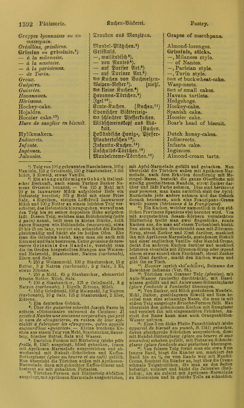 Grnppes lyonnaises ou en massepain. Oresillins, gresüiens. Grissins ou grlssiuis.* *) — o la milnnaise. — ä la nantaise. — ä la parisienne. — de Turin. Groux. Guepicrs. Guiarees. Havanaises. Herissons. Hockey-cake. Hojaldre. Hoosier cake.'®) Hure de sanylicr en hiscuit. Hylikmakers. Indiscrets. Infante. Ingenues. Jalousies. Srouben ou3 SWarjipan. ?n?anbel»^pia|jd)en.^) —, mailärtbtfd^*). — bon 9Jattte§^). — auf ?ßarifer 2(rt.®) — auf iurinet 2Crt.*) strt ®ud)en »on 33ud)lt)eiäen» 2Befbcn»3>Jefter [mel^L 9Jti Ileine ßu^en.*) §abamia»3:ört(j^en.®) SgeH®). ®rnte‘»i?u(^en. [ifud^en.”) 6panif(^cr S3IStterteig- sitt fd^lec^ter fßfefferlu{^en. Sßtlbf^roeinllopf auä S8i§» luit. [Jlud)en. §oIIänbif(^e §ontg», fßfeffer« $Ioubertofd^en‘*). SfnfanttU’ßui^en.^^) Unfd)uIbS«5Eört^en.^®) 2)?anbelcreme<=5:ött(i^en.‘®) ? Grapes of marchpane. 5 Alraond-lozenges. I Grissini», stick». } —, Milanese style. I — of Nantes. 5 —, Parisian style. > —, Turin style. S Sort of buckwheat-cake. I Wasp-nests. I Sort of small cakes. I Havana tartlets. I Hedgehogs. I Hockey-cake. I Spanish cake. I Hoosier cake. l Boar’s head of biscuit. I Dutch honey-cakes. I Indiscreets. < Infanta cake. < Ingönues. \ Almond-cream tarts. *) Teig von 100 g gebrannten Haselnüssen, 100 g JTanüeln, 1‘25 g Grießmehl, 250 g Staubzucker, 3 dcl Milch, 3 EiweiJl, etwas Vanille. ’j Ein stangenförmiges Gebäck italieni- scher Herkunft, nach einem Turiner Bäcker Na- mens Grissini benannt. — Von 125 g Mehl mit 20 g in lauwarmer Milch aufgelöster Hefe ein Hefenteig bereitet; 375 g Mehl mit einer Prise Salz, 4 Eigelben, einigen Löffelvoll lauwarmer Milch und 100 g Butter au einem leichten Teig ver- arbeitet, das Hefenstuck hinzugegeben, worauf man den Teig bis zu seiner doppelten Höhe aufgehen läßt. Diesen Teig, welchen man Brötohenteig (päte d pain) nennt, teilt man in kleine Stücke, rollt davon Stangen wie Hohlnudeln (macaroni), etwa 20 bis 25 cm lang, verziert sie, schneidet die Enden gleichmäßig und bäckt sie im heißen Ofen. Ehe man die Grissinis bäckt, kann man sie auch mit Kümmel und Salz bestreuen. Unter grissins de com- merce Grissinis des Handels, versteht man die im Großen hergestellten Stangen aus 'Weizen- und Maismehl, Staubzucker, Natron (carbonate), Eieim und Salz. •j 250 g Weizenmehl, 100 g Staubzucker, 15 g Butter, 3 g Natron (carbonate), 5 g Salz, 1 Ei, etwas Zitrone. 250 g Mehl, 65 g Staubzucker, ebensoviel frische Butter, Milch, Salz. •) 100 g Staubzucker, 125 g Grießraehl, 3 g Natron (carbonate), 1 Eigelb, Zitrone, Milch. •) 150 g Grießmehl, 100 g Maismehl, 3 g Natron (carbonate), 10 g Salz, 125 g Staubzucker, 2 Eier, Zitrone. ’) Ein deutsches Gebäck. •) Über die guiarees schreibt Joseph Favre in seinem »Diotionnaire universel de Cuisinet: II eociste d Nantes une ancienne Corporation quiprit le no7n de •fougaciers*, en raison de leur spi- eialite d fabriquer les »fougacest, qu’on appelle aujourd’hui »guiariest. — Kleine trockene Ku- chen ans einem Teig von Mehl, Staubzucker, Sauer- teig, frischer Butter, Salz und Wasser. •> Dariolen Formen mit Mürbeteig (siehe päte frolle, S. 1347) ausgelegt, blind gebacken, innen mit Aprikosen-Marmelade ausgestrichen und ab- wechselnd mit Biskuit-Scheibchen und Kafifae- Butterglasur (glace au beurre et au cafe) gefüllt. Man überzieht die Törtchen außen mit Aprikosen- Marmelade. dann mit gekochter Kaffee-Glasur und bestreut sie mit gehackten Pistazien. “) Törtchen-Formen mit Blätterteig-Abfällen ausgelegt, mit Aprikosen-Marmelade ausgestrichen. mit Apfel-Marmelade gefüllt und gebacken. Man überzieht die Törtchen außen mit Aprikosen-Mar- melade, nach dem Erkalten domförmig mit Me- ringel-Masse, besteckt die ganze Oberfläche mit streifig geschnittenen Mandeln, streut Zucker dar- über und läßt Farbe nehmen. Dies sind hirissons aux pommes, man kann natürlich statt der Apfel- Marmelade jede andere nehmen und das Gebäck danach benennen, auch eine Frangipane-Creme würde passen (herissons d la frangipane). “) Ein Kuchen, welcher namentlich in den süd- lichen Provinzen Spaniens viel bereitet wird. Von mit zerquetschten Sesam-Körnern vermischtem Blätterteig treibt man zwei fingerdicke, runde Kuchen aus, die man auf einem Tortenblech bäckt Den einen Kuchen überstreicht man mit Zitronen- Sirnp, streut Zucker und Zimt darüber, maskiert ihn mit Aprikosen-Marmelade, gestoßenem Biskuit und einer englischen Vanille- oder Mandel-Creme, deckt den anderen Kuchen darüber und maskiert letzteren ebenfalls mit Zitronen-Sirup oder irgend einem etwas säuerlichen Fruchtsaft, streut Zucker und Zimt darüber, macht den Kuchen wann und gibt ihn zu Tisch. „ ‘■“l Hoosier (sprich »hü'sch(ö)r«), Beiname der Bewohner Indianas (Ver. St.). “) Törtchen von Genuaer Teig (gtnoise), mit Anis-Wasser (anisette) durchtränkt, mit Hasel nüssen gefüllt und mit Aniswasser-Schmelzglasur (glace fandante d Vanisette) überzogen. “) Von Zucker, mit Milch gestoßenen Mandeln, Mehl, Butter, gesclüagenen Eiweiß und Rum be- reitet man eine schaumige Masse, die man in mit süßem Teig ausgelegte Brioche-Formen füllt Man überzieht den gebackenen Kuchen mit Rumglasur und verziert ihn mit eingemachten Früchten. An- statt des Rums kann man auch Orangenblüten- Wasser nehmen. “) Eine 3 cm dicke Platte Punschbiskuit (siehe appareil de biscuit au punch, S. 1341) gebacken, davon gleichgroße Stückchen ausgestochen, diese mit Mandel Butterglasur (glace au beurre et aux amandes) erhaben gefüllt, mit Pistazien-Schmelz- glasnr (glace fandante aux pistaches) überzogen. “) Von feinem Teig formt man ein etwa 8 cm langes Band, biegt die Ränder um, maskiert das Band bis zu */» one vom Rande weg mit Mandel- Creme, feuchtet die Ränder an, legt über die Creme schmale Teigstreifchen, die man an den Seiten befestigt, verziert und bäckt die Jalousien (Roll- laden), um sie zuletzt mit Aprikosen-Marmelade zu überziehen und in gleiche Teile zu schneiden-