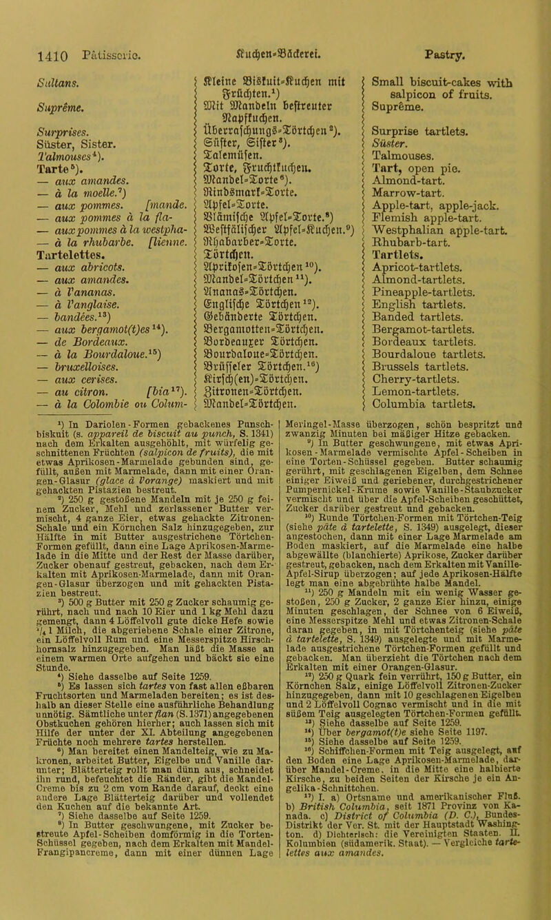 Sultans. Supreme. Smprises. Süster, Sister. Talmouses* *). Tarte ®). — aiix amandes. — ä la moelle.’’) — aux pommes. [mande. — aux pommes ä la fla- — aux pommes ä la westpha- — ä la rhubarbe. [Henne. Tartelettes. — aux abricots. — aux amandes. — d Vananas. — d Vanglaise. — handees.^^) — aux bergamot(t)es — de Bordeaux. — a la Bourdaloue.^^) — brxixelloises. — aux cerises. — au citron. [bia^’’). — ä la Colombie ou Colum- JHetne SiSIuitofiud^en mit grüd)ten.‘) SJlit 9JtonbeIn Befireuter 9ta})ffud)en. ÜBcrraf^ungg»3:ört(^en ®). Sflftcr, ©ifter*), Salemüfen. 3;ovtc, ^i’uc^tluc^en. SDlanbel’SEorte *). 81inb§marf»2:orte. 9lBfeI=Sovte. SSiamtJdje 9IpfeI»2:ortc.*) S3SeftfäIif(^ev 2(bfel»l?ud;eit.®) 9W)aWrber=2:orte, 2;örtd)cii. 2tt)rifofen»2;övtd)en *o). 9)ianbel=2:öftd)en 2lnana§»S:örtd)en. @ugltfd)e Sörtd^en *“). ©eböTtberte Sörtdjen. 93ergamotten=S:örtd}eu. 23ürbeouEer Sörtd^en. S8ourbaIoue=S:örtd;en. iörüffeler Sörte^en.'“) Kir|d^(en)»2örtd}cn. ^itronen=2;örtd)cn. ^anbel»2:Bi’td^en. I Small biscuit-cakes with salpicon o£ fruits. Suprfeme. Surprise tartlets. Süster. Talmouses. ' Tart, open pio. < Almond-tart. ^ Marrow-tart. I Apple-tart, apple-jack. I Flemish apple-tart. > Westphalian apple-tart. t Rhubarb-tart. I Tartlets. < Apricot-tartlets. I Almond-tartlets. < Pineapple-tartlets. < English tartlets. 5 Banded tartlets. 5 Bergamot-tartlets. i Bordeaux tartlets. j Bourdaloue tartlets. I Brussels tartlets. < Cherry-tartlets. < Lemon-tartlets. I Columbia tartlets. *) In Dariolen - Formen gebackenes Piinsch- biskuit (8. appareil de biseuit au puneh, S. 1341) nach dem Erkalten ausgehöhlt, mit würfelig ge- schnittenen Früchten (salpicon de fruits), die mit etwas Aprikosen-Marmelade gebunden sind, ge- füllt, außen mit Marmelade, dann mit einer Oran- gen-Glasur (glace d Vorange) maskiert und mit gehackten Pistazien bestreut. *) 250 g gestoßene Mandeln mit je 250 g fei- nem Zucker, Mehl und zerlassener Butter ver- mischt, 4 ganze Eier, etwas gehackte Ziti’onen- Schale und ein Körnchen Salz hinzugegeben, zur Hälfte in mit Butter ausgestrichene Törtchen- Formen gefüllt, dann eine Lage Aprikosen-Marme- lade in die Mitte und der Rest der Masse darüber, Zucker obenauf gestreut, gebacken, nach dem Er- kalten mit Aprikosen-Marmelade, dann mit Oran- gen-Glasur überzogen und mit gehackten Pista- zien bestreut. ’) 500 g Butter mit 250 g Zucker schaumig ge- rührt, nach und nach 10 Eier und 1 kg Mehl dazu gemengt, dann 4 Löffelvoll gute dicke Hefe sowie V* 1 Milch, die abgeriebene Schale einer Zitrone, ein Löffelvoll Rum und eine Messerspitze Hirsch- hornsalz hinzugegeben. Man läßt die Masse an einem warmen Orte aufgehen und bäckt sie eine Stunde. ‘) Siehe dasselbe auf Seite 1259. “) Es lassen sich tartes von fast allen eßbaren Fruchtsorten und Marmeladen bereiten; es ist des- halb an dieser Stelle eine ausführliche Behandlung u nnötig. Sämtliche unter flau (S. 1371) angegebenen Obstkuohen gehören hierher; auch lassen sich mit Hilfe der unter der XI. Abteilung angegebenen Früchte noch mehrere tartes hersteilen. *) Man bereitet einen Mandelteig,wie zu Ma- kronen, arbeitet Butter, Eigelbe und Vanille dar- unter; Blätterteig rollt man dünn aus, schneidet ihn rund, befeuchtet die Ränder, gibt die Mandel- Creme bis zu 2 cm vom Rande darauf, deckt eine andere Lage Blätterteig darüber und vollendet den Kuchen auf die bekannte Art. ’) Siehe dasselbe auf Seite 1259. ®) In Butter geschwungene, mit Zucker be- streute Apfel-Scheiben domförmig in die Torten- Sohüssel gegeben, nach dem Erkalten mit Mandel- Frangipancreme, dann mit einer dünnen Lage Meringel-Masse überzogen, schön bespritzt und zwanzig Minuten bei mäßiger Hitze gebacken. “) In Butter geschwungene, mit etwas Apri- kosen-Marmelade vermischte Apfel-Scheiben in eine Torten - Schüssel gegeben. Butter schaumig gerührt, mit geschlagenen Eigelben, dem Schnee einiger Eiweiß und geriebener, durchgestrichener Pumpernickel-Krume sowie Vanille-Staubzucker vermischt und über die Apfel-Scheiben geschüttet, Zucker darüber gestreut und gebacken. “) Runde Törtchen-Formen mit Törtchen-Teig (siehe päte d tartelette, S. 1349) ausgelegt, dieser angestochen, dann mit einer Lage Marmelade am Boden maskiert, auf die Marmelade eine halbe abgewällte (blanchierte) Aprikose, Zucker darüber gestreut, gebacken, nach dem Erkalten mit Vanille- Apfel-Sirup überzogen; auf jede Aprikosen-Hälfte legt man eine abgebrühte halbe Mandel. ‘‘) 250 g Mandeln mit ein wenig Wasser ge- stoßen, 250 g Zucker, 2 ganze Eier hinzu, einige Minuten geschlagen, der Schnee von 6 Eiweiß, eine Messerspitze Mehl und etwas Zitronen-Schale daran gegeben, in mit Törtchenteig (siehe päte d tartelette, S. 1349) ausgelegte und mit Marme- lade ausgestrichene Törtchen-Formen gefüllt und gebacken. Man überzieht die Törtchen nach dem Erkalten mit einer Orangen-Glasur. “) 250 g Quark fein verrührt, 150 g Butter, ein Körnchen Salz, einige Löffelvoll Zitronen-Zucker hinzugegeben, dann mit 10 geschlagenen Ei^elben und 2 Löffelvoll Cognac vermischt und in die mit süßem Teig ausgelegten Törtchen-Formen gefüllt. “) Siehe dasselbe auf Seite 1259. '*) Über bergamot(t)e siehe Seite 1197. “) Siehe dasselbe auf Seite 1259. ”) Schiffchen-Formen mit Teig ausgelegt, auf den Boden eine Lage Aprikosen-Marmelade, dar- über Mandel-Creme, in die Mitte eine halbierte Kirsche, zu beiden Seiten der Kirsche je ein An- gelika - Schnittchen. *’) I. a) Ortsname und amerikanischer Fluß, b) British Coluinbia, seit 1871 Provinz von Ka- nada. c) District of Columbia (D. C.),^undes- Distrikt der Vor. St. mit der Hauptstadt Washing- ton. d) Diohterlsoh: die Vereinigten Staaten. H. Kolumbien (südamerik. Staat). — Vergleiche tarte- lettes aux amandes.