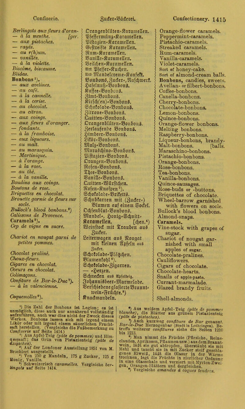 Bei-lingots aux fletirs d'oran- — ä la menthe. [ger. — aux pistaches. — rayes. — au r(h)um. — vanüles. — ä la violette. Biseöme, biscaume. Blidas. Bonbons *). — aux avelines. — au cafe. — ä la cannelle. — ä la cerise. — att chocolat. — «M eitron. — aux coings. — aux fleurs d'oranger. — fondants. — ä la framboise. — aux liqueurs. — au malt. — au marasquin. — Martinique. — ä Vorange. — ä la rose. — au the. — ä la vanüle. Boudins aux coings. Boutons de rose. Briquettes en chocolat. Brouettc garnie de fleurs sur socle. BuUock's blood bonbons.*) Calissons de Provence. Caramels ®). Cep de vigne en Sucre. Chariot en nougat garni de petites pommes. Chocolat praline. Choux-fleurs. Cigares en chocolat. Coeurs en chocolat. Colimagons. Confiture de Bar-le-Duc’’). — ä la valencienne. Coquemolles^). ? £5rangenbIüten»5?orQniclIen. I 5Pfefferntfl«j»i?arameIIen. I ^tfto5ien»JfarameIIen. 5 ©effveifte fforameßen. I 91itm»Ä^cirameI[en. I 58aniHc»ÄaramelIcn. < SieiId)en»i?ovamcIIen. I «rt 5J5feffev»^u(^en. I atrt- 5D?onbeIcreme=5?onfeft. I a3ouöünö,Sucter»,9iafd^tt)evI. I §ayeInu6»S9onbon§. } Ä'affeesSBonbüiiä. I 3init»S3ouboni. I( Äivf^(en)»S3onbojiä. ©c^ofolabe=93onbon§. 3itrone»Sonbon§. Öuitten=i8oiibon§. Orongenblüten-iBoiibouä. ^erlaufenbe Sottbonä. ? §tmbeer=S3onbon§. I £i!ör=93oubonl. I 9JfaIä»58onbon?. I 9Wara§c^tno=>58onbon3. I 5ßiftoäien=S3onbon3. I Drangen»58onbon3. I 9lDfen=S8onbon3. I jE^ee=93onbon3. ! SSanilIe»33onbon3. < Buitten-SSürftd^en. 9iofen=®nofben“). ; @c^ofolobe»93rilett3. ©c^iibfarren mit (3uctcr=) Slumen auf einem ©odel. I Dd^fenbIut=93onbon3. ? SWonbel«, §onig»@c^nitt=> Änraittcffett. [d^en.'*) SBeinftoct mit Jrouben au3 gudfer. fieiterroageit qu3 iRougnt i mit Ileinen iJtfjfeln au? 5 Siictcr. f @d^ofolobe=ipfti^d^en. I 83Iumenfol^I ®). < ®^ololabe=-3io<”^««* — -$etäen. \ Sc^neefen ous Mpfetteig. 3o|onni3beer=>2jtarmeIabe. S SSerfd^iebeneglafierteScannt* mein»t!rrüc^te.*) I ffnodmonbeln. Orange-flower caramels. Peppermin t-caramels. Pistachio-caramels. Streaked caramels. Rum-caramels. V anilla-caram eis. V iole t-caramels. Sort of honey-cake. Sort of almond-cream balls. Bonbons, candies, sweets. Avellan- or filbert-bonbons. Coffee-bonbons. Canella-bonbcns. Cherry-bonbons. Cbocolate-bonbons. Lemon-bonbons. Quince-bonbons. Orange-flower bonbons. Melfcing bonbons. Raspberry-bonbons. Liqueur-bonbons, brandy- Malt-bonbons. [balls. Maraschino-bonbons. Pistachio-bonbons. Orange-bonbons. Rose-bonbons. Tea-bonbons. V anilla-bonbons. Quince-sausages. Rose-buds or -buttons. Briquettes of chocolate. Wheel-barrow garnisbed with flowers on socle. Bullock’s blood bonbons. Almond-snaps. Caramels. Vine-stock with grapes of sugar. Chariot of nougat gar- nished with small apples of sugar. Chocolate-pralines. Cauliflowers. Cigars of chocolate. Chocolate-hearts. Snails of apple-paste. Currant-marmalade. Glazed brandy fruits. Shell-almonds. *) Die Zahl der Bonbons ist Legion; es ist onmöglich, diese auch nur annähernd vollständig aufzufuhren, auch war dies nicht der Zweck dieses Werkes. Bonbons lassen sich mit irgend einem Likör oder mit irgend einem säuerlichen Fruoht- saft hersteilen. (Vergleiche die Fußbemerkung zu Confiserie auf Seite 1414.) Aus Apfel-Teig (päte de ijommes; und Hirn- Ssejsaft; das Grün von Pistazienteig (päte de i9faches). ») Auf der Londoner Ausstellung 1851 von M Brochieri ausgestellt. ‘) Von 2.50 g Mandeln, 175 g Zucker, 125 g Honig, Vanille. ‘) Schweizerisch caramelles. Vergleiche ber- lingota auf Seite 1414. *) Aus weißem Apfel-Teig (päte de pommes blanche), die Blätter aus grünem Pistazienteig (pate de pistaches). ’) Auch kurzweg confiture de Bar genannt. Bar-le-Duc Herzogenbar (Stadt ln Lothringen). Be- treffs weiterer confitures siehe die Seiten 1210 bis 1213. *) Man nimmt die Früchte (Pfirsiche, Reine- clauden, Aprikosen, Pflaumen usw.) aus dem Brannt- wein, läßt sie gut abtropfen, überstäubt sie mit Mehl und taucht sie in mit Zucker steif geschla- genes Eiweiß, läßt die Glasur in der Wärme trocknen, legt die Früchte in zierlicher Ordnun in eine Glasschale und verziert mit Myrten-Zwei gen, Orangen-Blättern und dergleichen. •) Vergleiche amandes d coques tendrea.