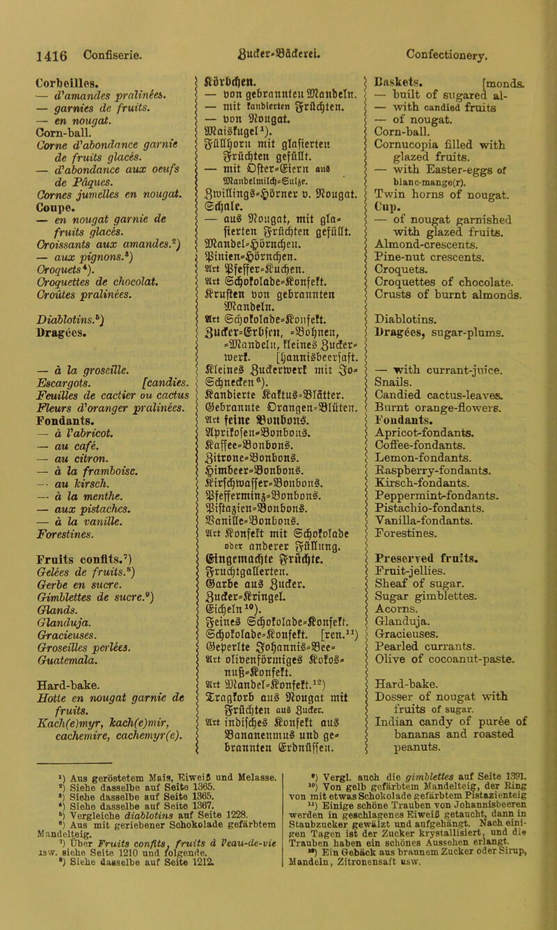 Corbeilles. — d'amandes pralinees. — garnies de fruits. — en nougai. Oom-ball. Corne d'dbondnnce garnie de fruits glaces. — d'ahondance aux oeufs de Päques, Oornes jumelles en nougai. Conpe. — en nougat garnie de fruits glaces. Croissants aux amandes.^) — arix pignons.^) Groquets* *). Oroquettes de chocolat. Croutes pralinees. Diablotins.’’) Dragees. — ä la groseüle. Escargots. [candies. Feuilles de cactier ou eactus Fleurs d'oranger pi'alinees. Fondants. — ä Vabricot. — au Cafe. — au citron. — ä la framhoise. -■ au kirsch. — d la menthe. — aux pistaches, — ä la vanille. Forestines. Fruits conflts.’) Gelees de fruits.^) Gerbe en sucre. Gimblettes de sucre.^) Glands. Glanduja. Gracieuses. Groseüles pen'leea, Guatemala. Hard-bake. Hotte en nougat garnie de fruits. Kach(e)myr, kach(e)mir, cachemire, cachemyr(e). Ijldt-bdjett. — tion gebrannten SKanbetn. — mit tonblerten grüd^ten. — öon Ötougot. äRaiöfugeP). g-üHIjorn mit glnfierteu grüßten gefüllt. — mit Dftcr»@iern an« tinaiibelmil(b«6ulie. 3wiHingg«=$örner n. Slougat. — auä 9?ougat, mit gla» fierten gi^ü^ten gefüllt. 2konbel»§örndjeH. Iißinien-^örnd^en. atrt ißfeffer»i£ucf)en. satt (Sd^oIoIabesÄonfeft. Stuften bon gebrannten akanbeln. «tt ©^oIoIabe»ßoiifeIt. 3U(fer=@rDfrn, »58oI)nen, »SJinnbcIu, tIeineS 3uder= Werl. [t;anni§becrfaft. Rlcineä 3“derWerI mit l ©c^necten®). Äanbierte Äaltu§’331ätter. ! ©ebrannte Orongen=S8Iütcn. 9irt feine ^üufionö. I 9lf}riIofen»i8onbou3. j Saffee»33onbDn§. I 3itsJone»S8onbon§. j §imbeer»S8onbon§. I ffiirf(^waffer=S8onboit§. 5ßfefferminä»93onbonö. I ii5iftaäien=S8onbon§. I 95anit(e=33onbon§. j satt .^onfeft mit ©c^ojolobe I ober anberer güHitng. } ©ingrmttdjtc grüd^tc. I gru^tgallerten. I ®arbe anä I 6i(^eln^°). I geineä ©^oIoIabe=ßonfeft. 5 ©(^ofoIabe=SonfeIt. [ren.“) > ©eperlte So^aiiw^'See» I sirt olibenförmigeS ßofoS» 5 nufe»ÄonfeIt. I sirt 9JianbeI=ÄonfeIt.^-) I Sragforb oug fkougot mit s grüd^ten ou8 ßudet. 5 satt inbif^eg ffionfelt ou§ > 93ananenmu§ unb ge- I brannten ©rbnüffeu. Daskets. [monds. — buüt of sugared al- — with candied fruits — of nougat. Corn-ball. Cornucopia filled witb glazed fruits. — witb Easter-eggs of blanc-mange(r). Twin horns of nougat. Cup. — of nougat gamished with glazed fruits. Almond-crescents. Pine-nut crescents. Groquets. Oroquettes of chocolate. Crusts of burnt almonds. Diablotins. Dragees, sugar-plums. — with currant-juice. Snails. Candied cactus-leaves. Burnt orange-flowers. Foudants. Apricot-fondants. Coffee-fondants. Lenaon-fondants. Baspberry-fondauts. Kirsch-fondants. Peppermint-fondants. Pistachio-fondants. V anilla-fondants. Forestines. Preserved fruits. Frnit-jellies. Sheaf of sugar. Sugar gimblettes. Acorns. Glanduja. Gracieuses. Pearled currants. Olive of cocoanut-paste. Hard-bake. Dosser of nougat with fruits of sugar. Indian candy of pur6e of bananas and roasted peanuts. *) Aus geröstetem Mais, 'Eiweifi und Melasse. *) Siehe dasselbe auf Seite 1365. •) Siehe dasselbe auf Seite 1365. *) Siehe dasselbe auf Seite 1367. *) Vergleiche diablotins auf Seite 1228. •) Aus mit geriebener Schokolade gefärbtem Mandelteig. ’) Uber Fruits confits, fruits d l’eau-de-vie isw. siehe Seite 1210 und folgende. '} Siehe dasselbe auf Seite 1212. •) Vergl. auch die gimblettes auf Seite l.Wl. Von gelb gefärbtem Mandelteig, der Ring von mit etwas Schokolade gefärbtem Pistazienteig **) Einige schöne Trauben von Johannisbeere werden in geschlagenes Eiweiß getaucht dann in Staubzucker gewälzt und anfgehängt. Nach eini- gen Tagen ist der Zucker krystallisiert. und die Trauben haben ein schönes .Aussehen erlangt. *•) Ein Gebäck ans braunem Zucker oder Sirup, Handeln, Zitronensaft usw.