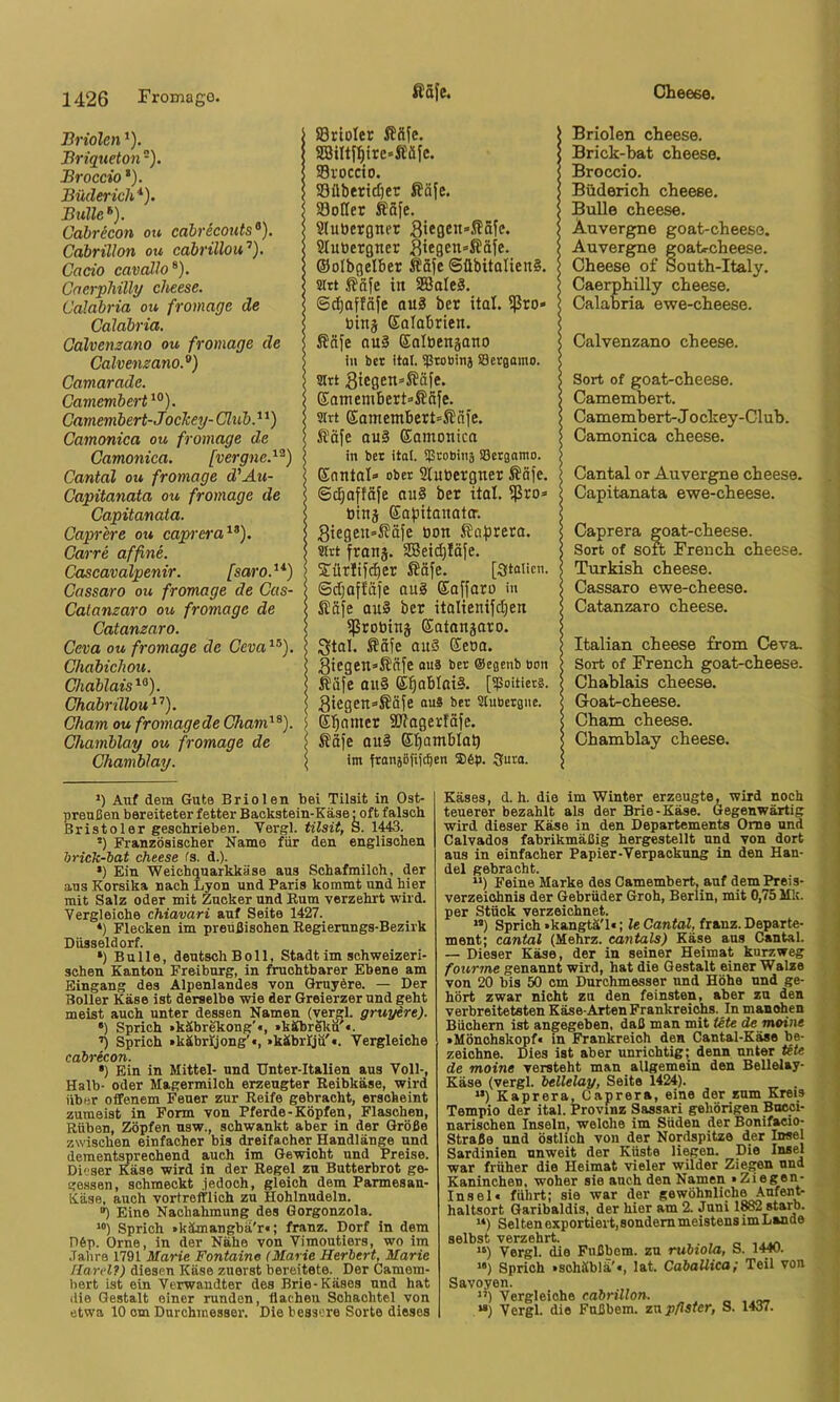 Briolcn ’). Briqueton). Broccio * *). Büderich*). Biille^). Cabrecon ou cabricoiits^). Cabrillon ou cäbrillou'’). Cacio cavcdlo^). Cncrphilly cheese. Calabria ou fromage de Calabria. Galvenzano ou fromage de Calvemano.^) Camarade. Camembert*^). Camembert-Joclcey- Club.^ *) Camonica ou fromage de Camonica. [vergne.*^) Cantal ou fromage d'Au- Capitanata ou fromage de Capitanata. Caprere ou caprera*^). Carre affine. Cascavalpenir. [saro. * *) Cassaro ou fromage de Cas- Catanzaro ou fromage de Catanzaro. Ceva ou fromage de Ceva*^). Chabichou. Qiablais*^). Chabrillou*’’). Cham ou fromagede Cham*^). Chamblay ou fromage de Chamblay. 58rioIer ßftfe. SBiltf^ire-Äöfe. Sroccio. Süberidjer ßäfe. iBoffer Äöfc. Sluocroner 3ie0En»Ä5fc. 3luüergner ^iegen=ffäfe. ©olbgelber Ä5fe ©übitoIienS. STrt Söfe in SBaIe3. @(^affäje oit§ ber ital. ißro- tiinj Ealobrien. Safe au§ ©albenjano ln bcr itol. iptotiinj SQeraamo. Slrt 3iegen»J?äfe. Kamembert-»ßäfe. 5trt Somembert^ii'nfe. ft'öfe au§ Eainonica in bet itol. iProbiiiä SSetgomo. Enntal» ober siuüergner Äöfe. ©c^affäfe au§ ber ital. ißro* btnj Eapitanatcr. 3iegeu»ßäfe öon S?Q|)rera. sitt frans. SBeidjföfe. Jürlifdier S?äfe. [3ftaiicn. ©djoffäfe aus Saffaro in ßäfe aus ber italienifdjen ißrobinj Eatanjaro. 3tal. ®äfe aus Keoa. .8iegen=<Snfe ouä ber ®egenb bon Ääfe aus ©^ablaiS. [ipoitiets. 3iegen»Säfe ouS ber ülubetgne. Edamer iOiagerfäfe. Ääfe aus El^ambla^ im fronsöfii'c^en ®6p. 3uro. Briolen cheese. Brick-bat cheese. Broccio. Büderich cheese. Bulle cheese. Auvergne goat-cheese. Auvergne goatccheese. Cheese of South-Italy. Caerphilly cheese. Calabria ewe-cheese. Calvenzano cheese. Sort of goat-cheese. Camembert. Camembert-Jockey-Club. Camonica cheese. Cantal or Auvergne cheese. Capitanata ewe-cheese. Caprera goat-cheese. Sort of soft French cheese. Turkish cheese. Cassaro ewe-cheese. Catanzaro cheese. Italian cheese from Ceva. Sort of French goat-cheese. Chablais cheese. Goat-cheese. Cham cheese. Chamblay cheese. *) Auf dem Gute Briolen bei Tilsit in Ost- preußen bereiteter fetter Backstein-Käse: oft falsch Bristoler geschrieben. Vergl. tilsit, S. 1443. *) Französischer Name für den englischen Jjrick-bat cheese (’s. d.). *) Ein Weichquarkkäse aus Schafmilch, der aus Korsika nach Lyon und Paris kommt und hier mit Salz oder mit Zucker und Eum verzehrt wird. Vergleiche chiavari auf Seite 1427. *) Flecken im preußischen Regierungs-Bezirk Düsseldorf. *) Bulle, deutschBoll. Stadtim schweizeri- schen Kanton Freibnrg, in fruchtbarer Ebene am Eingang des Alpenlandes von Gruyöre. — Der Boiler Käse ist derselbe wie der Greierzer und geht meist auch unter dessen Namen (verj:l. gruyere). •) Sprich »käbrekong'«, »kÄbreku'«. ’) Sprich »käbrfjon^«, »käbrljü'«. Vergleiche cabrecon. *) Ein in Mittel- und Unter-Italien aus Voll-, Halb- oder Magermilch erzeugter Reibkäse, wird über offenem Feuer zur Reife gebracht, erscheint zumeist in Form von Pferde-Köpfen, Flaschen, Rüben, Zöpfen usw., schwankt aber in der Größe zwischen einfacher bis dreifacher Handlänge und dementm)rechend auch im Gewicht und Preise. Dieser Käse wird in der Regel zu Butterbrot ge- gessen, schmeckt jedoch, gleich dem Parmesan- Käse, auch vortrefflich zu Hohlnudeln. ■q Eine Nachahmung des Gorgonzola. ‘“l Sprich »kämangbä'r«; franz. Dorf in dem D6p. Orne, in der Nähe von Vimoutiers, wo im .Tahre 1791 Marie Fontaine (Marie Herbert, Marie Harcl?) diesen Käse zuerst bereitete. Der Camem- bert ist ein Verwandter des Brie-Käses und hat liie Gestalt einer runden, flachen Schachtel von etwa 10 cm Durchmesser. Die bessere Sorte dieses Käses, d. h. die im Winter erzeugte, wird noch teuerer bezahlt als der Brie-Käse. Gegenwärtig wird dieser Käse in den Departements Ome und Calvados fabrikmäßig hergestellt und von dort aus in einfacher Papier-Verpackung in den Han- del gebracht. “) Feine Marke des Camembert, auf dem Preis- verzeichnis der Gebrüder Groh, Berlin, mit 0,75 Mit. per Stück verzeichnet. ”) Sprich »kangta'l«; le Cantal, franz. Departe- ment; cantal (Mehrz. cantals) Käse ans Cantal. — Dieser Käse, der in seiner Heimat kurzweg fourme genannt wird, hat die Gestalt einer Walze von W bis 50 cm Durchmesser und Höhe und ge- hört zwar nicht zu den feinsten, aber zu den verbreitetsten Käse-Arten Frankreichs. Jn man oben Büchern ist angegeben, daß man mit täte dejnoine »Mönchskqpf« in SYankreioh den Cantal-Käse be- zeichne. Dies ist aber unrichtig;_ denn unter Ute de moine versteht man allgemein den Bellelay- Käse (vergl. bellelay, Seite 1424). . *’) Kaprera, Caprera, eine der zum Kreis Tempio der ital. Provinz Sassari gehörigen Bneoi- narischen Inseln, welche im Süden der Bonifacio- Straße und östlich von der Nordspitze der Insel Sardinien unweit der Küste li^en. Die Insel war früher die Heimat vieler wilder Ziegen und Kaninchen, woher sie auch den Namen »Ziegen- Inselt führt; sie war der gewöhnliche Aufenb haltsort Garibaldis, der hier am 2. Juni 1882 staib. “) Sei ten exportiert, sondern meistens im Lande selbst verzehrt. “) Vergl. die Fußbera. zu rubiola, S. 1440. “) Sprich .sohäblä'*, lat. CabaUica; Teil von Savoyen. ”) Vergleiche cabrillon. “) Vergl. die Fußbem. zapfister, S. 1437.
