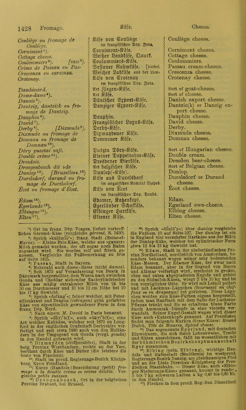 Conlüge ou fromage de Conlicgc. Cornimont * *}. Cottage cheese. Coulommiers^). [saio’^). Creme de Fassau ou Pas- Crescenza ou carsenza, Crotenay. Davibinard. Davie-dame*). Danois^). Dantzig, dantzick ou fro~ mage de Dantzig. Daujjhin ®). David’’). Derby ^). [Dixmude°). Dixmude ou fromage de Domnau ou fromage de Domnau *®). Döry ptisztai sajt. Double creme’-'-). Dresdois. Droogenbosch dit ide Dunlop’’’). [Bruxelles«.'^) Durelsdorf, durand ou fro- mage de Durelsdnrf. J^cot ou fromage d'Deot. ^Jdam'*). Dgerlande *®). Elbingue'^). Elten’’’). Släfe bon Eoultöge im ftaiijSfUc^en ®§b- 3»nt ®ornimont»J?aie, SSeiger Sonbtäfc, Ouarl. EouIontmiev8»S!äfe. 8iat)mfäfe. [üarbci. SBeic^er ßabläfe ou3 bei Monu Säfe bon ©rotenat) im fransörticljeu ®6p. 3ma. 9trt sm Säje. ©änif^ev ®jbort*ßäfe. Sanjiger ®Eport=^äfe. ©aupl^in. gratt5ofifd)er SuEU§=>Säfe. ®erb^»Säfe. ®ijmu^bener Säfe. ®omnauer S?äfe. 5pu§jta ®ör^=ßö|e. kleiner $ot)i)eIrQbm=>Säfe. ®re§bener Sierläfe. atit belgifd)er £äfe. ®unIo:b(=’Ääfe). täfe au§ ®ureI§borf im ungotUcben Somitat Sä^beS. iJäfe bon Ecot im franiöfift^en ®6p. ®ou6ä. ©bomer, Äafeenfobf. ©gerlanber ©c^affäfe. ©Ibtnger §artfäfe. ©Itener IConliöge cheese. Cornimont cheeso. Cottage cheese. Coulommiers. ; Passau cream-cheeso. ! Crescenza cheese. I Crotenay cheese. ISort of goat-cheese. Sort of cheese. Danish export cheese. Dantzic(k) or Danzig ex- port cheese. Dauphin cheese. David cheese. Derby. Dixmude cheese. Domnau cheese. Sort of Hungarian cheese. Double cream. Dresden heer-cheese. Sort of Belgian cheese. Dunlop. Durelsdorf or Durand cheese. Ecot cheese. Edam. Egerland ewe-cheesa Elbing cheese. Elten cheese. ‘) Ort im franz. D6p. Vosges, liefert vortreff- lichen G6rom6-Käse (vergleiche gerome, S. 1430). *) Sprich »kulömfe'«; franz. Stadt (Seine-et- Marne). — Kleine Brie-Käse, welche ans »ganzer« Milch gemacht werden, der oft sogar noch Rahm zugesetzt wird. Sie werden reif und frisch ge- nossen. Vergleiche dis Fußbemerkung zu brie auf Seite 1425. *) Passau, Stadt in Bayern. *) Mehrzahl auch dame-dame (nicht dames). *) Seit 1875 auf Veranlassung von Busck in Dänemark hergestellter, dem Wesen nach zwischen Gouda und Cheddar stehender flachcylindrischer Käse aus mäßig entrahmter Milch von 24 bis 30 cm Durchmesser und 10 bis 12 cm Höhe bei 10 bis 17 kg Gewicht. ®) Sprich »dofäng «; feiner weicher, mit Peter- silienkraut und Dra^n (estragon) grün gefärbter Käse von eigentümlich gewundener Form in dem franz. D6p. Nord. ’) Nach einem M. David in Paris benannt. ®) Sprich »do(r)'b(I)«, auch »dä(r)'b(I)«; eine Art weicher Kuhkäse, welcher seit 1870 zu Long- ford in der englischen Grafschaft Derbyshire ver- fertigt und seit etwa 1880 auch von den Hollän- dern in der Umgegend von Gouda (vergl. gouda) in den Handel gebracht wird. ’) Dixmuyden (»bidSmeubcn«), Stadt in der belg. Provinz Westflandern, rechts an der Yser, berühmt durch Käse und Butter (die letztere die beste von Flandern). “) Stadt im preuß. Regierungs-Bezirk Königs- berg, Kreis Friedland. “) Kurze (Handels-)Bezeichnung (petit) fro- mage d la double creme ou creme double. Ver- gleiche petits suisses. ”) Droogenbosch, Ort in der belgischen Provinz Brabant, bei Brüssel. “) Sprich »donlö'p«; über dunlop vergleiche die Fußbem. 10 auf Seite 527. Der dunlop ist ein ln England viel verzehrter Hartkäse aus der Milch der Dunlop-Kühe, welcher bei cylindrischer Form etwa 12 bis 15 kg Gewicht hat. “) Edam, Stadt in der niederländischen Pro- vinz Nordholland, nordöstlich von Amsterdam, be- sonders bekannt wegen seiner sehr bedeutenden Käse-Messen. Der Edamer Käse, der zwar nach Edam benannt, aber in der Gegend von Hoorn und Alkmar verfertigt wird, erscheint in großen, oben und unten abgeplatteten Kugeln und gehört zu den Süßmiloh-Käsen, wiegt 2 bis 10 kg und ist von vorzüglicher Güte. Er wird mit Leinöl poliert und mit Lackmus-Läppchen (tournesol en Chif- fons ou en drapeaux) rot gerieben. Diese Läpp- chen werden zum Käse-Färben eigens hergestellt, indem man Hanftuch mit dem Safte der Lackmus- Pflanze tränkt und die so erhaltene blaue Farbe durch Ammoniak - Dämpfe in eine violette ver- wandelt. Seiner Kugel-Gestalt wegen wird dieser Käse auch .Katzenkopf« genannt. Auf Preislisten findet man folgende Marken dieses Käses: Round Dutch, Tete de Maures, Spiced cheese. >) Das sogenannte Egerland, mit deutschen EiuwohnorD, die sich durch Lebensweise, Tracht und Sitten auszeiolmen, fällt im wesentlichen mit der böhmischen Bezirkshauptmannsohaft Eg er zusammen. . ,_ >«) Elbing (poln. Elblong), wichtige Han- dels- und Hafenstadt (Stadtkreis) im westpreuß. Regierungs-Bezirk Danzig, am gleichnamigen FUm und an der Linie Dirschau-Königsberg der Preu- ßischen Staatsbahn. — Dieser Käse, auch »Elbin- ger Niederungs-Käse« genannt, kommt in runde' , 5 bis 7 kg schweren Laiben ä kg 0,40 bis 0,60 Mk in den Handel. „ „ *’) Flecken in dem preuß. Reg.-Bez. Düsseldorf.