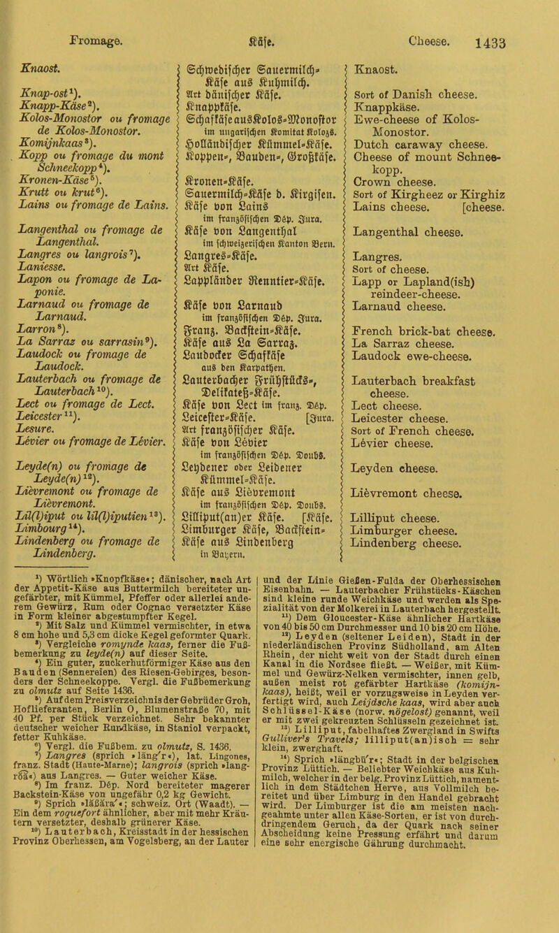 Knaost. Knap-ost^). Knapp-Käse^). Kolos-Monostor ou fromage de Kolos-Monostor. Komynkaas *). Kopp ou fromage du mont ScJmeekopp*). Kronen-Käse^). Krutt ou krut^). Lains ou fromage de Lains. Langenthal ou fromage de Langenthal. Langres ou langrois’’). Laniesse. Lapon ou fromage de La- ponie. Larnaud ou fromage de Larnaud. Larron *). La Sarraz ou sarrasin^). Laudock ou fromage de Laudock. Lauterbach ou fromage de Lauterbach Lect ou fromage de Lect. Leicester Lesure. Levier ou fromage de Levier. Leyde(n) ou fromage de Leyde(n) Lievremont ou fromage de Lievremont. Lü(l)iput ou lil(l)iputien^^). Limbourg ^*). Lindenberg ou fromage de Lindenberg. ©d^ttebif(^er ©auermilc^» Ääfe au§ sitt bänifc^et Jfäfe. ^fnotJbläfe. ©c^of fäfe au§ÄoIo§»SWonoff or im unaotiic^en fiomltot Jtoloja. §oflänbifcf)er i?ümmel»i?äfe. Soppen», SSouben*, ©rogtäfe. Äronen»S?äfe. ©ouermtlc^a^äfe b. Sirgifen. ^äfe öon SainS im fton3öfi(d^en D6}). 3uro. Safe öon SongentI)oI im {d)Weiäeri|c^en Sfanton SSerii. Sangre§»Säfe. att Safe. SafJfJlönber 3flenntter=>Säfe. Säfe öon fiarnoub im franä8flf(^en 3uro. grans. a3adftein=Säfe. Safe au3 Sa ©arvoj. Sauboder ©d^offöfe QuS ben RotbatScn. Sauterbac^er grüljftütfs», Seliloteß’Säfe. Säfe öon Sect im ftaiij. ®ep. Seicefter^Säfe. [9uro. art franjöfifdjer Säfe. Säfe bon Sebier im franabfii^cn S6p. ®oub8. Se^beiter ober Seibeiier SilmtneI=Säfe. Säfe au§ Siebremout im fronjörtft^en ®6p. ®ouB8. Sillif)ut(an)er Säfe. [Säfe. Stmburger Säfe, 93adftein» Säfe aii3 Sinbenberg in iöai;ern. Knaost. Sort of Danisli cheese. Knappkäse. Ewe-cheese of Kolos- Monostor. Dutch caraway cheese. Cbeese of mount Scbnee- kopp. Crown cheese. Sort of Kirgheez or Kirgbiz Lains cbeese. [cheese. Langenthal cheese. Langres. Sort of cheese. Lapp or Lapland(ish) reindeer-cheese. Larnaud cheese. French brick-hat cheese. La Sarraz cheese. Laudock ewe-cheese. Lauterbach breakfast cheese. Lect cbeese. Leicester cheese. Sort of French cheese. L6vier cheese. Leyden cheese. Lievremont cheese. Lilliput cheese. Limburger cheese. Lindenberg cheese. *) Wörtlich »Enopfkäse«; dänischer, nach Art der Appetit-Käse aus Buttermilch bereiteter un- gefärbter, mit Kümmel, Pfeffer oder allerlei ande- rem Gewürz, Rum oder Cognac versetzter Käse in Form kleiner abgestumpfter Kegel. ’) Mit Salz und Kümmel vermischter, in etwa 8 cm hohe und 5,3 cm dicke Kegel geformter Quark. •) Vergleiche romynde Icaas, ferner die Fuß- bemerkung zu leyde(n) auf dieser Seite. *) Ein guter, znckerhutförmiger Käse aus den Bauden (Sennereien) des Riesen-Gebirges, beson- ders der Schneekoppe. Yergl. die Fußbemerkung zu olmutz auf Seite 1436. ‘) Auf dem Preisverzeichnis der Gebrüder Groh, Hoflieferanten, Berlin 0, Blumenstraße 70, mit 40 Pf. per Stück verzeichnet. Sehr bekannter deutscher weicher Rundkäse, in Staniol verpackt, fetter Kuhkäse. ®) Vergl. die Fußbem. zu olmutz, S. 1436. ’) Langres (sprich «lang'r«), lat. Lingones, franz. Stadt (Hante-Marne); langrois (sprich »lang- rSS«) aus Langres. — Guter weicher Käse. ®) Im franz. D6p. Nord bereiteter magerer Backstein-Käse von ungefähr 0,2 kg Gewicht. *) Sprich »läßära'«j Schweiz. Ort (Waadt). — Ein dem roquefort ähnlicher, aber mit mehr Kräu- tern versetzter, deshalb gränerer Käse. “) Lauterbach, Kreisstadt in der hessischen Provinz Oberhessen, am Vogelsberg, an der Lauter und der Linie Gießen-Fulda der Oberhessisohen Eisenbahn. — Lauterbacher Frühstücks-Kaschen sind kleine runde Weichkäse und werden als Spe- zialität von der Molkerei in Lauterbach hergestellt “) Dem Gloucester-Käse ähnlicher Hartkäse von 40 bis 50 cm Durchmesser und 10 bis 20 cm Höhe. ”) Leyden (seltener Leiden), Stadt in der niederländischen Provinz Südholland, am Alten Rhein, der nicht weit von der Stadt durch einen Kanal in die Nordsee fließt — Weißer, mit Küm- mel und Gewürz-Nelken vermischter, innen gelb, außen meist rot gefärbter Hartkäse (koniijn- kaas), heißt, weil er vorzugsweise in Leyden ver- fertigt wird, auch Leijdsche kaas, wird aber auch Schlüssel-Käse (norw. wöp'eZosy genannt, weil er mit zwei gekreuzten Schlüsseln gezeichnet ist “) Lilliput, fabelhaftes Zwergland in Swifts Gulliver''s Travels; lilliput(an)isch = sehr klein, zwerghaft '*) Sprich »längbü'r«; Stadt in der belgischen Provinz Lüttich. — Beliebter Weichkäse aus Kuh- milch, welcher in der belg. Provinz Lüttich, nament- lich in dem Städtchen Herve, aus Vollmilch be- reitet und über Limburg in den Handel gebracht wird. Der Limburger ist die am meisten nach- geahmte unter allen Käse-Sorten, er ist von durch- dringendem Geruch, da der Quark nach seiner Abscheidung keine Pressung erfährt und darum eine sehr energische Gährung durchmacht.