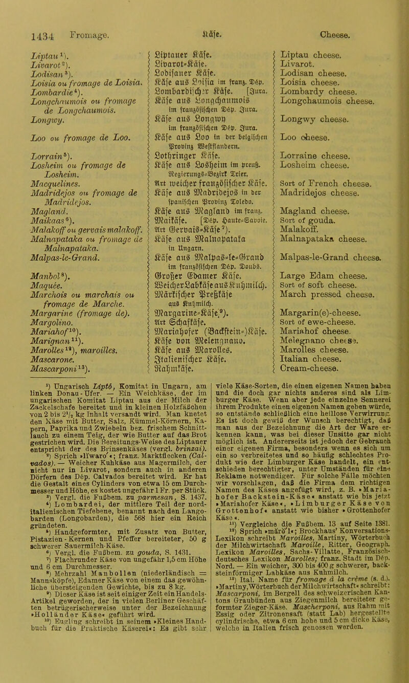 i ßi^tauer fiäfe. > fiiearot'Ääje. I ßobifaitev Ääfe. > Ääfe auä ßiifto im ftanj. »6»). I ßombarbiidj.'r i?äfe. [3uto. ^ iBnfe ou§ ßonflc^niimoiS ^ im ftou5dfi{(^en 3iita. s Sfäfe au§ ßonfllut) I im ftanäöfijdjcn iDfp. 3uro. i?ä|e au§ ßoo in bet 6elgijcf)en > iJStoöinj ®eftflnnbetn. I ßotbringer Stnje. I Ääfe ait§ Soäl^etm im btcu6. < SlegictmifläsSBejirl Stier. Wtt wetdjer franjöfifcficr S^äie. I Ääfe ait§ 501abribejo§ in bet s fbttnifc^en ißtobinä Solebo. I ^öfe auö SFJogfanb im ftaus. > SöJailäfe. [®6p. §aute=Sauoie. Sltt ®eröat§»Säfe’). XJäfe au§ SJialnoßatafa ! in Ungarn. I ßöfe au§ 9JinIßa§»Ie=®ronb < im ftanäBrdd)en ®6p. ffioubä. I ©rofier ®bamer Siä\e. \ SBei^erßabfäfeauSftiitjmildj. 9JlärIifc!^er 5ßre§fäl'e > au§ fiutjmiltf). 9!Jfargorine=^äfe'®). Sirt 6d)afföfe. 3)ionn:^0fer (S3adftcm=)ßiiie. Safe öon SWelengnauu. 5 Säje au3 SRorolieö. \ ;gtaHent)d;er ^^äfe. \ 9tat;mTSfe. I Liptau cheese. I Livarot. I Lodisan cheese. I Loisia cheese. ; Lombardy cheese. ; Longchaumois cheese. / I Longwy cheese. ) Loo cheese. / ) ! Lorraine cheese. I Losheim cheese. < ■ Sort of French cheese. Madridejos cheese. Magland cheese. Sort of gouda. ( Malakoff. I Malnapataka cheese. I Malpas-le-Grand cheese. I Large Edam cheese. Sort of soft cheese. \ March pressed cheese. IMargarin(e)-cheese. Sort of ewe-cheese. , Mariahof cheese. Melegnano cheese. Marolies cheese. I Itahan cheese. ) Cream-cheese. lAptnu * *). Livarot). Lodisan ®). Loisia ou fromage de Loisia, Lombardie*). Longchaumois ou fromage de Longchaumois. Longiug. Loo ou fromage de Loo. Lorrain^). Losheim ou fromage de Losheim. Macquelines. Madridejos ou fromage de Madridejos. Magland. Maikaas ®). Malakoff ou ge^-vais malakoff. Mahiapataka ou fromage de Malnapataka. Malpas-le-Ghrand. Manbol*). Maquee. Marchois ou marchais ou fromage de Marche. Margarine (fromage de). Margolino. Mariahof^^). Marignan Marolies ^*), maroilles. Mascarone. Mascarponi^^). ‘) Ungarisch Liptö, Komitat in Ungarn, am linken Donau-Ufer. — Ein Weichkäse, der im ungarischen Komitat Liptau ans der Milch der Zackeischafe bereitet und in kleinen Holzfäüchen von 2 bis 2‘/2 kg Inhalt versandt wird. Man knetet den Käse mit Butter, Salz, Kümmel-Kömem, Ka- pern, Paprika und Zwiebeln bez. frischem Schnitt- lauch zu einem Teig, der wie Butter auf das Brot gestrichen wird. Die Bereitungs-Weise des Liptauer entspricht der des Brinsenkäses (vergl. hrimai). *) Sprich »llwaro'c; franz. Marktflecken (Cal- vados). — Weicher Kuhkäse aus Magermilch, der nicht nur in Livarot, sondern auch in anderen Dörfern des D6p. Calvados bereitet wird. Er hat die Gestalt eines Cylinders von etwa 15 cm Durch- messer und Höhe, es kostet ungefähr 1 Fr. per Stück. •) Vergl. die Fußbem. zaparmesan, S. 1437. *) Lombardei, der mittlere Teil der nord- italienischen Tiefebene, benannt nach den Lango- barden (Longobarden), die 563 hier ein Reich gründeten. ‘) Handgeformter, mit Zusatz von Butter, Pistazien - Kernen und Pfefl’er bereiteter, 50 g schwerer Sauermilch-Käse. Vergl. die Fußbem. zu gouda, S. 1431. ’) Flachrnnder Käse von ungefähr 1,5 cm Höhe und 6 cm Durchmesser. •) Mehrzahl Manbollen (niederländisch = Mann.sköpfe), Edamer Käse von einem das gewöhn- liche übersteigenden Gewichte, bis zu 8 kg. •) Dieser Käse ist seit einiger Zeit einHandels- Artikel geworden, der in vielen Berliner Geschäf- ten betrügerischerweise unter der Bezeichnung »Holländer Käse« geführt wird. Eugling schreibt in seinem »Kleines Hand- buch für die Praktische Käserei«: Es gibt sehr viele Käse-Sorten, die einen eigenen Namen haben und die doch gar nichts anderes sind als Lim- burger Käse. Wenn aber jede einzelne Sennerei ihrem Produkte einen eigenen Namen geben würde, so entstände schließlich eine heillose Verwirrung. Es ist doch gewiß der Wunsch berechtigt, daß man aus der Bezeichnung die Art der Ware er- kennen kann, was bei dieser Unsitte gar nicht möglich ist. Andererseits ist jedoch der Gebrauch einer eigenen Firma, besonders wenn es sich um ein so verbreitetes und so häufig schlechtes Pro- dukt wie der Limburger Käse handelt, ein ent- schieden berechtigter, unter Umständen für eine Reklame notwendiger. Für solche Fälle möchten wir Vorschlägen, daß die Firma dem richtigen Namen des Käses angefügt wird, z. B. »Maria- hofer Backstein-Käse« anstatt wie bis jetzt »Mariahofer Käse«, »Limburger Käse von Grottenhof« anstatt wie bisher »Grottenhofer “) Vergleiche die Fußbem. 13 auf Seite 1381. “) Sprich »märö'l«; Brockhaus’ Konversations- Lexikon schreibt Maroilles, Martiny, Wörterbuch der Milchwirtschaft Maroille, Ritter, Geograph. Lexikon MaroiUes, Sachs-Villatte, Französisch- deutsches Lexikon Marolies; franz. Stadt im DSp. Nord. — Ein weicher, 300 bis 4(X) g schwerer, back- steinförmiger Labkäse aus Kuhmilch. ’•) Ital. Name für fromage d la crime (s. d.). »Martiny,Wörterbuch der Milchwirtschaft« schreibt: Mascarponi, im Bergeil des schweizerischen Kan- tons Graubünden aus Ziegenmilch bereiteter ge- formter Zieger-Käse. Mascherponi, aus Rahm mit Essig oder Zitronensaft (statt Lab) hergestellt-i cylindrisohe, etwa 6 cm hohe und 5 cm dicke Käse, welche in Italien frisch genossen werden.