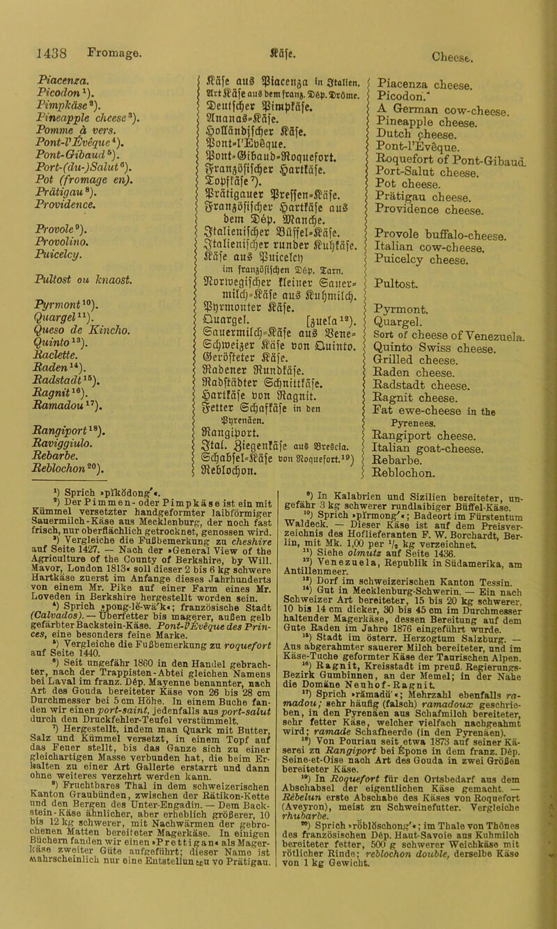 Piacenza. Picodon ^). PimpJcäse ®). Pineapple cheese Pomine ä vers. Pont-VJSveque *). Pont-CHbaud ®). Port-(du-)Salut’^). Pot (fromage en). Prätigau^). Providence. Provole ®). Provolino. Puicelcy. Pultost Olt knaost. Pyrmont^^). QuargeV^). Queso de Kincho. Quinto ^®). Baclette. Baden *■*). Badstadt^^). Bagnit Bamadou^’’). Bangiport^^). Baviggiulo. Bebarbe. Beblochon ®°). l?äfe aus 5)3iacen5a in gtoiien. Wrt Säfe ou8 bf m ftonj. ® 6b. ®töme. ®eu(fd^er 5ßim})föfe. Stnonaä-ifäfe. ^ottönbUc^er Sfäfc. $ont»I’Eb§que. 5ßoiit» ®iBaub»^oquefort. granjöftjd^er §artlä|e. Xobflafe’). ??rfttigauer 5ßreffcn=5Säfe. granjöftf^er Jgarträfe ou2 bem SDlnnc^e. Slalienifc^er S3üffel»töfe. Stalienifcljer runber S?ul^fäfc. ßäfe au§ 5ßuicelct) im franaßfift^en E6b. ®arn. SRoriregif^er Heiner ©aner* * ntUdj=fäfe ouä $qrmonter Äafe. Qunrgel. [äuera^®). ©auermUcTj^S'äfe auä Sßene» ScIjlDeijer Ääfe oon Quinto. ©eröfteter ßäfe. SRabener fRunbföfe. JRabftäbter ©d^nittfnie. §ortIäfe bon ä^agnit. geltet ©c^offäfe in ben iPbtenöen. 8tangit)ort. Stai. giegenlSfe ou§ S8rc?da. ©(j^aBfeI=Jfäfe ton {Roquefort.*®) 9tebIod^on. Piacenza cheese. Picodori.” A German cow-cheese. Pineapple cheese. Dutch pheese. Pont-l’E vSque. Roquefort of Pont-Gihaud. Port-Salut cheese. Pot cheese. Prätigau cheese. Providence cheese. Provole buffalo-cheese. Italian cow-cheese. Puicelcy cheese. Pultost. Pyrmont. Quargel. Sort of cheese of Venezuela. Quinto Swiss cheese. Grilled cheese. Raden cheese. Radstadt cheese. Ragnit cheese. Fat ewe-cheese in the PjTenees. Rangiport cheese. Italian goat-cheese. Rebarbe. Rehlochon. *) Sprich *prködong:'«. *) Der Pimmen- oder Pimpkäse ist ein mit Kümmel versetzter handgeformter laibförmiger Sauermilch-Käse aus Mecklenburg, der noch fast frisch, nur oberflächlich getrocknet, genossen wird. •) Vergleiche die Pußbemerkung zu cheshire auf Seite 1427. — Nach der »General View of the Agriculture of the County of Berkshire, hy Will. Mavorj London 1813« soll dieser 2 bis 6 kg schwere Hartkäse zuerst im Anfänge dieses Jahrhunderts von einem Mr. Pike auf einer Farm eines Mr. Loveden in Berkshire hergestellt worden sein. *) Sprich »pong-le-wä'k«; französische Stadt (Calvados). — TJberfetter bis magerer, außen gelb gefärbter Backstein-Käse. Pont-VEvequedes Prin- ces, eine besonders feine Marke. *) Vergleiche die Fußbemerkung zu ronuefort auf Seite 1440. ) Seit ungefähr 18G0 in den Handel gebrach- ter, nach der Trappisten - Abtei gleichen Namens bei Laval im franz. D6p. Mayenne benannter, nach Art des Gouda bereiteter Käse von 26 bis 28 cm Durchmesser bei 5 cm Höhe. In einem Buche fan- den wir einen port-saint, jedenfalls aus port-salut durch den Druckfehler-Teufel verstümmelt. *) Hergestellt, indem man Quark mit Butter, Salz und Kümmel versetzt, in einem Topf auf das_ Feuer stellt, bis das Ganze sich zu einer gleichartigen Masse verbunden hat, die beim Er- kalten zu einer Art Gallerte erstarrt und dann ohne weiteres verzehrt werden kann. ’) Fruchtbares Thal in dem schweizerischen Kanton Graubünden, zwischen der Rätikon-Kette und den Bergen des Unter-Engadin. — Dem Baok- stein-Käse ähnlicher, aber erheblich größerer, 10 bis 12 kg schwerer, mit Naohwärmen der gebro- chenen Matten bereiteter Magerkäse. In einigen Büchern fanden wir einen »Prettigan« als Mager- käse zweiter Güte aufgefttlirt; dieser Name ist Mahrschemlich nur eine Entstellun t«u vo Prätigau. •) In Kalabrien und Sizilien bereiteter, un- gefähr 3 kg schwerer rundlaibiger Büffel-Käse. ‘“1 Sprich »pirmong^«; Badeort im Fürstentum Wal deck. — Dieser Käse ist auf dem Preisver- zeichnis des Hoflieferanten F. W. Borchardt, Ber- lin, mit Mk. 1,00 per */* kg verzeichnet. **) Siehe olmutz auf Seite 1436. ”) Venezuela, Republik in Südamerika, am Antillenmeer. **) Dorf im schweizerischen Kanton Tessin. **) Gut in Mecklenburg-Schwerin. — Ein nach Schweizer Art bereiteter, 15 bis 20 kg schwerer, 10 bis 14 cm dicker, 30 bis 45 cm im Durchmesser haltender Magerkäse, dessen Bereitung auf dem Gute Baden im Jahre 1876 eingeführt wurde. Stadt im österr. Herzogtum Salzburg. — Aus abgerahmter sauerer Milch bereiteter, und im Käse-Tuche geformter Käse der Taurischen Alpen. **) Bagnit, Kreisstadt im preuß. Regierungs- Bezirk Gumbinnen, an der Memel; In der Nähe die Domäne Neuhof-Ragnit. *’) Sprich »rämadu'«; Mehrzahl ebenfalls ra- madou; sehr häufig (falsch) ramadoux geschrie- ben, in den Pyrenäen ans Schafmilch bereiteter, sehr fetter Käse, welcher vielfach nachgeahmt wird; ramade Schafheerde (in den Pyrenäen). )•) Von Ponriau seit etwa 18T3 auf seiner Kä- serei zu Rangiport bei Epone in dem franz. D6p. Seine-et-Oise nach Art des Gouda in zwei Größen bereiteter Käse. ’*) In Roquefort für den Ortsbedarf aus dem Abschabsel der eigentlichen Käse gemacht. — Rebelun erste Abschabe des Käses von Roquefort (Aveyron), meist zu Schweinefutter. Vergleiche rhuharbe. **) Sprich »röblöschong'«; im Thale von Thöne-s des französischen D6p. Haut-Savoie aus Kuhmilch bereiteter fetter, 50() g schwerer Weichkäse mit rötlicher Rinde; reblochon double, derselbe Käse von 1 kg Gewicht.