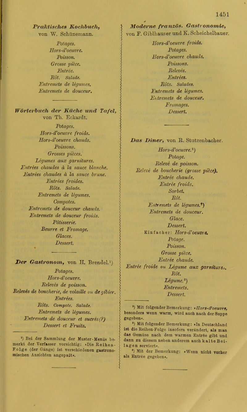 Praktisches Kochbuch, von W. Schünemann. Potages. Hors-d'Oeuvre. Poisson. Grosse piece. Entree. Mot. Salade. Entremets de legumes. Entremets de douceur. WörterbncJi der Küche und Tafel, von Th. Eckardt. Potages. Hors-d'Oeuvre froids. Hors-d'oeuvre chauds. Poissons. Grosses pi'eces. Legumes aux garnitures. Entrees chaudes ä la sauce blanche. Entrees chaudes ä la sauce brune. Entrees froides. Möts. Salade. Entremets de legtmes. Compotes. Entremets de douceur chauds. Entremets de douceur froids. Patisserie. Beurre et Fromage. Glaces. Dessert. Der Gastronom, von H. Brendel.') Potages, Hors-d'oeuvre. Meleves de poisson. Meleves de boucherie, de volaille ou degtbier. Entrees. Möts. Compote. Salade. Entremets de legumes. Entremets de douceur et Sucres (?) Dessert et Fruits. •) Bei der Sammlung der Muster-Menüs be- merkt der Verfasser vorsichtig: »Die Reihen- Folge (der Gänge) ist verschiedenen gastrono- mischen Ansichten angepadt«. Moderne fransös. Gastronomie, von F. Giblhauser und K. Scheicheihauer. Hors-d'oeuvre froids. Potages. Hors-d'oeuvre chauds. Poissons. Meleves. Entrees. Möts. Salades. Entremets de legumes. Entremets de douceur. Frumages. Dessert. Das Diner, von E. Stutzenbacher. Hors-d'oeuvre.^) Potage. Meleve de poisson. Meleve de boucherie (grosse piece). Entree chaude. Entree froide. Sorbet. Möt. Entremets de legumes.'^) Entremets de douceur. Glace. Dessert. Einfacher: Hors-d'oeuvre. Potage. Poisson. Grosse piece. Entree chaude. Entree froide ou Legume aux garnitures. Möt. Legume.^) Entremets. Dessert. *) Mit folgender Bemerkung: »Hors-d’oeuvre, besonders wenn warm, wird auch nach der Suppe gegeben«. ’) Mit folgender Bemerkung: »In Deutschland ist die Reihen-Folge insofern verändert, als man das Gemüse nach dem warmen Entröe gibt und dann zu diesem neben anderem auch kalteBei- lagen serviert«. *) Mit der Bemerkung: »Wenn nicht vorher als Entrfee gegeben«.