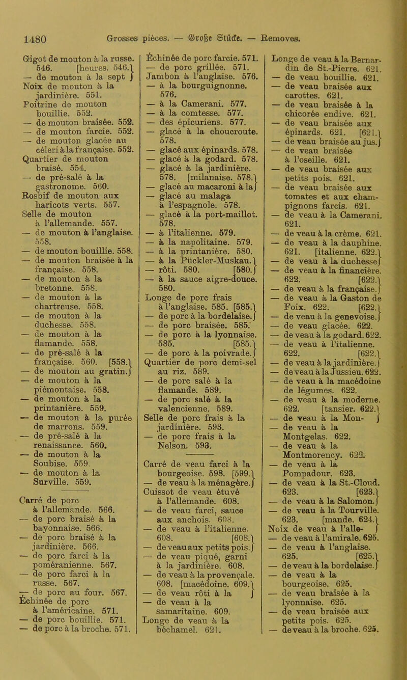 Gigot de mouton ä, la russe. 646. [heures. ö46.'l — de mouton ä la sept j Noix de mouton ä, la jardiniere. 551. Poitrine de mouton bouillie. 552. — de mouton brais6e. 552. — de mouton farcie. 552. — de mouton glacee au c61eriälafran9aise. 552. Quartier de mouton braise. 554. — de pre-sale ä la gastronome. 560. Rosbif de mouton aux baricots verts. 557. Seile de mouton ä. l’allemande. 557. — de mouton ä l’anglaise. 558. — de mouton bouillie. 558. — de mouton braisee ä la fran9aise. 558. — de mouton ä la bretonne. 558. — de mouton ä la cbartreuse. 558. — de mouton ä la ducbesse. 558. — de mouton ä la flamande. 558. — de pre-sale ä la fran9aise. 560. [558.1 — de mouton au gratin.J — de mouton ä la piemontaise. 558. — de mouton ä la printaniere. 559. — de mouton k la puree de marrons. 559. — de pre-sale ä la renaissance. 560. — de mouton k la Soubise. 559. — de mouton ä la Surville. 559. Carr6 de porc k l’allemande. 566. — de porc brais6 ä la bayonnaise. 566. — de porc braise k la jardinifere. 566. — de porc farci k la omeranienne. 567. e porc farci ä la russe. 567. -7- de porc au four. 567. Ecbin6e de porc 6, l’am6ricaine. 571. — de porc bouillie. 571. — de porc ä la brocbe. 571. fichinöe de porc farcie. 571. — de porc grillte. 571. Jambon ä, l’anglaise. 576. — ä la bourguignonne. 576. — ä la Camerani. 577. — ä. la comtesse. 577. — des epicuriens. 577. — glace k la cboucroute. 578. — glac6 aux epinards. 578. — glace ä la godard. 578. — glac6 k la jardinifere. 578. [milanaise. 578.1 — glace au macaroni ä laj — glacö au malaga ä l’espagnole. 578. — glac6 k la port-maillot. 578. — k l’itaüenne. 579. — & la napolitaine. 579. — ä la printaniere. 580. — ä la Pückler-Muskau. 1 — roti. 580. [580. J — k la Sauce aigre-douce. 580. Longe de porc frais ä l’anglaise. 585. [585.1 — de porc k la bordelaise.J — de porc braisee. 585.' — de porc ä la lyonnaise. 585. [585.1 — de porc ä la poivrade.J Quartier de porc demi-sel au riz. 589. — de porc sale ä la flamande. 589. — de porc salö k la valencienne. 589. Seile de porc frais ä la jardiniere. 593. — de porc frais k la Nelson. 593. Cari'6 de veau farci ä la bourgeoise. 598. [599.1 — de veau k la mknagöre.J Cuissot de veau 6tuv6 k l’allemande. 608. — de veau farci, sauce aux ancbois. 608. — de veau k l’italienne. 608. [608.\ — deveauaux petitspois.J — de veau piquk, garni ä la jardinikre. 608. — de veau k la provenc,ale. 608. [macödoine. 609.1 — de veau röti k la J — de veau k la samaritaine. 609. Longe de veau k la bkcbamel. 621. Longe de veau k la Bemar- din de St.-Pierre. 621. — de veau bouillie. 621. — de veau braiske aux carottes. 621. — de veau braiske k la cbicorke endive. 621. — de veau braiske aux kpinards. 621. [621.1 — de veau braiske au jus. J — de veau braiske k l’oseüle. 621. — de veau braiske aux petits pois. 621. — de veau braiske aux tomates et aux ebam- pignons farcis. 621. — de veau k la Camerani. 621. — de veau k la crkme. 621. — de veau k la daupbine. 621. [italienne. 622.1 — de veau k la ducbesse) — de veau k la financikre. 622. [622.1 — de veau k la fran9aise.J — de veau k la Gaston de Foix. 622. [622.1 — de veau k la genevoise.J — de veau glacke. 622. — de veau kla godard. 622. — de veau k l’italienne. 622. [622.\ — de veau k la jardinikre. J — deveaukla Jussieu. 622. — de veau k la mackdoine de Ikgumes. 622. — de veau k la moderne. 622. [tansier. 622.1 — de veau k la Mon- j — de veau k la Montgelas. 622. — de veau k la Montmorency. 623. — de veau k la Pompadour. 623. — de veau k la St.-Cloud. 623. [623.1 — de veau k la Salomon. J — de veau k la Tourville. 623. [mande. 624.1 Noix de veau k l’alle- ) — de veau k l’amirale. 625. — de veau k l’anglaise. 625. [625.1 — deveau klabordelaise.j — de veau k la bourgeoise. 625. — de veau braisee k la lyonnaise. 625. — de veau braiske aux etits pois. 625. eveau k la brocbe. 625.