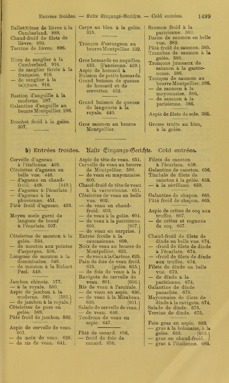 Ballot(t)ines de liövre ä la Cumberland. 889. Chaud-froid de filets de liövre. 893. Terrine de lifevre. 896. Hure de sanglier ä la Cumberland. 916. — de sanglier farcie ä. la fran9aise. 916. — de sanglier ä la ta(r)tare. 916. Bastion d’anguille ä, la moderne. 297. Galantine d’anguille au bem-re Montpellier. 298. Brocbet froid d la gelee. 307. Carpe au bleu ä la gel6e. 315. Tron9on d’esturgeon au beurre Montpellier. 332. Gros bomards en coquilles. 433. [l’ancienne. 429.1 Aspic de bomard ä J Buisson de petits bomards. Grand buisson de queues de bomard et de crevettes. 432. Grand buisson de queues de langouste ä la royale. 440. Gros saumon au beurre Montpellier. Saumon froid ä la parisienne. 380. Dame de saumon en belle vue. 382. Pät6 froid de saumon. 385. Trancbes de saumon k la gel6e. 386. Tron9ons jumeaux de samnon k la gastro- nome. 386. Tron9on de saumon au beurre Montpellier. 386. — de saumon k la mayonnaise. 386. — de saumon k la parisienne. 386. Aspic de filets de sole. 396. Grosse truite au bleu, ä, la gelee. b) Entrees froides. l{alte <£tiigang5=(0ericfjtc. Gold entrees. Cervelle d’agneau k l’itabenne. 448. Cotelettes d’agneau en belle vue. 448. — d’agneau en cbaud- froid. 449. [449.\ — d’agneau k l’ecarlate. J — d’agneau ä la pbocöenne. 451. Pät6 firoid d’agneau. 459. Moyen socle garni de langues de boeuf k l’bcarlate. 507. Cötelettes de mouton ä la elee. 534. e mouton aux pointes d’asperges. 536. Langues de mouton k la dominicaine. 548. — de mouton k la Robert Peel. 549. Jambon cbinois. 577. — ä, la royale. 580. Aspic de jambon ä la moderne. 581. [581.1 — de jambon k la royale.J Cötelettes de porc en gelöe. 569. Pätö froid de jambon. 582. Aspic de cervelle de veau. 601. — de noix de veau. 629. — de ris de veau. 641. I Aspic de töte de veau. 651. Cervelle de veau au beurre. de Montpellier. 599. — de veau en mayonnaise. 600. Cbaud-froid de töte de veau k la varsovienne. 651. Cötelettes de veau en belle vue. 602. — de veau en cbaud- froid. 603. — de veau k la gelee. 604. — de veau k la parisienne. 606. [607.1 — de veau en surprise. J Entröe froide k la caucasienne. 609. Noix de veau au beurre de Montpellier. 625. — de veau k la Caröme. 625. Pain de foie de veau froid. 615. [gelee. 615.1 — de foie de veau k la J Ravigote de cervelle de veau. 601. [636.1 Ris de veau k l’amirale. J — de veau en aspic. 636. — de veau k la Mirabeau. 638. [601.1 Salade de cervelle de veau. j — de veau. 646. Tendrons de veau en aspic. 647. Pätö de canard. 656. — froid de foie de canard. 656. Filets de caneton k l’öcarlate. 659. Galantine de caneton. 656. Timbale de filets de caneton ä la gelöe. 659. — k la sövillane. 659. Galantine de cbapon. 665. Päte froid de cbapon. 665. Aspic de crötes de coq aux truffes. 667. — de crötes et rognons de coq. 667. Cbaud-froid de filets de dinde en belle vue. 674. froid de filets de dinde k l’ecarlate. 674. froid de filets de dinde aux truffes. 674. Filets de dinde en belle vue. 673. — de dinde k la parisienne. 674. Galantine de dinde panacböe. 675. Mayonnaise de filets de dinde k la ravigote. 674. Salade de dinde. 675. Terrine de dinde. 675. Foie gras en aspic. 683. — gras k la bolonaise, k la gelöe. 683. [683.1 — gras en cbaud-froid. J — gras k l’italienne. 683.