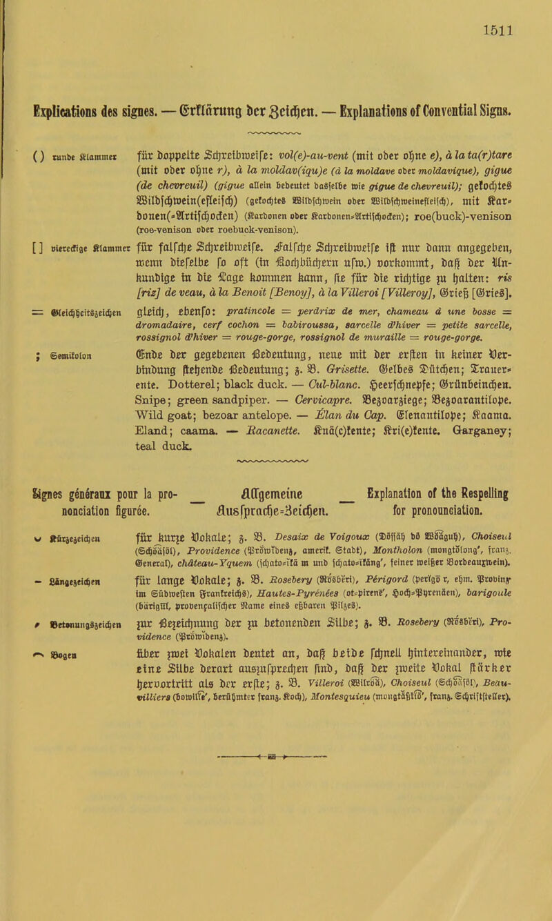 Bxplications des sipes. — ©rflnrung bcr Scid^cn. — Explanations of Convential Sips. () tunbe Äittmmet für örpprlte Sdircitroeifr: vol(e)-au-vent (mit ober o'^tie e), älata(r)tare (mit ober oI)ne r), ä la moldav(iqu)e (ä la moldave ober moldaviqm), gigue (de chevreuil) (gigue oHein bebeutet boäfclbe tnie gigue de chevreuil); geIod)tC§ 2BiIbfd^toein(efIeifd^) (ßelotfjtes SBIIbfcbmein obet 5B3iIMd)tt)einefIei!(!^), mit Äar» bonen(»2lrtij(^DcEen) (ffiatbonen ober fiarbonen*2lrti((iÖotfen); roe(buck)-venison (roe-venison ober roebuok-venison). [ ] Bietctfiße Riorainet füT falfdjje Sdjrriürorifß. Sdjrcibrafifc ift nur bann angegeben, memt btefelbe fo oft (tn ■fiodjbüi^ern nfro.) norhommt, baff ber IKn- hunbtge in bie •ffiage kommen bann, fte für bie ridjtige ju Ijalten: ris [riz] de veau, ä la Benoit [Benoy], ä la Vüleroi [ViUeroy], ®rie§ [®rie§], = ©lei(^5citääeidjen gleidj, ebenfo: •pratmcole = perdrix de mer, chameau d une bosse = dromadaire, cerf cochon = babiroussa, aarcelle d’hiver = petite sarcelle, rossignol d’hiver = rouge-gorge, rossignol de muraille = rouge-gorge. ; Semitoion OEnbe ber gegebenen tBebentnng, neue mit ber er|ien tn keiner JOer- btnbung |leljenbe tSebeutung; 5. S3. Grisette. ®elbe§ ®ütc^en; Jrouer» ente. Dotterei; black duck. — Culrblanc. §eerfd^nepfe; ®rünbeind^en. Snipe; green sandpiper. — Cervicapre. SSejoatätege; Sejoarantilope. Wild goat; bezoar antelope. — iJlan du (Jap. ©tenontilope; ffooma. Eland; caama. — Bacanette. Änö(c)Iente; Äri(e)Iente. Q-arganey; teal duck. ^pes gk^ranx ponr la pro- nooGiation figuree. ÄfTgcmcine Explanation of the Respelling flu8fprac^e=3e{c^cn. for prononnoiation. w Aktieaeicben — fiangeicitben e ßetMiungSjeicben ©ogen für kurje lOokale; g. S. Deaaix de yoigoux (2)8{fäb b5 aßbägub), Choiseul (ScbSäiöl), Providence (fpr^tnibenj, amerit Stabt), Montholon (mongtotong', itanj. ©enetal), chäteau-Yquem ()d)oto=rtä m unb (cbato4fäng', feinet Weiget !0otbeauj;ttrein). für lange lOokale; J. 33. Hosebery (fSsgbeti), PSrigord (betVgöt, ebin. iprobiny int Sübroeften granheit^g), Hautes-Pyrenies (ofepirene', $D(^»iPbtenäcn), barigoule (bärigat, ptobenfolifi^et ütame eineä egbaten ipitjeg). jnr t8ejeid)nnng ber ju betonenben Ä'ilbe; g. 33. Rosebery (Kssbcti), Pro- vidence (iptbrelbena). Über puei lOokalen beutet an, ba^ beibe fdjnell Ijinterehtanber, rote eine Silbe berart auBjufpredjen ftnb, baß ber jroeite lOokal ßärker Ijeroortritt ala ber er|le; g. 33. vuieroi (SBittbä), choiseui (ScboSfüi), Beau- villiera (bowllfi', berübrntec ftanj. ftoib), Montesquieu (moiigtäfilS', ftanj. Scbtlftftellet),