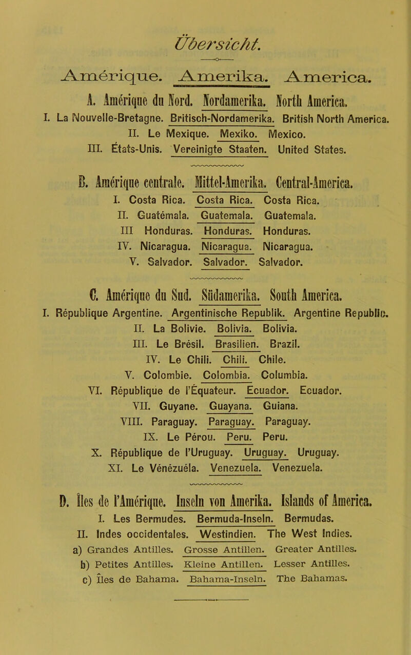 Übersicht. Ameriqne. Amerika. America. A. Amerique du Nord. Nordamerika. North America, I. La Nouvelle-Bretagne. Britisch-Nordamerika. British North America. II. Le Mexique. Mexiko. Mexico. III. Etats-Unis. Vereinigte Staaten. United States. B. Amerique ceutrale. Mittel-Amerika. Central-Ainerica. I. Costa Rica. Costa Rica. Costa Rica. II. Guatemala. Guatemala. Guatemala. III Honduras. Honduras. Honduras. IV. Nicaragua. Nicaragua. Nicaragua. V. Salvador. Salvador. Salvador. C. Amerique du Sud. Südamerika. South America. I. Republique Argentine. Argentinische Republik. Argentine Republik. II. La Bolivie. Bolivia. Bolivia. III. Le Bresil. Brasilien. Brazil. IV. Le Chili. Chili. Chile. V. Colcmbie. Colombia. Columbia. VI. Republique de l’Equateur. Ecuador. Ecuador. VII. Guyane. Guayana. Guiana. VIII. Paraguay. Paraguay. Paraguay. IX. Le Perou. Peru. Peru. X. Republique de l’Uruguay. Uruguay. Uruguay. XI. Le Venezuela. Venezuela. Venezuela. D. lies de rAmeriqne. Inseln von Amerika, Islands of America. I. Les Bermudes. Bermuda-Inseln. Bermudas. II. Indes occidentales. Westindien. The West Indies. a) Grandes Antilles. Grosse Antillen. Greater Antilles. b) Petites Antilles. Kleine Antillen. Lesser Antilles. c) lies de Bahama. Bahama-Inseln. The Bahamas.