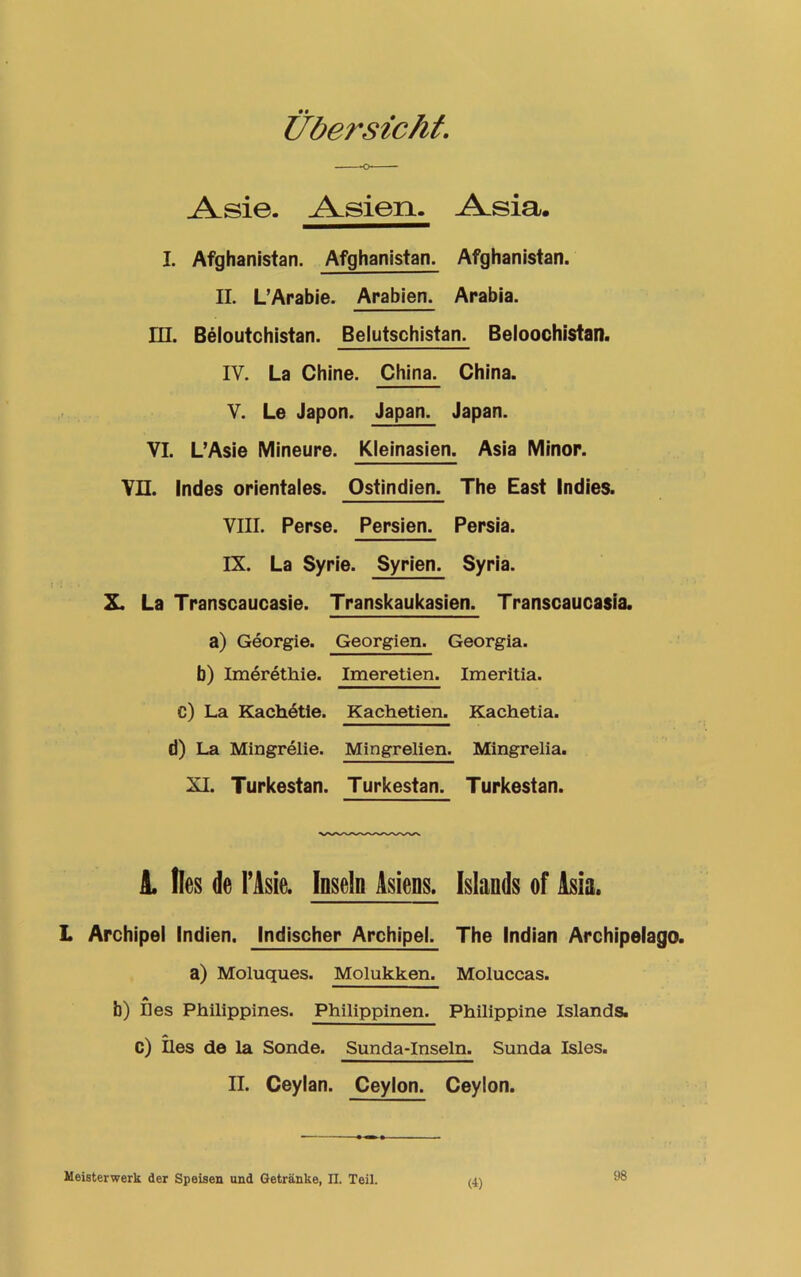 Übersicht. ~o .Asie. Asien. Asia. I. Afghanistan. Afghanistan. Afghanistan. II. L’Arabie. Arabien. Arabia. in. Beloutchistan. Belutschistan. Beloochistan. IV. La Chine. China. China. V. Le Japon. Japan. Japan. VI. L’Asie Mineure. Kleinasien. Asia Minor. VII. Indes orientales. Ostindien. The East Indies. VIII. Perse. Persien. Persia. IX. La Syrie. Syrien. Syria. X. La Transcaucasie. Transkaukasien. Transcaucasia. a) Georgie. Georgien. Georgia, b) Imerethie. Imeretien. Imeritia. C) La Kachetie. Kachetien. Kachetia. d) La Mingrelie. Mingrelien. Mingrelia. XL Turkestan. Turkestan. Turkestan. 1 lies de l’Asie. Inseln Asiens. Islands of Asia. L Archipel Indien. Indischer Archipel. The Indian Archipelago. a) Moluques. Molukken. Moluccas. b) lies Philippines. Philippinen. Philippine Islands. C) lies de la Sonde. Sunda-Inseln. Sunda Isles. II. Ceylan. Ceylon. Ceylon. Meisterwerk der Speisen und Getränke, II. Teil.