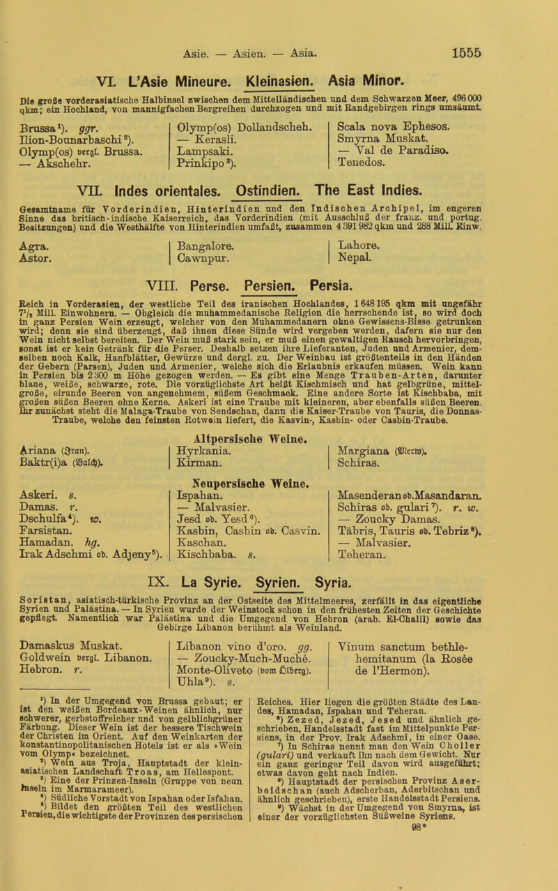 VI. L’Asie Mineure. Kleinasien. Asia Minor. Die große vorderasiatische Halbinsel zwischen dem Mittelländischen und dem Sohwarzen Meer, 496000 qkm; ein Hochland, von mannigfachen Bergreihen durchzogen und mit Eandgebirgen rings umsäumt. Brussa1). ggr. Eion-Bounarbaschi 2). Olymp(os) bergt. Brussa. — Akschehr. Olymp(os) Dollandscbeh. — Kerasli. Lampsaki. Prinkipo 3). Scala nova Epbesos. Smyrna Muskat. — Yal de Paradiso. Tenedos. VH Indes orientales. Ostindien. The East Indies. Gesamtname für Vorderindien, Hinterindien und den Indischen Archipel, im engeren Sinne das britiscn-indische Kaiserreich, das Vorderindien (mit Ausschluß der franz. und portug. Besitzungen) und die Westhälfte von Hinterindien umfaßt, zusammen 4 391982 qkm und 288 Milk Kinw. Agra. Astor. Bangalore. Cawnpur. Lahore. Nepal. VIII. Perse. Persien. Persia. Reich in Vorderasien, der westliche Teil des iranischen Hochlandes, 1648195 qkm mit ungefähr 7*/, Mill. Einwohnern. — Obgleich die muhammedanische Religion die herrschende ist, so wird doch in ganz Persien Wein erzeugt, welcher von den Muhammedanern ohne Gewissens-Bisse getrunken wird; denn sie sind überzeugt, daß ihnen diese Sünde wird vergeben werden, dafern sie nur den Wein nicht selbst bereiten. Der Wein muß stark sein, er muß einen gewaltigen Rausch hervorbringen, sonst ist er kein Getränk für die Perser. Deshalb setzen ihre Lieferanten, Juden und Armenier, dem- selben noch Kalk, Hanfblätter, Gewürze und dergl. zu. Der Weinbau ist größtenteils in den Händen der Gebern (Parsen), Juden und Armenier, welche sich die Erlaubnis erkaufen müssen. Wein kann in Persien bis 2300 m Höhe gezogen werden. — Es gibt eine Menge Trauben-Arten, darunter blaue, weiße, schwarze, rote. Die vorzüglichste Art heißt Kischmisch und hat gelbgrüne, mittel- große, eirunde Beeren von angenehmem, süßem Geschmaok. Eine andere Sorte ist Kischbaba, mit großen süßen Beeren ohne Kerne. Askeri ist eine Traube mit kleineren, aber ebenfalls süßen Beeren. Ihr zunächst steht die Malaga-Traube von Sendschan, dann die Kaiser-Traube von Tauris, die Donnas- Traube, welche den feinsten Rotwein liefert, die Kasvin-, Kasbin- oder Casbin-Traube. Ariana (3tan). Baktr(i)a (S3al$). Askeri. s. Damas. r. Dschulfa4). vs. Farsistan. Hamadan. hg. IrakAdschmi ob. Adjeny5). Altpersisclie Weine. Hyrkania. Kirman. Nenpersische Weine. Ispahan. — Malvasier. Jesd ob. Yesd °). Kasbin, Casbin ob. Casvin. Kascban. Kischbaba. s. Margiana (Slieoto). Schiras. Masenderan ob.Masandaran. Schiras ob. gulari7). r. w. — Zoucky Damas. Täbris, Tauris ob. Tebriz8). — Malvasier. Teheran. IX. La Syrie. Syrien. Syria. Soristan, asiatisch-türkische Provinz an der Ostseite des Mittelmeeres, zerfällt in das eigentliche Syrien und Palästina. — In Syrien wurde der Weinstock schon in den frühesten Zeiten der Geschichte gepflegt. Namentlich war Palästina und die Umgegend von Hebron (arab. El-Chalil) sowie das Gebirge Libanon berühmt als Weinland. Damaskus Muskat. Goldwein Bergt. Libanon. Hebron, r. Libanon vino d’oro. gg. — Zoucky-Much-Muche. Monte-Oliveto (Born ßlberg). Uhla9). s. Yinum sanctum bethle- hemitanum (la Kosee de PHermon). *) In der Umgegend von Brussa gebaut; er ist den weißen Bordeaux-Weinen ähnlioh, nur schwerer, gerbstolfreicher und von gelblichgrüner Färbung. Dieser Wein ist der bessere Tischwein der Christen im Orient. Auf den Weinkarten der konstantinopolitanischen Hotels ist er als »Wein vom Olymp« bezeichnet. ’) Wein aus Troja, Hauptstadt der klein- asiatischen Landschaft Troas, am Hellespont. ’) Eine der Prinzen-Inseln (Gruppe von neun mseln im Marmarameer). ‘) Südliche Vorstadt von Ispahan oder Isfahan. *) Bildet den größten Teil des westlichen I ersien, die wichtigste der Provinzen des persischen Reiches. Hier liegen die größten Städte des Lan- des, Hamadan, Ispahan und Teheran. *) Zezed, Jezed, Jesed und ähnlich ge- schrieben, Handelsstadt fast im Mittelpunkte Per- siens, in der Prov. Irak Adschmi, in einer Oase. ’) In Schiras nennt man den Wein C holl er (gulari) und verkauft ihn nach dem Gewicht. Nur ein ganz geringer Teil davon wird ausgeführt; etwas davon geht nach Indien. ®) Hauptstadt der persischen Provinz Aser- baidschan (auch Adscherban, Aderbitschan und ähnlich geschrieben), erste Handelsstadt Persiens. ®) Wächst in der Umgegend von Smyrna, ist einer der vorzüglichsten Süßweine Syriens. 98*