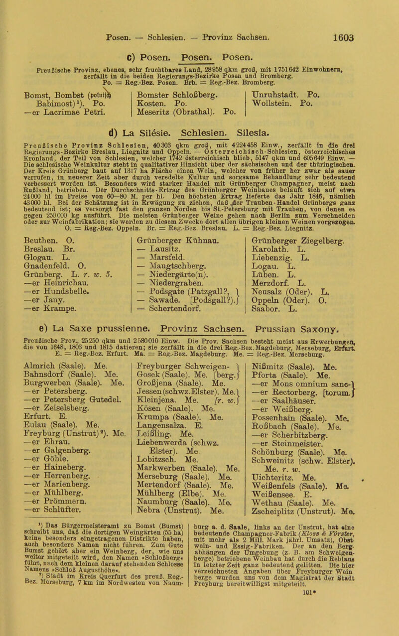 C) Posen. Posen. Posen. Preußische Provinz, ebenes, sehr fruchtbares Land, 28958 qkm groß, mit 1751642 Einwohnern, zerfällt in die beiden Regierungs-Bezirke Posen und Bromberg. Po. = Reg.-Bez. Posen. Brb. = Reg.-Bez. Bromberg. Bomst, Bombst (poIni|cft Babimost) *). Po. —er Lacrimae Petri. Bomster Schloßberg. Unruhstadt. Po. Kosten. Po. Wollstein. Po. Meseritz (Obrathal). Po. d) La Silesie. Schlesien. Silesia. Preußische Provinz Schlesien, 40 303 qkm groß, mit 4224458 Einw., zerfällt in die drei Regierungs-Bezirke Breslau, Liegnitz und Oppeln. — Österreichisch-Schlesien, österreichisches Kronland, der Teil von Schlesien, welcher 1742 österreichisch blieb, 5147 qkm und 605649 Einw. — Die schlesische Weinkultur steht in qualitativer Hinsicht über der sächsischen und der thüringischen. Der Kreis Grünberg baut auf 1317 ha Fläche einen Wein, welcher von früher her zwar als sauer verrufen, in neuerer Zeit aber durch veredelte Kultur und sorgsame Behandlung sehr bedeutend verbessert worden ist. Besonders wird starker Handel mit Grünberger Champagner, meist nach Rußland, betrieben. Der Durchschnitts - Ertrag des Grünberger Weinbaues beläuft sich auf etwa 24000 hl im Preise von 60—80 M. per hl. Den höchsten Ertrag lieferte das Jahr 1846, nämlich 43000 hl. Bei der Schätzung ist in Erwägung zu ziehen, daß .der Trauben - Handel Grünbergs ganz bedeutend ist; es versorgt fast den ganzen Norden bis St.-Petersburg mit Trauben, von denen es gegen 250000 kg ausführt. Die meisten Grünberger Weine gehen nach Berlin zum Verschneiden oder zur Weinfabrikation; sie werden zu diesem Zwecke dort allen übrigen kleinen Weinen vorgezogeu. O. = Reg.-Bez. Oppeln. Br. = Reg.-Bez. Breslau. L. = Reg.-Bez. Liegnitz. Beuthen. O. Breslau. Br. Glogau. L. Gnadenfeld. 0. Grünberg. L. r. w. 5. —er Heinrichau. —er Hundsbelle. —er Jany. —er Krampe. Grünberger Kühnau. — Lausitz. — Marsfeld. — Maugtschberg. — Niedergärte(n). — Niedergraben. — Podsgate (Patzgall?, \ — Sawade. [Podsgall?).J — Schertendorf. Grünberger Ziegelberg. Karolath. L. Liebenzig. L. Logau. L. Lüben. L. Merzdorf. L. Neusalz (Oder). L. Oppeln (Oder). 0. Saabor. L. e) La Saxe prussienne. Provinz Sachsen. Prussian Saxony. Preußische Prov., 25250 qkm und 2580010 Einw. Die Prov. Sachsen besteht meist aus Erwerbungen, die von 1648, 1803 und 1815 datieren; sie zerfällt in die drei Reg.-Bez. Magdeburg, Merseburg, Erfurt. E. = Reg.-Bez. Erfurt. Ma. = Reg.-Bez. Magdeburg. Me. = Reg.-Bez. Merseburg. Almrich (Saale). Me. Bahnsdorf (Saale). Me. Burgwerben (Saale). Me. — er Petersberg. —er Petersberg Gutedel. —er Zeiseisberg. Erfurt. E. Eulau (Saale). Me. Freyburg (Unstrut)9). Me. —er Ehrau. —er Galgenberg. —er Göble. —er Haineberg. —er Herrenberg. —er Marienberg. —er Mühlberg. —er Prömmern. —er Schlüfter. Freyburger Schweigen- \ Gosek (Saale). Me. [berg.J Großjena (Saale). Me. Jessen(schwz.Elster). Me.l Kleinjena. Me. [r. w.) Kosen (Saale). Me. Krumpa (Saale). Me. Langensalza. E. Leißling. Me. Liebenwerda (schwz. Elster). Me. Lobitzsch. Me. Markwerben (Saale). Me. Merseburg (Saale). Me. Mertendorf (Saale). Me. Mühlberg (Elbe). Me. Naumburg (Saale). Me. Nebra (Unstrut). Me. Nißmitz (Saale). Me. Pforta (Saale). Me. —er Mons omnium sanc-1 —er Rectorberg. [torum.J —er Saalbäuser. —er Weißberg. Possenhain (Saale). Me. Koßbach (Saale). Me. —er Scherbitzberg. —er Steinmeister. Schönburg (Saale). Me. Schweinitz (schw. Elster). Me. r. w. Uichteritz. Me. Weißenfels (Saale). Me. Weißensee. E. Wethau (Saale). Me. Zscheiplitz (Unstrut). Me. *) Das Bürgermeisteramt zu Bomst (Bumst) schreibt uns, daß die dortigen Weingärten (55 ha) keine besonders eingetragenen Distrikte haben, auch besondere Namen nicht führen. Zum Gute Bumst gehört aber ein Weinberg, der. wie uns weiter mitgeteilt wird, den Namen »Schloßberg« fuhrt, nach dem kleinen darauf stehenden Schlosse Namens »Schloß Augusthöhe«. *) Stadt im Kreis Querfurt des preuß. Reg.- Bez. Merseburg, 7 km im Nordwesten von Naum- burg a. d. Saale, links an der Unstrut, hat «ine bedeutende Champagner-Fabrik (Kloss & Förster, mit mehr als 2 MiU. Mark jährl. Umsatz), Obst- wein- und Essig-Fabriken. Der an den Berg- abhängen der Umgebung (z. B. am Schweigen- berge) betriebene Weinbau hat durch die Reblaus in letzter Zeit ganz bedeutend gelitten. Die hier verzeichneten Angaben über Freyburger Wein berge wurden uns von dem Magistrat der Stadt Freyburg bereitwilligst mitgeteilt. 101*