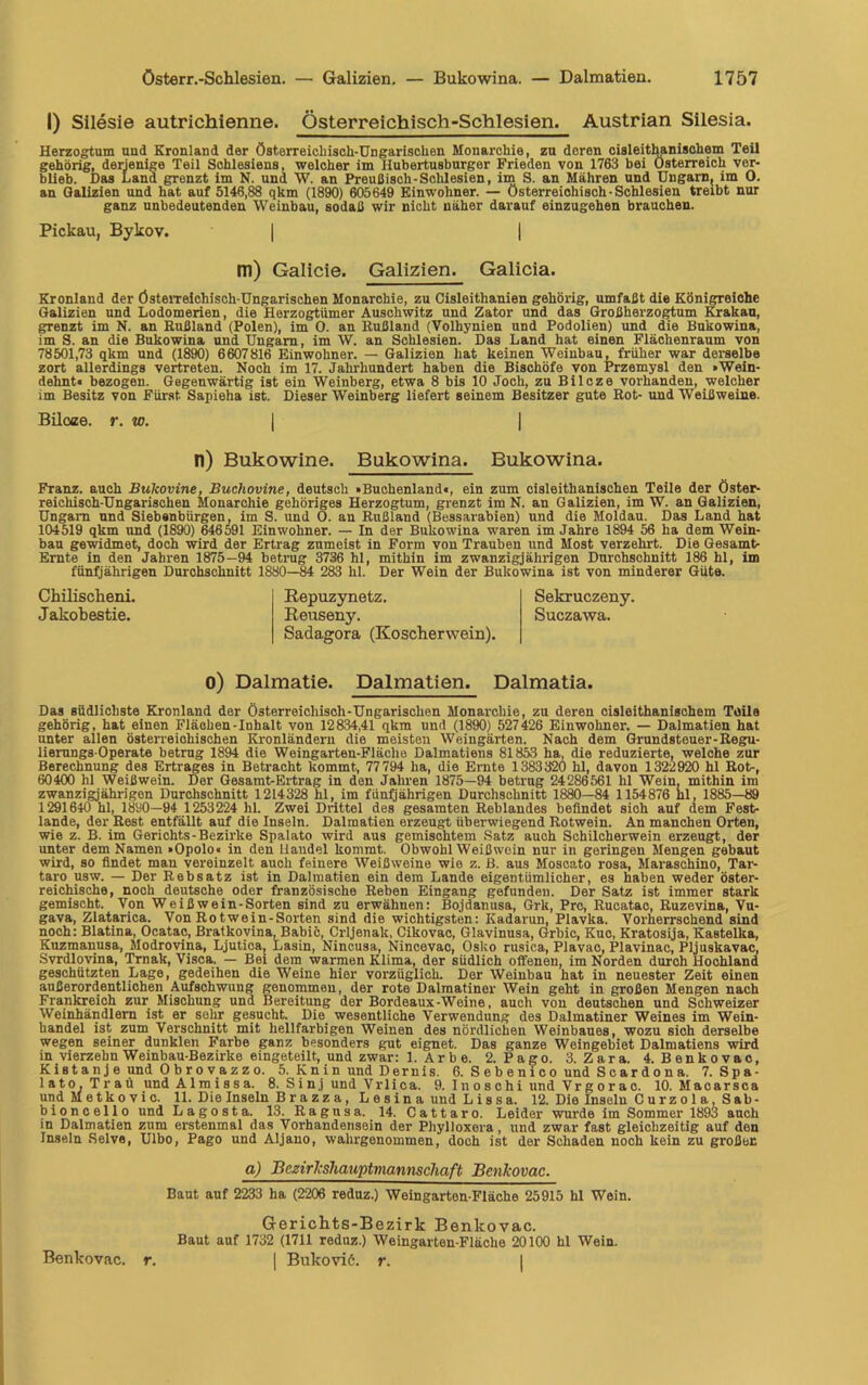 I) Silesie autrichienne. Österreichisch-Schlesien. Austrian Silesia. Herzogtum und Kronland der Österreichisch-Ungarischen Monarchie, zu dcron cisleithanischem Teil gehörig, derjenige Teil Schlesiens, welcher im Hubertusburger Frieden von 1763 bei Österreich ver- blieb. Das Land grenzt im N. und W. an Preußisch-Schlesien, im S. an Mähren und Ungarn, im 0. an Galizien und hat auf 5146,88 qkm (1890) 605649 Einwohner. — Österreichisch-Schlesien treibt nur ganz unbedeutenden Weinbau, sodaß wir nicht näher darauf einzugehen brauchen. Pickau, Bykov. | | m) Galicie. Galizien. Galicia. Kronland der Österreichisch-Ungarischen Monarchie, zu Cisleitlianien gehörig, umfaßt die Königreiche Galizien und Lodomerien, die Herzogtümer Auschwitz und Zator und das Großherzogtum Krakau, grenzt im N. an Rußland (Polen), im 0. an Rußland (Volhynien und Podolien) und die Bukowina, im S. an die Bukowina und Ungarn, im W. an Schlesien. Das Land hat einen Flächenraum von 78501,73 qkm und (1890) 6607816 Einwohner. — Galizien hat keinen Weinbau, früher war derselbe zort allerdings vertreten. Noch im 17. Jahrhundert haben die Bischöfe von Przemysl den »Wein- dehnt« bezogen. Gegenwärtig ist ein Weinberg, etwa 8 bis 10 Joch, zu Bilcze vorhanden, welcher im Besitz von Fürst Sapieha ist. Dieser Weinberg liefert seinem Besitzer gute Rot- und Weißweine. Biloae. r. vo. I n) Bukowine. Bukowina. Bukowina. Franz, auch Bulcovine, Buchovine, deutsch »Buchenland«, ein zum cisleithanischen Teile der Öster- reichisch-Ungarischen Monarchie gehöriges Herzogtum, grenzt im N. an Galizien, im W. an Galizien, Ungarn und Siebenbürgen, im S. und O. an Rußland (Bessarabien) und die Moldau. Das Land hat 104519 qkm und (1890) 646591 Einwohner. — In der Bukowina waren im Jahre 1894 56 ha dem Wein- bau gewidmet, doch wird der Ertrag zumeist in Form von Trauben und Most verzehrt. Die Gesamt- Ernte in den Jahren 1875 —94 betrug 3736 hl, mithin im zwanzigjährigen Durchschnitt 186 hl, im fünfjährigen Durchschnitt 1880—84 283 hl. Der Wein der Bukowina ist von minderer Güte. Chilischeni. Jakobestie. Repuzynetz. Sekruczeny. Reuseny. Suczawa. Sadagora (Koscherwein). o) Dalmatie. Dalmatien. Dalmatia. Das südlichste Kronland der Österreichisch-Ungarischen Monarchie, zu deren cisleithanischem Teile gehörig, hat einen Flächen-Inhalt von 12834,41 qkm und (1890) 527426 Einwohner. — Dalmatien hat unter allen österreichischen Kronländern die meisten Weingärten. Nach dem Grundsteuer-Regu- lierungs-Operate betrug 1894 die Weingarten-Fläche Dalmatiens 81853 ha, die reduzierte, welche zur Berechnung des Ertrages in Betracht kommt, 77794 ha, die Ernte 1383320 hl, davon 1322920 hl Rot-, 60400 hl Weißwein. Der Gesamt-Ertrag in den Jahren 1875—94 betrug 24286561 hl Wein, mithin im zwanzigjährigen Durchschnitt 1214328 hl, im fünfjährigen Durchschnitt 1880—84 1154876 nl, 1885—89 1291640 hl, 1890—94 1 253224 hl. Zwei Drittel des gesamten Reblandes befindet sich auf dem Fest- lande, der Rest entfällt auf die Inseln. Dalmatien erzeugt überwiegend Rotwein. An manchen Orten, wie z. B. im Gerichts-Bezirke Spalato wird aus gemischtem Satz auch Schilcherwein erzeugt, der unter dem Namen »Opolo« in den Handel kommt. Obwohl Weißwein nur in geringen Mengen gebaut wird, so findet man vereinzelt auch feinere Weißweine wie z. ß. aus Moscato rosa, Maraschino, Tar- taro usw. — Der Rebsatz ist in Dalmatien ein dem Lande eigentümlicher, es haben weder öster- reichische, noch deutsche oder französische Reben Eingang gefunden. Der Satz ist immer stark gemischt. Von Weißwein-Sorten sind zu erwähnen: Bojdanusa, Grk, Pro, Ruoatac, Ruzevina, Vu- gava, Zlatarica. Von Rotwein-Sorten sind die wichtigsten: Kadarun, Plavka. Vorherrschend sind noch: Blatina, Ocatac, Bratkovina, Babic, Crljenak, Cikovac, Glavinusa, Grbic, Kuc, Kratosija, Kastelka, Kuzmanusa, Modrovina, Ljulica, Lasin, Nincusa, Nincevac, Osko rusica, Plavac, Plavinac, Pljuskavac, Svrdlovina, Trnak, Visca. — Bei dem warmen Klima, der südlich offenen, im Norden durch Hochland geschützten Lage, gedeihen die Weine hier vorzüglich. Der Weinbau hat in neuester Zeit einen außerordentlichen Aufschwung genommen, der rote Dalmatiner Wein geht in großen Mengen nach Frankreich zur Mischung und Bereitung der Bordeaux-Weine, auch von deutschen und Schweizer Weinhändlern ist er sehr gesucht. Die wesentliche Verwendung des Dalmatiner Weines im Wein- handel ist zum Verschnitt mit hellfarbigen Weinen des nördlichen Weinbaues, wozu sich derselbe wegen seiner dunklen Farbe ganz besonders gut eignet. Das ganze Weingebiet Dalmatiens wird in vierzehn Weinbau-Bezirke eingeteilt, und zwar: 1. Arbe. 2. Pago. 3. Zara. 4. Benkovac, Kistanje und Obrovazzo. 5. Kn in und Dernis. 6. Sebenico und Scardona. 7. Spa- lato, Trau und Almissa. 8. Sinj und Vrlica. 9. Inoschi und Vrgorao. 10. Macarsca undMetkovic. 11. Die Inseln Brazza, L e s in a und L i s s a. 12. Die Inseln Curzola, Sa b- bioncello und L a g o s t a. 13. R a g n s a. 14. C a 11 a r o. Leider wurde im Sommer 1893 auch in Dalmatien zum erstenmal das Vorhandensein der Phylloxera, und zwar fast gleichzeitig auf den Inseln Relve, Ulbo, Pago und Aljano, wahrgenommen, doch ist der Schaden noch kein zu großen a) Bezirkshauptmannschaft Benkovac. Baut auf 2233 ha (2206 reduz.) Weingarten-Fläche 25915 hl Wein. Gerichts-Bezirk Benkovac. Baut auf 1732 (1711 reduz.) Weingarten-Fläche 20100 hl Wein. Benkovac. r. | Bukoviö. r. |