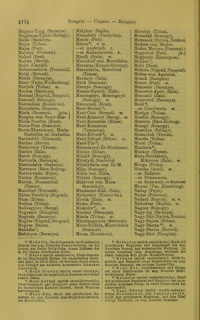 Magyar-Ürög (Baranya). Magymon-Ujfalu (Szilägy). Maiss (Baranya). Majos (Tolna). Majsa (Pest). Majtöny (Pozsony). Makäd (Pest). Maklär (Heves). Mak6 (Csanäd). Maleniczafalva (Torontäl). Mälyi (Borsod). Mänfa (Baranya). Mäny (Fejer,Weißenburg). Mänyok (Tolna). w. Mariza (Baranya). Marczal (Nögräd, Neograd). Marczali (Somogy). Marczelbäz (Komärom). Märczfalva (Sopron). Märfa (Baranya). [gita.l Margita bergt. Szent-Mar- J Märia-Nosztra (Hont). Maria-Poes (Szabolcs). Maria-Theresiopel, Maria- Szabadka bgt. Szabadka. Marienfeld (Torontäl). Märkaz (Heves). Markovecz (Temes). Maröcz (Zala). Marot (Somogy). Martonfa (Baranya). Märtonfalva (Szabolcs). Martonos (Bacs-Bodrog). Martonväsär (Fejer). Martos (Komärom). Mäslak, Blumenthal (Temes). Maszdorf (Torontäl). Mätra-Verebely (Nögräd). Mäza (Tolna). Medina (Tolna). Medvegyöcz (Bereg). Megyaszö (Zemplen), Megyefa (Baranya). Megyer (Nögräd, Neograd). Megyes (Säros). Mebädia1). Mekenyes (Baranya). *) Mehädia, Groß-Gemeinde im Stuhlbezirk Orsova des ung. Komitats Krassö-Szöröny, an der Donau, am Bache Bella-Reka, einem Zuflusse der in die Donau mündenden Öerna. '■') M 6 n e s (sprich »mehuesch«), Klein-Gemein- de im Stuhlbezirk Radna des ungarischen Komi- tats Arad, in 133 m Höhe, ist berühmt durch seinen dem Tokajer am nächsten kommenden Hönes er Ausbruch. *) Mezö-Beröny (sprich »mesö-börehnj«), Groß-Gemeinde im ungarischen Komitat und Stuhl- bezirk B6k6s. *) Mezö-Kövesd (sprich »mesö-köweschd«), Groß-Gemeinde und Hauptort eines Stuhlbezirks im ungarischen Komitat Borsod, durch Weinbau hervorragend. °) Mez ö-Tür, Stadt mit geordnetem Ma- gistrat im ung. Komitat Jäsz-Nagy-Kun-Szolnok, am Berettyöfluß. Möcseny (Tolna). Mocsoläd (Somogy). Mocsonok (Nyitra, Neutra), Modern bergt. Modor. Modor, Modem (Pozsony).! Mogyorod (Pest). [w.\ Mogyorös (Esztergom). Moliäcs7). Mobi (Bars). Mohora (Nögräd, Neograd). Mokra bergt. Apatelek. Monok (Zemplön). Monor (Pest), w. Monostor (Baranya). Monostor-Apäti (Zala). Monoszlö (Zala). Monyoröd (Baranya). Moör8). —er Czerjöwein. w. Morägy (Tolna). Mosdös (Somogy). Mosorin (Bäcs-Bodrog). Mozsgö (Somogy). Mozsolya (Szilägy). Mramorak (Temes). Mucsfa (Tolna). Mucsi (Tolna). Munkäcs 9). Muräny (Temes). Mura-Szerdabely, Miklovce (Zala). to. Murga (Tolna). Muszka (Arad), w. —er Bakator. —er Felsenwein. —er Steinwein (in S3ojt>euteI) Muzsaj (Vas, Eisenburg). Nadap (Fejer). Nädas (Pozsony). Nädasd (Sopron). w. r. Nädudvar (Hajdu). w. Nägocs (Somogy). Nagy-Ag (Baranya). Nagy-Bäb (Nyitra, Neutra). Nagy-Bajom (Bibar). Nagy-Bänya10). w. Nagy-Bärcza (Borsod). Nagy-Bäri (Zemplen). 8) Miskolcz (sprich »mischkolz«), Stadt mit geordnetem Magistrat und Hauptstadt des ung. Komitats Borsod, hat bedeutenden Weinbau. Im nahen Avasberg (ung. Avashegy) oberhalb der Stadt befinden sich große Weinkellereien. ’) Mohics (sprich »möhahtsch«), Groß-Ge- meinde und Hauptort eines Stuhlbezirks im ung. Komitat Baranya, am rechten Donau-Ufer. 8) Moör, Mor, Groß-Gemeinde und Haupt- ort eines Stuhlbezirks im ung. Komitat Stuhl- weißenburg (Fejör). 9) Munkäcs (sprich »munnkahtsch«), Stadt mit geordnetem Magistrat und Hauptort des unga- rischen Komitats Bereg, in einer Ebene links am Latorczafluß. 10) Nagy-Bänya (sprich »naddj-balinja«). früher Frauenbach, ung. Asszouypätäk. Stadt mit geordnetem Magistrat, mit dem Titel königl. Freistadt, im ung. Komitat Szatmär. Mölykut (Hajdu). Mencshely (Veszpröm). Mende (Pest). Menes3). r. io. —er Ausbrucb. r. —er Kadarkawein. r. Menfö (Györ). w. Mercidorf bergt. Mercifalva. Mercsina (Krassö-Szöreny). Merczifalva, Mercidorf (Temes). Merenye (Zala). Merk (Szatmär). Mernye (Somogy). Meszes-Györök (Zala). Mesztegnye, Mesztegnyö (Somogy). w. Meznevelö (Hont). Mezö-Bereny3). Mezö-Csät (Borsod). io. Mezö-Käszony (Bereg). w. Mezö-Keresztes (Bibar). Mezö-Komärom (V eszprem). Mezö-Kövesd4). w. Mezö-Telegd (Bibar). w. Mezö-Tür5). Micenta bergt. Er-Mindszent. Micske (Bibar). Mibäld (Somogy). Mibälydi (Szabolcs). Mibälyfalva bergt. Er-M. Mike (Somogy). Mikla bergt. Nikla. Miklösi (Somogy). Miklovce bergt. Mura- Szerdabely. Mindszent-Käll (Zala). Mirkoväcz (Krassö-Sz.). Misefa (Zala). w. Miske (Pest). Miskolcz6). io. Misleny (Baranya). Miszla (Tolna). w. Misztmogyorös (Szatmär). Miszt-Tötfalu, Miszttötfalu (Szatmär). Mocsa (Komärom).