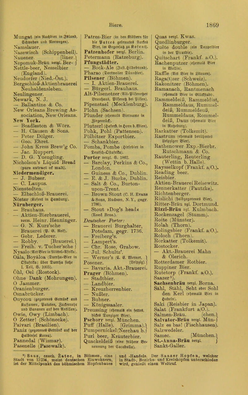 M ungat (ein SKadjbier in SSIanb, ©djtneben unb SRortoegen). Namslauer. Nasewisch (Schippenbeil). Nauener. [liner.\ Nepomuk-Bräu bergt. Ber- J Nettle-beer, Nesselbier (England). Neudorfer (Nied.-Öst.). Bergschloß-Aktienbrauerei Neuhaldensleben. Neulingener. Newark, N. J. — Ballantine & Co. New Orleans Brewing As- sociation, New Orleans. New' York. — Beadleston & Wörz. — H. Clausen & Sons. — Peter Dölger. - Geo. Ehret. — John Kress Brew’g Co. — Jac. Huppert. — D. G. YuengLing. Nicholson’s Liquid Bread (pure extract of malt). Niedermendiger. — J. Bubser. — C. Laupus. Nienstedten. — Elbschloß-Brauerei. Nöster (Kofent in Hamburg). Nürnberger. — Brauhaus. — Aktien-Bierbrauerei, »orm. Heinr. Henninger. — G. N. Kurz’sche Brauerei (9ß. ©. Steif). — Gebr. Lederer. — Robby. [Brauerei. \ — Freih. v. Tucher’sche J Nyaslo (Slrt Söier inSJJiitte(s2lfrifa). Oäla, Boyäloa (3)urrIjasS3ier in Dftafrifa; über Surr tja fiepe I. Seil, ©. 1005). Öhl, Oel (Rostock). Ohne Dank (Mohrungen). 0 Jammer. Oranienburger. Osnabrücker. Ouycou (gegorene! ©ctrdnt aus Saffaroeu, Bataten, 8uderrot)r unb Söananen auf ben Sintillen). Owie, Owy (Limbach). 0 Zetter! (Schönecke). Paivari (Brasilien). Paniz (gegorenes ©etrön! auf ber $albinfet Korea). Pannedal (Wismar). Pasenelle (Pasewalk). Patres-Bier (in ben Kiöftern für bie fßatrcS gebrautes ftarleS Söier, im ©egenfaß ju Kofent). Patzenhofer bergt Berlin. Petermann (Ratzeburg). Pfungstädter. — Bock-Ale (3uft..£>i(bebranb). Pharao (Sortroeiler Süunbier). Pilsener (Böhmen). — I. Aktien-Brauerei. — Bürgerl. Brauhaus. Alt-Pilsenetzer (StltsSpitfcneher Sörautjauä, SjBitfeneh bei ffJiifen). Pipenstael (Mecklenburg). Plohn (Sachsen). Plunder (etjcmalS iöietname in Siegenrüd). Plutzerl (üaferb.in §orn b.SBien). Pohk, Pohl (Pattensen). Pölbitzer Exportbier. — Schankbier. Pomba, Pombe (§irfebier in SeutfdjsjDftafrita). Porter bergt ©. 1862. — Barclay, Perkins & Co., London. — Guiness & Co., Dublin. — E. & J. Burke, Dublin. — Salt & Co., Burton- upon-Trent. — Brown Stout (C. H. Evans &Sons, Hudson, N.Y., gegr. 1786). — Stout »Dog’s headt (Reed Bros.). Deutscher Porter: — Brauerei Burghalter, Potsdam, gegr. 1736. — Freiberg’s. — Lampert’s. — Chr. Rose, Grabow. — Jul. Schultz’. — Werner’s (©. ®. SB er n er, ) Posener. [ßeipsig). ( — Bavaria. Akt.-Brauerei. Prager (Böhmen). — Stadtbier. — Landbier. — Kreuzherrenbier. — Nüßler. — Bubner. — Königssaaler. Preussing (ehemals ein fettes, bideS Sanjiger Söier). Pschorr bergi. München. Puff (Halle). [Grimma).\ Pumpernickel (Nerchau b.j Purl beer, Kräuterbier. Quackeldeiß (eine frühere Söe* nenmtng ber Gacabutla). Quas bergi. Kwas. Quedlinburger. Quete double (ein Eoppclbicr in ber Sßicarbie). Quitschart (Frankf. a/O.). Rachenputzer (ehemals Sier in StBottin). Raffle (2trt Söier in Jßitauen). Raga(t)zer (Schweiz). Rakonitzer (Böhmen). Ramanach, Rantmenach (ehemals Siet in ©lüdftabt). Rammeldeiß, Rammeldist, Rammeldaus, Rummel- deiß, Rummeldeuß, Rummeldaus, Rommel- deiß, Daus (ehemals Söier in fRageburg). Rarkatter (Tolkemit). Rastrum (ehemals berühmtes Seipjiger Söier). Rathenower Exp.-Bierbr. Rutschmann & Co. Rauterling, Reuterling (Wettin b. Halle). Raysselkopf (Frankf. a/O.). Reading beer. Reisbier. Aktien-Brauerei Reisewitz. Rennerkatter (Pautzke). Richtenberger. Rislichi (halbgegorenes Söier). Ritter-Bräu bgt Dortmund. Rizzi-Bräu ugt. Kulmbach. Rockenzagei (Stumm). Roite (Münster). Rolah (Thorn). Rolingsbier (Frankf. a/O.). Roloch (Thorn). Rorkatter (Tolkemit). Rostocker. — Akt.-Brauerei Mahn & Olerich. Rotterdamer Rotbier. Ruppiner Bier. Rutetorp (Frankf. a/O.). Saazer1). Sachsenbräu oergl. Borna. Sähl, Stähl, Seht ober Sohl den Kerl (ehemals Söier in fabeln). Said (Reisbier in Japan). Salat (Frankfurt a/O.). Salmen-Bräu. [chen.l Salvator-Bräu bergt. Mün-J Salz es bas! (Fischhausen). Salzwedeler. Samec. [München.) St.-Anna-Bräu bergt. J Sankt-Galler. ’) Saaz, czech. Zatec, in Böhmen, eine Stadt von 13234, meist deutschen Einwohnern, ist der Mittelpunkt des böhmischen Hopfenbaues und -Handels. Der Saazer Hopfen, welcher in Stadt-, Bezirks- und Kreishopfen unterschieden wird, genießt einen Weltruf.