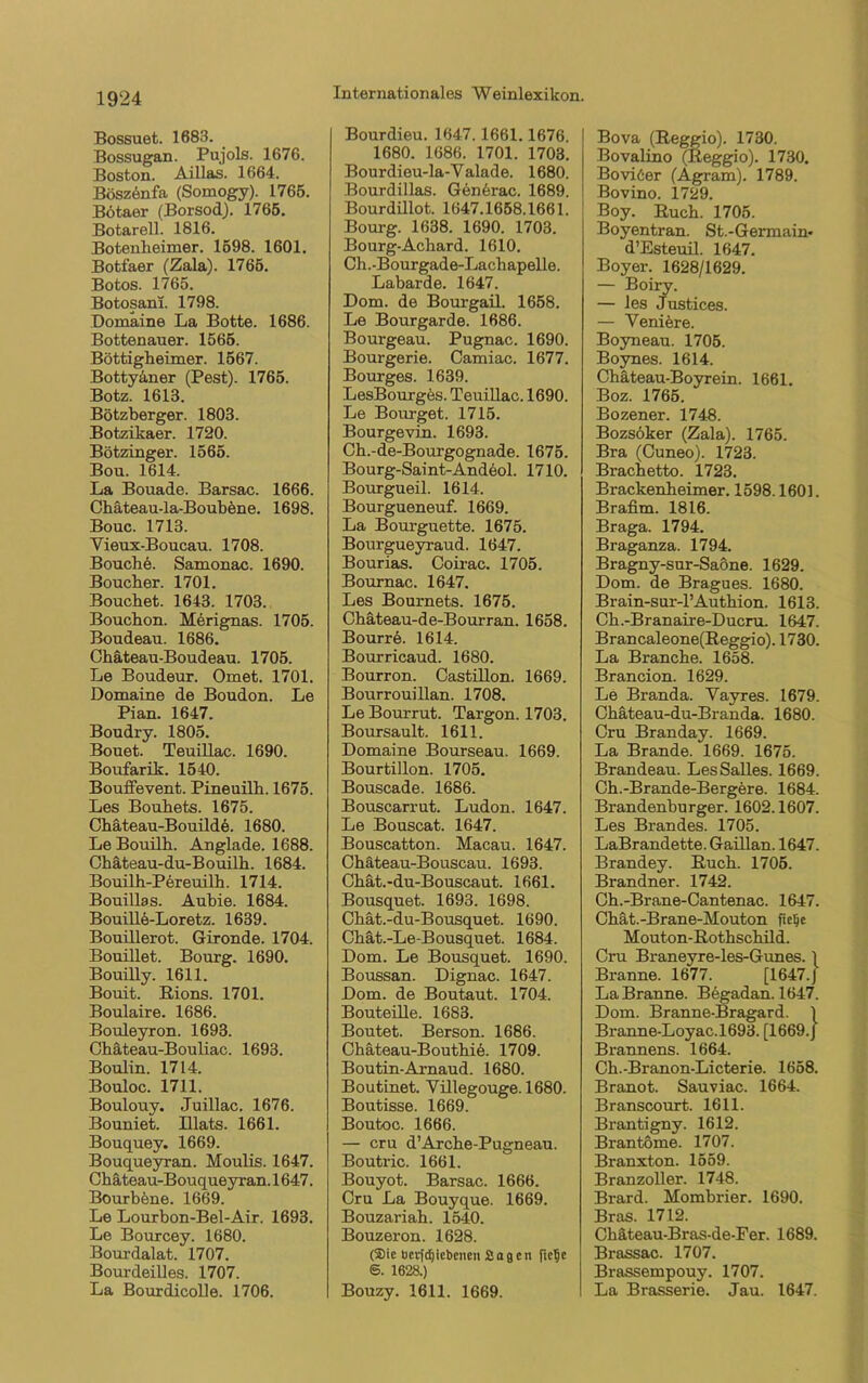 Bossuet. 1683. Bossugan. Pujols. 1676. Boston. Aillas. 1664. Böszönfa (Somogy). 1765. Bötaer (Borsod). 1765. Botarell. 1816. Botenbeimer. 1598. 1601. Botfaer (Zala). 1765. Botos. 1765. Botosam. 1798. Domaine La Botte. 1686. Bottenauer. 1565. Böttigheimer. 1567. Bottyaner (Pest). 1765. Botz. 1613. Bötzberger. 1803. Botzikaer. 1720. Bötzinger. 1565. Bou. 1614. La Bouade. Barsac. 1666. Chäteau-la-Boubene. 1698. Bouc. 1713. Vieux-Boucau. 1708. Bouche. Samonac. 1690. Boucber. 1701. Bouchet. 1643. 1703. Boucbon. Merignas. 1705. Boudeau. 1686. Chäteau-Boudeau. 1705. Le Boudeur. Ornet. 1701. Domaine de Boudon. Le Pian. 1647. Boudry. 1805. Bouet. Teuillac. 1690. Boufarik. 1540. Bouffevent. Pineuilb. 1675. Les Boubets. 1675. Cbäteau-Bouilde. 1680. Le Bouilb. Anglade. 1688. Cbäteau-du-Bouilb. 1684. Bouilb-Pereuilb. 1714. Bouillas. Aubie. 1684. Bouille-Loretz. 1639. Bouillerot. Gironde. 1704. Bouillet. Bourg. 1690. Bouilly. 1611. Bouit. Rions. 1701. Boulaire. 1686. Bouleyron. 1693. Cbäteau-Bouliac. 1693. Boulin. 1714. Bouloc. 1711. Boulouy. Juillac. 1676. Bouniet. Illats. 1661. Bouquey. 1669. Bouqueyran. Moulis. 1647. Cbäteau-Bouqueyran. 1647. Bourbene. 1669. Le Lourbon-Bel-Air. 1693. Le Bourcey. 1680. Bourdalat. 1707. Bourdeilles. 1707. La Bourdicolle. 1706. Internationales Weinlexikon. Bourdieu. 1647.1661.1676. 1680. 1686. 1701. 1703. Bourdieu-la-Valade. 1680. Bourdillas. Gen6rac. 1689. Bourdillot. 1647.1658.1661. Bourg. 1638. 1690. 1703. Bourg-Achard. 1610. Ch.-Bourgade-Lacbapelle. Labarde. 1647. Dom. de Bourgail. 1658. Le Bourgarde. 1686. Bourgeau. Pugnac. 1690. Bourgerie. Camiac. 1677. Bourges. 1639. LesBourges. Teuillac. 1690. Le Bourget. 1715. Bourgevin. 1693. Cb.-de-Bourgognade. 1675. Bourg-Saint-Andeol. 1710. Bourgueil. 1614. Bourgueneuf. 1669. La Bourguette. 1675. Bourgueyraud. 1647. Bourias. Coirac. 1705. Bournac. 1647. Les Bournets. 1675. Cbäteau-de-Bourran. 1658. Bourre. 1614. Bourricaud. 1680. Bourron. Castilion. 1669. Bourrouillan. 1708. Le Bourrut. Targon. 1703. Boursault. 1611. Domaine Bourseau. 1669. Bourtillon. 1705. Bouscade. 1686. Bouscarrut. Ludon. 1647. Le Bouscat. 1647. Bouscatton. Macau. 1647. Cbäteau-Bouscau. 1693. Cbät.-du-Bouscaut. 1661. Bousquet. 1693. 1698. Cbät.-du-Bousquet. 1690. Cbät.-Le-Bousquet. 1684. Dom. Le Bousquet. 1690. Boussan. Dignac. 1647. Dom. de Boutaut. 1704. Bouteille. 1683. Boutet. Berson. 1686. Cbäteau-BoutbiA 1709. Boutin-Arnaud. 1680. Boutinet. Villegouge.1680. Boutisse. 1669. Boutoc. 1666. — cru d’Arcbe-Pugneau. Boutric. 1661. Bouyot. Barsac. 1666. Cru La Bouyque. 1669. Bouzariab. 1540. Bouzeron. 1628. (®ie uccfd)icbcncu Sagen ftcfjc ®. 1628.) Bouzy. 1611. 1669. Bova (Reggio). 1730. Bovalino (Reggio). 1730. Bovi6er (Agram). 1789. Bovino. 1729. Boy. Rucb. 1705. Boyentran. St.-Germain* d’Esteuil. 1647. Boyer. 1628/1629. — Boiry. — les Justices. — Veniere. Boyneau. 1705. Boynes. 1614. Cbäteau-Boyrein. 1661. Boz. 1765. Bozener. 1748. Bozsöker (Zala). 1765. Bra (Cuneo). 1723. Bracbetto. 1723. Brackenheimer. 1598.1601. Brafim. 1816. Braga. 1794. Braganza. 1794. Bragny-sur-Saöne. 1629. Dom. de Bragues. 1680. Brain-sur-l’Autbion. 1613. Cb.-Branaire-Ducru. 1647. Brancaleone(Reggio). 1730. La Brancbe. 1658. Brancion. 1629. Le Branda. Vayres. 1679. Cbäteau-du-Branda. 1680. Cru Branday. 1669. La Brande. 1669. 1675. Brandeau. Les Salles. 1669. Cb.-Brande-Bergere. 1684. Brandenburger. 1602.1607. Les Brandes. 1705. LaBrandette. Gaillan. 1647. Brandey. Rucb. 1705. Brandner. 1742. Cb.-Brane-Cantenac. 1647. Cbät.-Brane-Mouton ftclje Mouton-Rotbscbild. Cru Braneyre-les-Gunes. 1 Branne. 1677. [1647.J LaBranne. Begadan. 1647. Dom. Branne-Bragard. 1 Branne-Loyac.1693. [1669.J Brannens. 1664. Cb.-Branon-Licterie. 1658. Branot. Sauviac. 1664. Branscourt. 1611. Brantigny. 1612. Brantöme. 1707. Branxton. 1559. Branzoller. 1748. Brard. Mombrier. 1690. Bras. 1712. Cbäteau-Bras-de-Fer. 1689. Brassac. 1707. Brassempouy. 1707. La Brasserie. Jau. 1647.