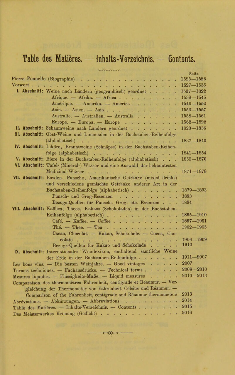 Table des Matteres. — Inhalts-Verzeichnis. — Gontents. Pierre Ponnelle (Biographie) Vorwort I. Abschnitt: Weine nach Ländern (geographisch) geordnet Afrique. — Afrika. — Africa Amerique. — Amerika. — America Asie. — Asien. — Asia Australie. — Australien. — Australia Europe. — Europa. — Europe II. Abschnitt: Schaumweine nach Ländern geordnet III. Abschnitt: Obst-Weine und Limonaden in der Buchstaben-Reihenfolge (alphabetisch) IV. Abschnitt: Liköre, Branntweine (Schnäpse) in der Buchstaben-Reihen- folge (alphabetisch) V. Abschnitt: Biere in der Buchstaben-Reihenfolge (alphabetisch) . . . VI. Abschnitt: Tafel- (Mineral-) Wässer und eine Auswahl der bekanntesten Medizinal-Wässer VII. Abschnitt: Bowlen, Punsche, Amerikanische Getränke (mixed drinks) und verschiedene gemischte Getränke anderer Art in der Buchstaben-Reihenfolge (alphabetisch) Punsch- und Grog-Essenzen Bezugs-Quellen für Punsch-, Grog- etc. Essenzen . . . Vtll. Abschnitt: Kaffees, Thees, Kakaos (Schokoladen) in der Buchstaben- Reihenfolge (alphabetisch) Cafe. — Kaffee. — Coffee The. — Thee. — Tea Cacao, Chocolat. — Kakao, Schokolade. — Cocoa, Cho- colate Bezugs-Quellen für Kakao und Schokolade IX. Abschnitt: Internationales Weinlexikon, enthaltend sämtliche Weine der Erde in der Buchstaben-Reihenfolge I.es bons vins. — Die besten Weinjahre. — Good vintages Termes techniques. — Fachausdrücke. — Technical terms Mesures liquides. — Flüssigkeits-Maße. — Liquid measures Comparaison des thermometres Fahrenheit, centigrade et Reaumur. — Ver- gleichung der Thermometer von Fahrenheit, Celsius und Reaumur. — Comparison of the Fahrenheit, centigrade and Reaumur thermometers Abreviations. — Abkürzungen. — Abbreviations Table des Matiöres. — Inhalts-Verzeichnis. — Contents Des Meisterwerkes Krönung (Gedicht) Seite 1525—1526 1527—1536 1537— 1822 1538— 1545 1546—1552 1553—1557 1558—1561 1562—1822 1823—1836 1837—1840 1841—1854 1855—1870 1871—1878 1879—1893 1893 1894 1895—1910 1897—1901 1902—1905 1906—1909 1910 1911—2007 2007 2008—2010 2010—2013 2013 2014 2015 2016