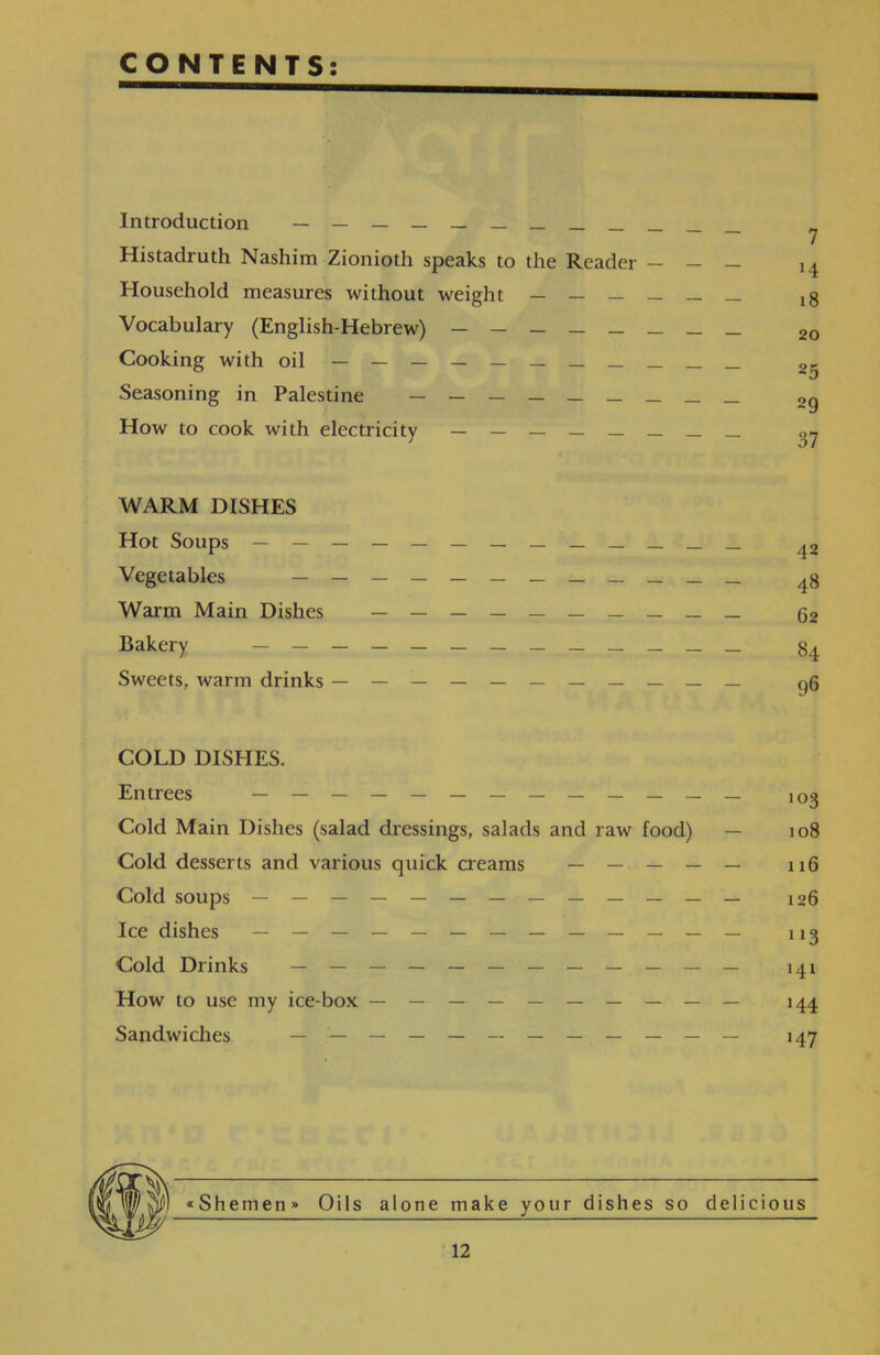 CONTENTS: Introduction — — — — — — — — Histadruth Nashim Zionioth speaks to the Reader — — — Household measures without weight — — — — — — Vocabulary (English-Hebrew) — — — Cooking with oil — — — — — — — ______ Seasoning in Palestine — — — — — How to cook with electricity — — — — WARM DISHES Hot Soups — — — — — — — — — ס ן Vegetables — — — — — — — 4g Warm Main Dishes — — — — — q2 Bakery g4 Sweets, warm drinks — — — — — — — — — — — 6״ COLD DISHES. Entrees - - !03 Cold Main Dishes (salad dressings, salads and raw food) — 108 Cold desserts and various quick creams — — — — — !!6 Cold soups — — — — — — — — — — — — — !26 Ice dishes — — — — — — — — — — — — — x!g Cold Drinks — — — — — — — — — — — — ! 4! How to use my ice-box — — — — — — — — — — 144 Sandwiches — — — — — — — — — — — — !47 Oils alone make your dishes so delicious