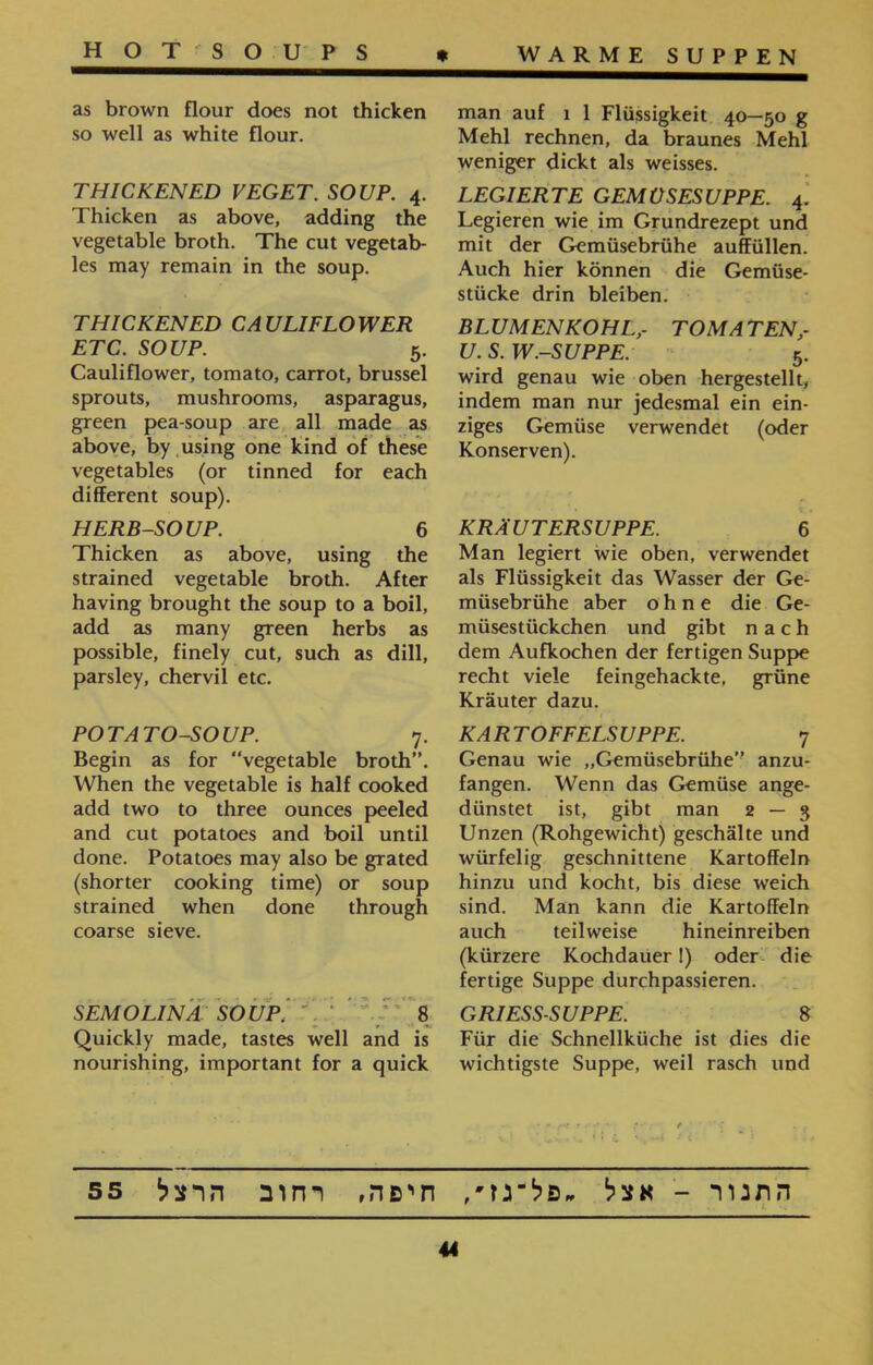 man auf 1 1 Flüssigkeit 40—50 g Mehl rechnen, da braunes Mehl weniger dickt als weisses. LEGIERTE GEMÜSESUPPE. 4. Legieren wie im Grundrezept und mit der Gemüsebrühe auffüllen. Auch hier können die Gemüse- stücke drin bleiben. BLUMENKOHL,- TOMATEN,. U. S. W.-SUPPE. 5. wird genau wie oben hergestellt, indem man nur jedesmal ein ein- ziges Gemüse verwendet (oder Konserven). KRÄUTERSUPPE. 6 Man legiert wie oben, verwendet als Flüssigkeit das Wasser der Ge- müsebrühe aber ohne die Ge- müsestückchen und gibt nach dem Aufkochen der fertigen Suppe recht viele feingehackte, grüne Kräuter dazu. KA R TOFFELS UPPE. 7 Genau wie ״Gemüsebrühe” anzu- fangen. Wenn das Gemüse ange- dünstet ist, gibt man 2 — 3 Unzen (Rohgewicht) geschälte und würfelig geschnittene Kartoffeln hinzu und kocht, bis diese weich sind. Man kann die Kartoffeln auch teilweise hineinreiben (kürzere Kochdauer!) oder die fertige Suppe durchpassieren. GRIESS-SUPPE. 8 Für die Schnellküche ist dies die wichtigste Suppe, weil rasch und as brown flour does not thicken so well as white flour. THICKENED VEGET. SOUP. 4. Thicken as above, adding the vegetable broth. The cut vegetab- les may remain in the soup. THICKENED CAULIFLOWER ETC. SOUP. 5. Cauliflower, tomato, carrot, brussel sprouts, mushrooms, asparagus, green pea-soup are all made as above, by using one kind of these vegetables (or tinned for each different soup). HERB-SOUP. 6 Thicken as above, using the strained vegetable broth. After having brought the soup to a boil, add as many green herbs as possible, finely cut, such as dill, parsley, chervil etc. POTATO-SOUP. 7. Begin as for “vegetable broth”. When the vegetable is half cooked add two to three ounces peeled and cut potatoes and boil until done. Potatoes may also be grated (shorter cooking time) or soup strained when done through coarse sieve. SEMOLINA SOUP. 8 Quickly made, tastes well and is nourishing, important for a quick התנור - אצל ״פל־גז״, חיפה, רחוב הרצל 55 44