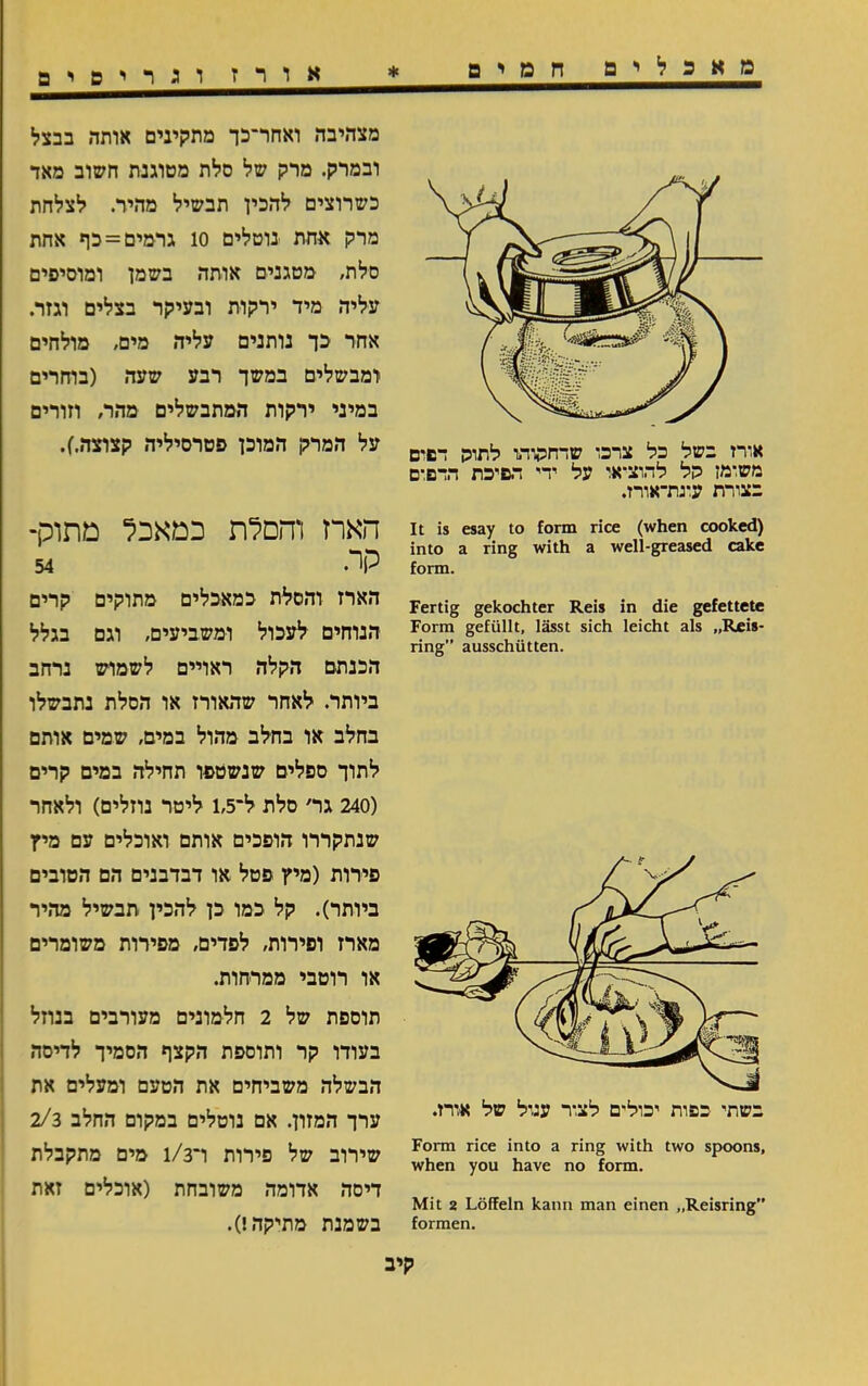 מאכלים חמים * It is esay to form rice (when cooked) into a ring with a well-greased cake form. Fertig gekochter Reis in die gefettete Form gefüllt, lässt sich leicht als ״Reis- ring” ausschütten. כשתי כפות יכולים לצור עגיל של אורז. Form rice into a ring with two spoons, when you have no form. Mit 2 Löffeln kann man einen ״Reisring” formen. אורז וגריסים מצהיבה ואחר־כך מתקיגים אותה בבצל ובמרק. מרק של סלת מטוגנת חשוב מאד כשרוצים להכין תבשיל מהיר. לצלחת מרק אחת נוטלים 10 גרמים=כף אחת סלת, מטגנים אותה בשמן ומוסיפים עליה מיד ירקות ובעיקר בצלים וגזר. אחר כך נותנים עליה מים, מולחים ומבשלים במשך רבע שעה (בוחרים במיני ירקות המתבשלים מהר, וזורים על המרק המוכן פטרסיליה קצוצה.). הארז והפלת כמאכל מתוק־ קר. 54 הארז והטלת כמאכלים מתוקים קרים הנוחים לעכול ומשביעים, וגם בגלל הכנתם הקלה ראויים לשמוש נרחב ביותר. לאחר שהאורז או הטלת נתבשלו בחלב או בחלב מהול במים, שמים אותם לתוך טפלים שנשטפו תחילה במים קרים (240 גר׳ טלת ל־1,5 ליטר נוזלים) ולאחר שנתקררו הופכים אותם ואוכלים עם מיץ פירות (מיץ פטל או דבדבנים הם הטובים ביותר). קל כמו כן להכין תבשיל מהיר מארז ופירות, לפדים, מפירות משומרים או רוטבי ממרחות. תוספת של 2 חלמונים מעורבים בנוזל בעודו קר ותוספת הקצף הסמיך לדיסה הבשלה משביחים את הטעם ומעלים את ערך המזון. אם נוטלים במקום החלב 2/3 שירוב של פירות ו־1/3 מים מתקבלת דיסה אדומה משובחת (אוכלים זאת בשמנת מתיקה!). קיב