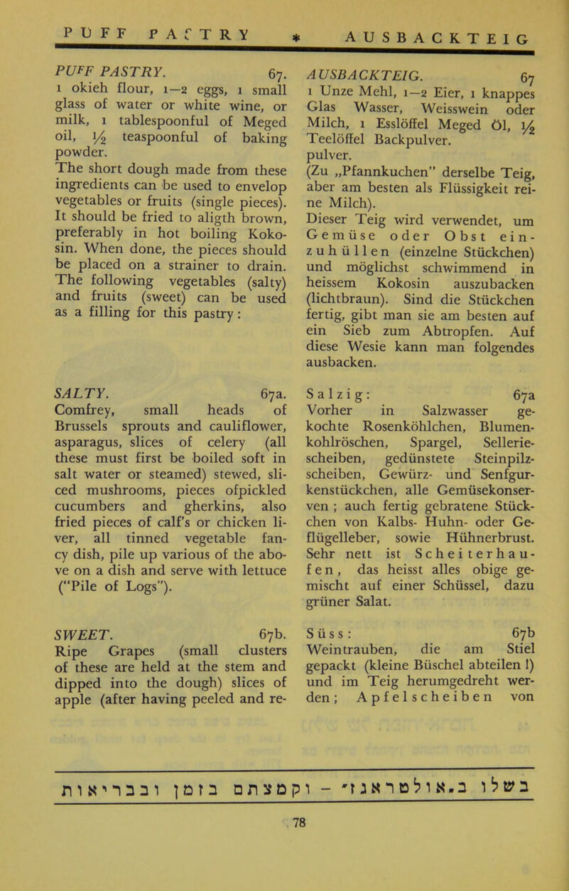 AUSBACKTEIG * PUFF PATTRY AUSBACKTEIG. 67 1 Unze Mehl, 1—2 Eier, 1 knappes Glas Wasser, Weisswein oder Milch, 1 Esslöffel Meged Öl, i/2 Teelöffel Backpulver, pulver. (Zu ״Pfannkuchen” derselbe Teig, aber am besten als Flüssigkeit rei- ne Milch). Dieser Teig wird verwendet, um Gemüse oder Obst ein- z u h ü 11 e n (einzelne Stückchen) und möglichst schwimmend in heissem Kokosin auszubacken (lichtbraun). Sind die Stückchen fertig, gibt man sie am besten auf ein Sieb zum Abtropfen. Auf diese Wesie kann man folgendes ausbacken. Salzig: 67a Vorher in Salzwasser ge- kochte Rosenköhlchen, Blumen- kohlröschen, Spargel, Sellerie- scheiben, gedünstete Steinpilz- scheiben, Gewürz- und Senfgur- kenstückchen, alle Gemüsekonser- ven ; auch fertig gebratene Stück- chen von Kalbs- Huhn- oder Ge- flügelieber, sowie Hühnerbrust. Sehr nett ist Scheiterhau- f e n , das heisst alles obige ge- mischt auf einer Schüssel, dazu grüner Salat. Süss: 67b Weintrauben, die am Stiel gepackt (kleine Büschel abteilen I) und im Teig herumgedreht wer- den; Apfelscheiben von PUFF PASTRY. 67. 1 okieh flour, 1—2 eggs, 1 small glass of water or white wine, or milk, 1 tablespoonful of Meged oil, 1/2 teaspoonful of baking powder. The short dough made from these ingredients can be used to envelop vegetables or fruits (single pieces). It should be fried to aligth brown, preferably in hot boiling Koko- sin. When done, the pieces should be placed on a strainer to drain. The following vegetables (salty) and fruits (sweet) can be used as a filling for this pastry: SALTY. 67a. Comfrey, small heads of Brussels sprouts and cauliflower, asparagus, slices of celery (all these must first be boiled soft in salt water or steamed) stewed, sli- ced mushrooms, pieces ofpickled cucumbers and gherkins, also fried pieces of calf’s or chicken li- ver, all tinned vegetable fan- cy dish, pile up various of the abo- ve on a dish and serve with lettuce (“Pile of Logs”). SWEET. 67b. Ripe Grapes (small clusters of these are held at the stem and dipped into the dough) slices of apple (after having peeled and re- בשלו ב״אולטראגז* - וקמצתם בזמן ובבריאות 78