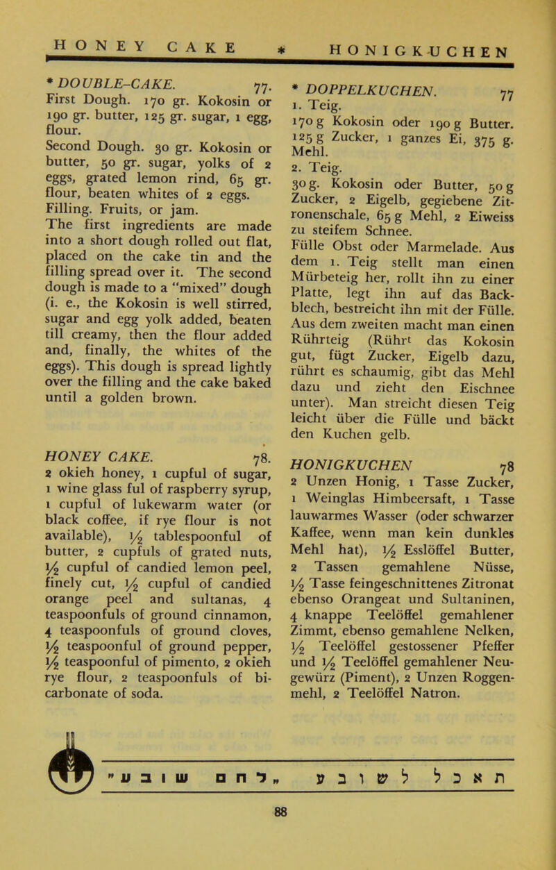 HONIGKUCHEN ★ HONEY CAKE * DOPPELKUCHEN. 77־ rr-1 • » » 1• Te1g• 170 g Kokosin oder 190 g Butter. 125 g Zucker, 1 ganzes Ei, 375 g. Mehl. 2. Teig. 30 g. Kokosin oder Butter, 50 g Zucker, 2 Eigelb, gegiebene Zit- ronenschale, 65 g Mehl, 2 Eiweiss zu steifem Schnee. Fülle Obst oder Marmelade. Aus dem 1. Teig stellt man einen Mürbeteig her, rollt ihn zu einer Platte, legt ihn auf das Back- blech, bestreicht ihn mit der Fülle. Aus dem zweiten macht man einen Rührteig (Rührt das Kokosin gut, fügt Zucker, Eigelb dazu, rührt es schaumig, gibt das Mehl dazu und zieht den Eischnee unter). Man streicht diesen Teig leicht über die Fülle und bäckt den Kuchen gelb. HONIGKUCHEN 78 2 Unzen Honig, 1 Tasse Zucker, 1 Weinglas Himbeersaft, 1 Tasse lauwarmes Wasser (oder schwarzer Kaffee, wenn man kein dunkles Mehl hat), 1/2 Esslöffel Butter, 2 Tassen gemahlene Nüsse, 1/2 Tasse feingeschnittenes Zitronat ebenso Orangeat und Sultaninen, 4 knappe Teelöffel gemahlener Zimmt, ebenso gemahlene Nelken, 1/2 Teelöffel gestossener Pfeffer und 1/2 Teelöffel gemahlener Neu- gewürz (Piment), 2 Unzen Roggen- mehl, 2 Teelöffel Natron. #DOUBLE-CAKE. 77. First Dough. 170 gr. Kokosin or 190 gr. butter, 125 gr. sugar, 1 egg, flour. Second Dough. 30 gr. Kokosin or butter, 50 gr. sugar, yolks of 2 eggs, grated lemon rind, 65 gr. flour, beaten whites of 2 eggs. Filling. Fruits, or jam. The first ingredients are made into a short dough rolled out flat, placed on the cake tin and the filling spread over it. The second dough is made to a “mixed” dough (i. e., the Kokosin is well stirred, sugar and egg yolk added, beaten till creamy, then the flour added and, finally, the whites of the eggs). This dough is spread lightly over the filling and the cake baked until a golden brown. HONEY CAKE. 78. 2 okieh honey, 1 cupful of sugar, 1 wine glass ful of raspberry syrup, 1 cupful of lukewarm water (or black coffee, if rye flour is not available), 1/2 tablespoonful of butter, 2 cupfuls of grated nuts, 1/2 cupful of candied lemon peel, finely cut, 1/2 cupful of candied orange peel and sultanas, 4 teaspoonfuls of ground cinnamon, 4 teaspoonfuls of ground cloves, 1/2 teaspoonful of ground pepper, 1/2 teaspoonful of pimento, 2 okieh rye flour, 2 teaspoonfuls of bi- carbonate of soda. תאכל לשובע לח□ שובע 88