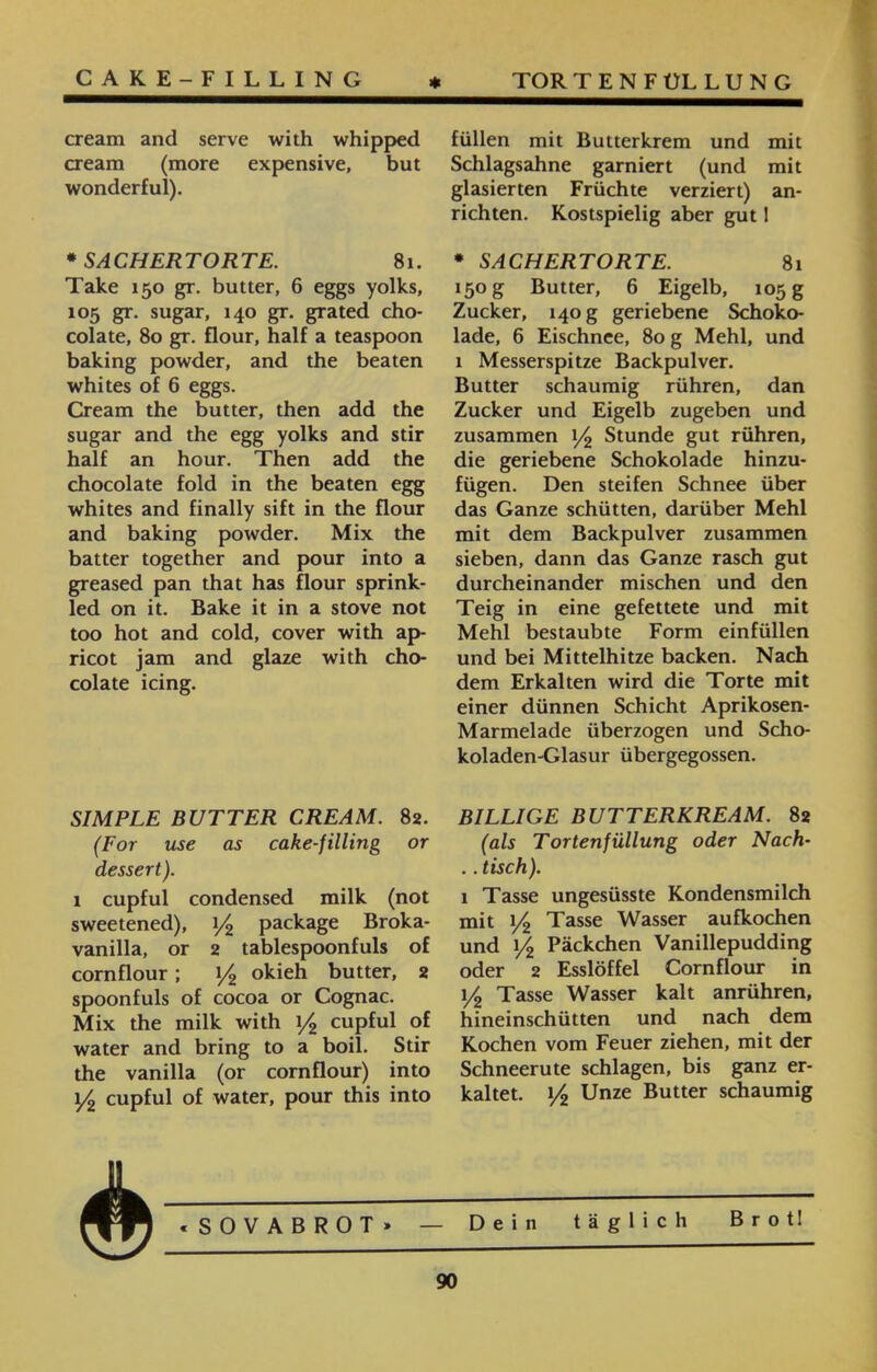 CAKE-FILLING * TOR TENFÜLLUNG füllen mit Butterkrem und mit Schlagsahne garniert (und mit glasierten Früchte verziert) an- richten. Kostspielig aber gut 1 * SACHERTORTE. 81 150 g Butter, 6 Eigelb, 105 g Zucker, 140 g geriebene Schoko- lade, 6 Eischnee, 80 g Mehl, und 1 Messerspitze Backpulver. Butter schaumig rühren, dan Zucker und Eigelb zugeben und zusammen i/2 Stunde gut rühren, die geriebene Schokolade hinzu- fügen. Den steifen Schnee über das Ganze schütten, darüber Mehl mit dem Backpulver zusammen sieben, dann das Ganze rasch gut durcheinander mischen und den Teig in eine gefettete und mit Mehl bestaubte Form einfüllen und bei Mittelhitze backen. Nach dem Erkalten wird die Torte mit einer dünnen Schicht Aprikosen- Marmelade überzogen und Scho- koladen-Glasur übergegossen. BILLIGE BUTTERKREAM. 82 (als Tortenfüllung oder Nach• .. tisch). 1 Tasse ungesüsste Kondensmilch mit 1/2 Tasse Wasser aufkochen und 1/2 Päckchen Vanillepudding oder 2 Esslöffel Cornflour in 1/2 Tasse Wasser kalt anrühren, hineinschütten und nach dem Kochen vom Feuer ziehen, mit der Schneerute schlagen, bis ganz er- kältet. 1/2 Unze Butter schaumig Dein täglich Brot! cream and serve with whipped cream (more expensive, but wonderful). *SACHERTORTE. 81. Take 150 gr. butter, 6 eggs yolks, 105 gr. sugar, 140 gr. grated cho- colate, 80 gr. flour, half a teaspoon baking powder, and the beaten whites of 6 eggs. Cream the butter, then add the sugar and the egg yolks and stir half an hour. Then add the chocolate fold in the beaten egg whites and finally sift in the flour and baking powder. Mix the batter together and pour into a greased pan that has flour sprink- led on it. Bake it in a stove not too hot and cold, cover with ap- ricot jam and glaze with cho- colate icing. SIMPLE BUTTER CREAM. 82. (For use as cake-filling or dessert). 1 cupful condensed milk (not sweetened), 1/2 package Broka- vanilla, or 2 tablespoonfuls of cornflour ; i/2 okieh butter, 2 spoonfuls of cocoa or Cognac. Mix the milk with 1/2 cupful of water and bring to a boil. Stir the vanilla (or cornflour) into 1/2 cupful of water, pour this into 90