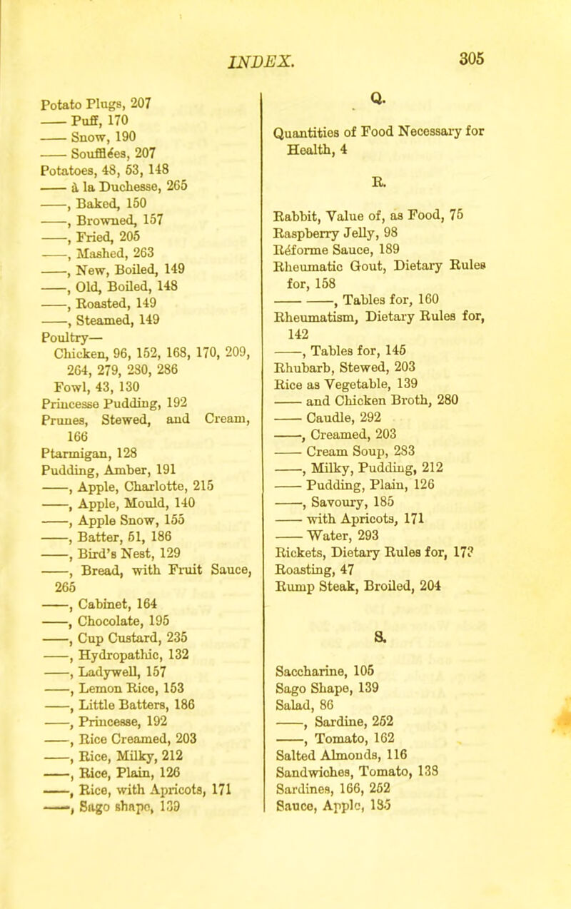 Potato Pings, 207 Puff, 170 Snow, 190 SoufB^es, 207 Potatoes, 48, 63, 148 3. la Ducliesse, 265 , Bailed, 150 , Browned, 157 , Fried, 205 , Mashed, 263 , New, Boiled, 149 , Old, Boiled, 148 , Boasted, 149 , Steamed, 149 Poultry— Chicken, 96, 152, 168, 170, 209, 264, 279, 280, 286 Fowl, 43, 130 Princesse Pudding, 192 Prunes, Stewed, and Cream, 166 Ptarmigan, 128 Pudding, Amber, 191 , Apple, Charlotte, 215 , Apple, Mould, 140 , Apple Snow, 155 , Batter, 61, 186 , Bird’s Nest, 129 , Bread, with Finit Sauce, 265 , Cabinet, 164 , Chocolate, 195 , Cup Custard, 235 , Hydropathic, 132 , LadyweU, 157 , Lemon Bice, 153 , Little Batters, 186 , Princesse, 192 , Bice Creamed, 203 , Bice, Milky, 212 , Bice, Plain, 126 , Bice, with Apricots, 171 —*, Sligo shape, 139 Q. Quantities of Food Necessary for Health, 4 B. Babbit, Value of, as Food, 76 Baspberry JeUy, 98 B^forme Sauce, 189 Bheumatic Gout, Dietary Buies for, 158 , Tables for, 160 Bheumatism, Dietaiy Buies for, 142 , Tables for, 146 Bhubarb, Stewed, 203 Bice as Vegetable, 139 and Chicken Broth, 280 Caudle, 292 , Creamed, 203 Cream Soup, 283 , Milky, Pudding, 212 Pudding, Plain, 126 , Savoury, 185 with Apricots, 171 Water, 293 Bickets, Dietary Buies for, 17? Boasting, 47 Bump Steak, Broiled, 204 a Saccharine, 106 Sago Shape, 139 Salad, 86 , Sardine, 262 , Tomato, 162 Salted Almonds, 116 Sandwiches, Tomato, 133 Sardines, 166, 262 Sauce, Apple, 135