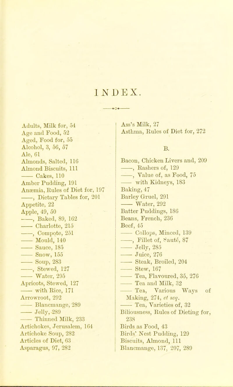 INDEX. Adults, Milk for, 54 Age and Food, 52 Aged, Food for, 55 Alcohol, 3, 56, 57 Ale, 61 Almonds, Salted, 116 Almond Biscuits, 111 Cakes, 110 Amber Pudding, 191 Autemia, Eules of Diet for, 197 , Dietaiy Tables for, 201 Appetite, 22 Apple, 49, 50 , Baked, 89, 162 Charlotte, 215 , Compote, 251 • Mould, 140 Sauce, 185 Snow, 155 Soup, 283 , Stewed, 127 'Water, 295 Apricots, Stewed, 127 with Eice, 171 AiTowroot, 292 Blancmange, 289 Jelly,-289 Thinned Milk, 233 Artichokes, Jenisalem, 164 Artichoke Soup, 282 Articles of Diet, 63 Asparagus, 97, 282 I Ass’s Milk, 27 Asthma, Eules of Diet for, 272 B. Bacon, Chicken Livers and, 209 ■, Eashers of, 129 i , Value of, as Food, 75 ' with Kidneys, 183 Baking, 47 Barley Gruel, 291 Water, 292 j Batter Puddings, 186 Beans, French, 236 Beef, 45 Collops, Minced, 139 , Fillet of. Saute, 87 Jelly, 285 Juice, 276 Steak, Broiled, 204 Stew, 167 Tea, Flavoured, 35, 276 Tea and Milk, 32 Tea, Various Ways of Making, 274, ct scq. Tea, Varieties of, 32 Biliousness, Eules of Dieting for, 238 Birds as Food, 43 Birds' Nest Pudding, 129 I Biscuits, Almond, 111 I Blancmange, 137, 207, 289