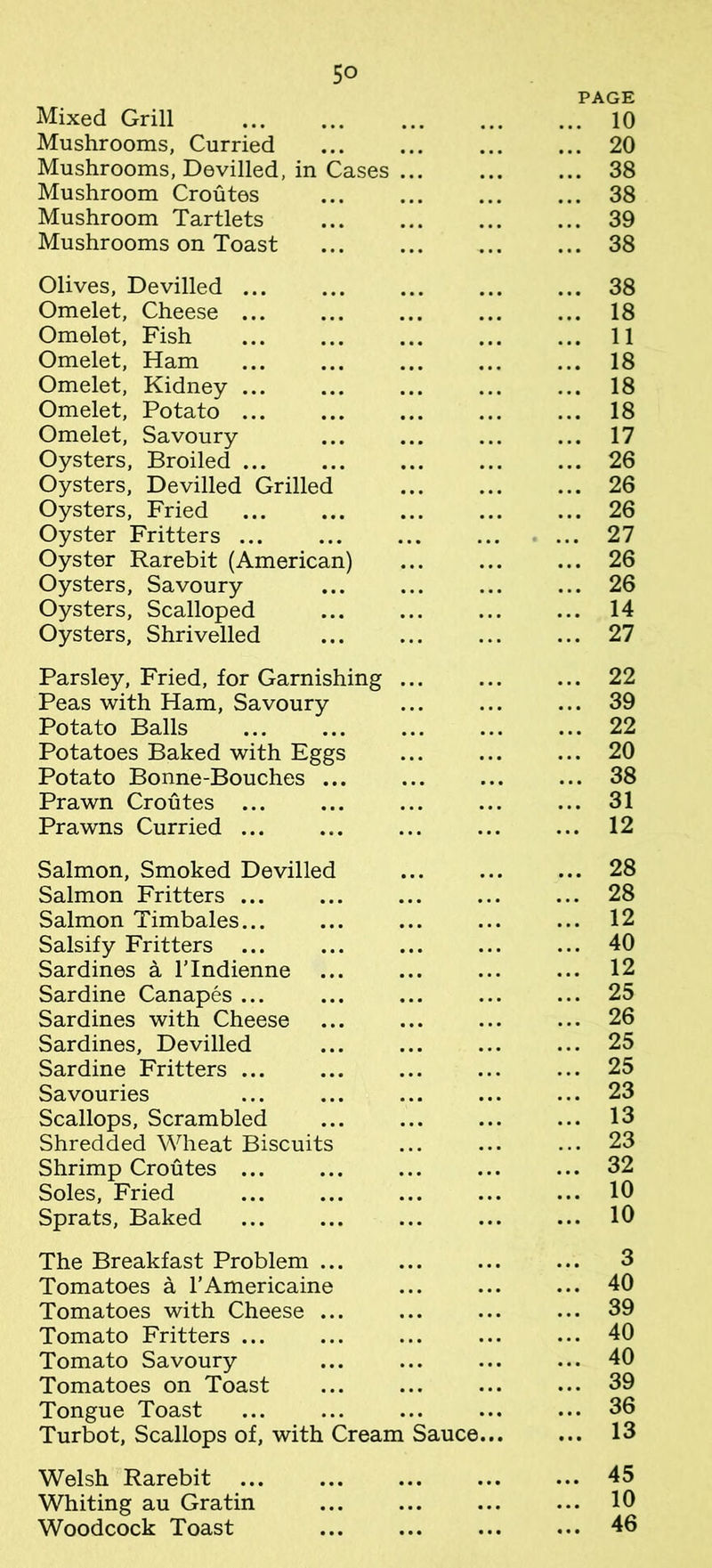 Mixed Grill PAGE ... 10 Mushrooms, Curried ... 20 Mushrooms, Devilled, in Cases ... 38 Mushroom Croutes ... 38 Mushroom Tartlets ... 39 Mushrooms on Toast ... 38 Olives, Devilled ... ... 38 Omelet, Cheese ... ... 18 Omelet, Fish ... 11 Omelet, Ham ... 18 Omelet, Kidney ... ... 18 Omelet, Potato ... ... 18 Omelet, Savoury ... 17 Oysters, Broiled ... ... 26 Oysters, Devilled Grilled ... 26 Oysters, Fried ... 26 Oyster Fritters ... ... 27 Oyster Rarebit (American) ... 26 Oysters, Savoury ... 26 Oysters, Scalloped ... 14 Oysters, Shrivelled ... 27 Parsley, Fried, for Garnishing ... 22 Peas with Ham, Savoury ... 39 Potato Balls ... 22 Potatoes Baked with Eggs ... 20 Potato Bonne-Bouches ... ... 38 Prawn Croutes ... ... 31 Prawns Curried ... ... 12 Salmon, Smoked Devilled ... 28 Salmon Fritters ... ... 28 Salmon Timbales... ... 12 Salsify Fritters ... 40 Sardines a l'lndienne ... ... 12 Sardine Canapes ... ... 25 Sardines with Cheese ... 26 Sardines, Devilled ... 25 Sardine Fritters ... ... 25 Savouries ... 23 Scallops, Scrambled ... 13 Shredded Wheat Biscuits ... 23 Shrimp Croutes ... ... 32 Soles, Fried ... 10 Sprats, Baked ... 10 The Breakfast Problem ... 3 Tomatoes a l’Americaine ... 40 Tomatoes with Cheese ... ... 39 Tomato Fritters ... ... 40 Tomato Savoury ... 40 Tomatoes on Toast ... 39 Tongue Toast ... 36 Turbot, Scallops of, with Cream Sauce... ... 13 Welsh Rarebit ... ... 45 Whiting au Gratin ... 10 Woodcock Toast ... 46